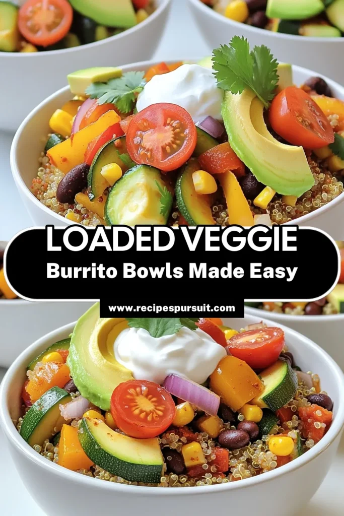 Looking for a delicious and healthy meal idea? Try these Loaded Veggie Burrito Bowls! Packed with quinoa, black beans, and vibrant veggies, this recipe is perfect for meal prep or a quick dinner. Top with creamy avocado and fresh cilantro for the ultimate flavor boost. Click through for the full recipe and enjoy a nutritious feast that everyone will love! #VeggieBurritoBowls #HealthyEating #MeatlessMeals #QuinoaRecipes