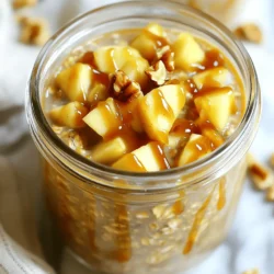 - 1 cup rolled oats - 1 ½ cups unsweetened almond milk (or milk of choice) - 1 medium apple, peeled, cored, and diced - 2 tablespoons caramel sauce (store-bought or homemade) - 1 tablespoon maple syrup (optional, for sweetness) - 1 teaspoon ground cinnamon - ½ teaspoon vanilla extract - ¼ cup Greek yogurt (optional, for creaminess) - Chopped nuts (walnuts or pecans) for topping - Additional caramel sauce for drizzling on top Gathering the right ingredients is key. I love using rolled oats because they soak up the flavors well. Almond milk works great, but any milk you prefer is fine too. For sweetness, I usually add caramel sauce and maple syrup. If you want more flavor, cinnamon and vanilla are must-haves. Don't forget the apple! A fresh, chopped apple gives the oats a nice crunch. Greek yogurt adds creaminess, but you can skip it if you want. Toppings like chopped nuts make each bite special, and a drizzle of caramel sauce on top is the perfect finish. This simple list of ingredients makes for a tasty breakfast treat. You can customize it to your liking, making it fun to experiment. Start with this base and let your creativity shine! - In a large bowl, combine 1 cup of rolled oats with 1 ½ cups of almond milk. - Stir well to ensure all oats are soaked. - Add 1 diced apple, 2 tablespoons of caramel sauce, 1 tablespoon of maple syrup, 1 teaspoon of ground cinnamon, ½ teaspoon of vanilla extract, and ¼ cup of Greek yogurt if you want extra creaminess. - Mix everything until it is well blended. - Divide the mixture into two jars or airtight containers. - Seal the jars and place them in the fridge overnight. This helps the oats soften and absorb flavors. - In the morning, take the jars out and stir the oats well. - If the mixture feels too thick, add a splash of almond milk to make it creamy. - Top your oats with chopped nuts and an extra drizzle of caramel sauce for a sweet finish. - Make sure your oats are fully submerged in the milk. This helps them soften well overnight. - You can adjust the sweetness with maple syrup. A little goes a long way, so add as needed. - Try using different types of apples. Granny Smith gives a tart bite, while Fuji adds sweetness. - Experiment with toppings like chopped nuts, seeds, or dried fruits. Each adds a new flavor and crunch. {{image_2}} You can switch things up with different types of milk. Try cow's milk or oat milk. Each will give a unique taste. You can also swap Greek yogurt for dairy-free options. Coconut yogurt works well for a creamy texture. For extra spice, add nutmeg or ginger. Just a pinch can change the flavor. If you love chocolate, toss in some chocolate chips. Dried cranberries can also add a nice chewiness. These small additions can make your oats even more delightful. You can keep leftover caramel apple pie overnight oats in the fridge for up to three days. Use airtight containers to keep them fresh. I recommend glass jars for storing. They help you see the oats and keep flavors intact. Plastic containers work too, but glass is best. You can prepare these oats ahead for busy mornings. Just make the oats the night before and let them soak. If you want to store them longer, you can freeze them. To freeze, divide the mixture into jars, seal them well, and place them in the freezer. When you're ready to eat, move a jar to the fridge the night before. Let it thaw overnight, and it will be ready in the morning. Overnight oats last up to three days in the fridge. Store them in airtight containers to keep them fresh. I suggest using glass jars. They help you see the oats and look nice, too. If you notice any changes in smell or texture, it’s best to throw them out. You can use quick oats, but they change the texture. Quick oats soak up liquid faster, making the dish mushy. Rolled oats give a nice chewy bite. For the best taste, stick to rolled oats when making caramel apple pie overnight oats. To make this recipe vegan, swap Greek yogurt for a plant-based option. Use almond milk or any non-dairy milk. You can also use maple syrup as your sweetener. This way, you keep all the flavor without any animal products. Enjoy your delicious vegan caramel apple pie overnight oats! This blog post covered delicious overnight oats. We looked at ingredients, step-by-step prep, and storage tips. You can customize flavors and adjust sweetness to fit your taste. Remember, these oats are easy to make ahead for busy mornings. They last for three days, making them a perfect choice for quick breakfasts. Enjoy experimenting with different fruits and toppings for variety. This simple dish is healthy and flexible, so get creative and make it your own!
