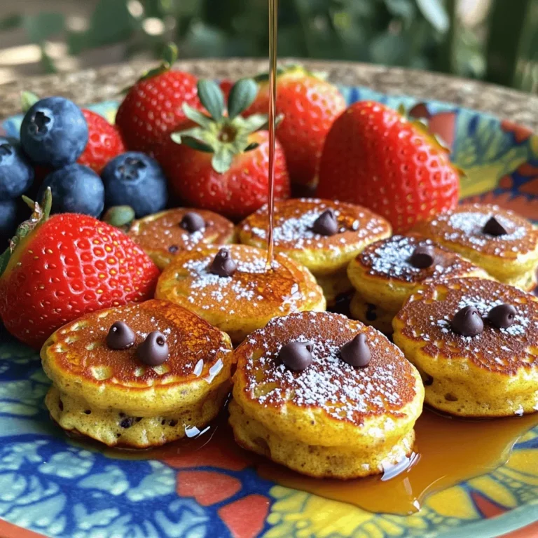 - 1 cup rolled oats - 1 scoop chocolate protein powder - 1 ripe banana, mashed - 1/2 cup Greek yogurt - 2 eggs - 1 teaspoon baking powder - 1 teaspoon vanilla extract - A pinch of salt - 1/4 cup mini chocolate chips - Cooking spray or coconut oil To make these high-protein chocolate chip pancake bites, you need simple ingredients. Start with rolled oats and chocolate protein powder for a healthy base. The ripe banana adds natural sweetness and moisture. Greek yogurt gives a creamy texture and boosts protein. Eggs bind everything together for a perfect bite. For baking, you will need baking powder, vanilla extract, and a pinch of salt to enhance flavors. Mini chocolate chips are optional but very tasty. You can use cooking spray or coconut oil to grease your muffin pan. Gather these ingredients, and you are ready to whip up a delicious batch of pancake bites that everyone will love! - Preheat oven to 350°F (175°C). - Grease mini muffin pan with cooking spray or coconut oil. - In a large bowl, combine: - 1 cup rolled oats - 1 scoop chocolate protein powder - 1 teaspoon baking powder - A pinch of salt - Stir until well mixed. - In another bowl, beat 2 eggs. - Add 1 ripe banana, mashed, and 1/2 cup Greek yogurt. - Add 1 teaspoon vanilla extract. - Mix until smooth. - Pour wet ingredients into dry ingredients. - Stir until just combined. - Gently fold in 1/4 cup mini chocolate chips. - Spoon batter into muffin pan, filling each cup about 2/3 full. - Bake for 12-15 minutes, until puffed. - Cool in the pan for a few minutes. - Transfer pancake bites to a wire rack to cool completely. - Use a mini muffin pan for perfect bite-sized pieces. - Ensure ingredients are at room temperature for better mixing. These tips help you create the best pancake bites. A mini muffin pan makes them just the right size. You get a nice crisp outside and a soft inside. Room temperature ingredients mix better. They blend more smoothly, which leads to great texture. - Drizzle with maple syrup or dust with powdered sugar. - Garnish with fresh fruits like strawberries or blueberries. Serving these pancake bites is fun! A drizzle of maple syrup adds sweetness. A light dusting of powdered sugar makes them look fancy. Fresh fruits like strawberries or blueberries add color and flavor. They also make your plate more exciting. - Add nuts or seeds for an extra protein boost. - Substitute Greek yogurt with plant-based yogurt for a vegan version. To make these bites even healthier, consider adding nuts or seeds. They give extra protein and a nice crunch. If you're vegan, use plant-based yogurt instead of Greek yogurt. This swap still keeps the bites creamy and delicious. {{image_2}} You can change the flavor of your pancake bites easily. Instead of chocolate protein powder, try using vanilla or peanut butter flavor. This switch brings a new taste to your bites. You can also add spices like cinnamon or nutmeg. These spices add warmth and depth to the flavor. A pinch of spice can really enhance your pancake bites. If you're following a gluten-free diet, use certified gluten-free oats. They keep the bites safe for you. For a dairy-free option, simply leave out the Greek yogurt. You can replace it with a plant-based yogurt. This keeps the recipe friendly for everyone. You might want your pancake bites a bit sweeter. Adding honey or maple syrup to the batter does the trick. This extra touch can make them even more delicious. If you prefer less sugar, choose dark chocolate chips instead. They give a rich flavor without adding too much sweetness. Store your High-Protein Chocolate Chip Pancake Bites in an airtight container. They will stay fresh at room temperature for up to three days. This means you can enjoy them for breakfast or a snack without hassle. For longer storage, refrigerate the pancake bites. They will last for up to one week in the fridge. If you want to keep them even longer, freeze them. They can stay in the freezer for up to three months. Just make sure to use a freezer-safe container or bag to keep them fresh. When you're ready to enjoy your pancake bites, you can reheat them easily. For a quick snack, pop them in the microwave for about 30 seconds. If you want them warm and a bit crispy, bake them in the oven at 350°F for 5-10 minutes. This will bring back their fluffy texture, making them taste fresh again. Yes, you can prepare these pancake bites and store them for later. They keep well in an airtight container. You can enjoy them for breakfast or a snack anytime. The pancake bites should be puffed up. You can test them by inserting a toothpick in the center. If it comes out clean, they are ready. Yes, you can use different protein powders based on your taste. Options include vanilla, peanut butter, or plant-based protein. Experiment with flavors to find your favorite. To make the pancake bites denser, add half a cup of rolled oats. You can also mix in a scoop of nut butter for a richer texture. Both options will give you a heartier bite. This blog post shared a simple recipe for tasty pancake bites. We covered the key ingredients, step-by-step cooking instructions, and great tips for serving and storing. You can customize them with different flavors or dietary options. These bites are quick to prep and perfect for any meal. Try making them ahead for busy mornings. Share them with friends and enjoy together. Now, you can whip up these delightful treats and impress everyone!