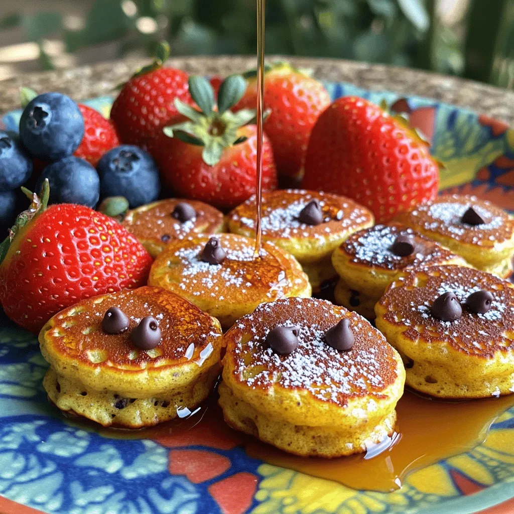 - 1 cup rolled oats - 1 scoop chocolate protein powder - 1 ripe banana, mashed - 1/2 cup Greek yogurt - 2 eggs - 1 teaspoon baking powder - 1 teaspoon vanilla extract - A pinch of salt - 1/4 cup mini chocolate chips - Cooking spray or coconut oil To make these high-protein chocolate chip pancake bites, you need simple ingredients. Start with rolled oats and chocolate protein powder for a healthy base. The ripe banana adds natural sweetness and moisture. Greek yogurt gives a creamy texture and boosts protein. Eggs bind everything together for a perfect bite. For baking, you will need baking powder, vanilla extract, and a pinch of salt to enhance flavors. Mini chocolate chips are optional but very tasty. You can use cooking spray or coconut oil to grease your muffin pan. Gather these ingredients, and you are ready to whip up a delicious batch of pancake bites that everyone will love! - Preheat oven to 350°F (175°C). - Grease mini muffin pan with cooking spray or coconut oil. - In a large bowl, combine: - 1 cup rolled oats - 1 scoop chocolate protein powder - 1 teaspoon baking powder - A pinch of salt - Stir until well mixed. - In another bowl, beat 2 eggs. - Add 1 ripe banana, mashed, and 1/2 cup Greek yogurt. - Add 1 teaspoon vanilla extract. - Mix until smooth. - Pour wet ingredients into dry ingredients. - Stir until just combined. - Gently fold in 1/4 cup mini chocolate chips. - Spoon batter into muffin pan, filling each cup about 2/3 full. - Bake for 12-15 minutes, until puffed. - Cool in the pan for a few minutes. - Transfer pancake bites to a wire rack to cool completely. - Use a mini muffin pan for perfect bite-sized pieces. - Ensure ingredients are at room temperature for better mixing. These tips help you create the best pancake bites. A mini muffin pan makes them just the right size. You get a nice crisp outside and a soft inside. Room temperature ingredients mix better. They blend more smoothly, which leads to great texture. - Drizzle with maple syrup or dust with powdered sugar. - Garnish with fresh fruits like strawberries or blueberries. Serving these pancake bites is fun! A drizzle of maple syrup adds sweetness. A light dusting of powdered sugar makes them look fancy. Fresh fruits like strawberries or blueberries add color and flavor. They also make your plate more exciting. - Add nuts or seeds for an extra protein boost. - Substitute Greek yogurt with plant-based yogurt for a vegan version. To make these bites even healthier, consider adding nuts or seeds. They give extra protein and a nice crunch. If you're vegan, use plant-based yogurt instead of Greek yogurt. This swap still keeps the bites creamy and delicious. {{image_2}} You can change the flavor of your pancake bites easily. Instead of chocolate protein powder, try using vanilla or peanut butter flavor. This switch brings a new taste to your bites. You can also add spices like cinnamon or nutmeg. These spices add warmth and depth to the flavor. A pinch of spice can really enhance your pancake bites. If you're following a gluten-free diet, use certified gluten-free oats. They keep the bites safe for you. For a dairy-free option, simply leave out the Greek yogurt. You can replace it with a plant-based yogurt. This keeps the recipe friendly for everyone. You might want your pancake bites a bit sweeter. Adding honey or maple syrup to the batter does the trick. This extra touch can make them even more delicious. If you prefer less sugar, choose dark chocolate chips instead. They give a rich flavor without adding too much sweetness. Store your High-Protein Chocolate Chip Pancake Bites in an airtight container. They will stay fresh at room temperature for up to three days. This means you can enjoy them for breakfast or a snack without hassle. For longer storage, refrigerate the pancake bites. They will last for up to one week in the fridge. If you want to keep them even longer, freeze them. They can stay in the freezer for up to three months. Just make sure to use a freezer-safe container or bag to keep them fresh. When you're ready to enjoy your pancake bites, you can reheat them easily. For a quick snack, pop them in the microwave for about 30 seconds. If you want them warm and a bit crispy, bake them in the oven at 350°F for 5-10 minutes. This will bring back their fluffy texture, making them taste fresh again. Yes, you can prepare these pancake bites and store them for later. They keep well in an airtight container. You can enjoy them for breakfast or a snack anytime. The pancake bites should be puffed up. You can test them by inserting a toothpick in the center. If it comes out clean, they are ready. Yes, you can use different protein powders based on your taste. Options include vanilla, peanut butter, or plant-based protein. Experiment with flavors to find your favorite. To make the pancake bites denser, add half a cup of rolled oats. You can also mix in a scoop of nut butter for a richer texture. Both options will give you a heartier bite. This blog post shared a simple recipe for tasty pancake bites. We covered the key ingredients, step-by-step cooking instructions, and great tips for serving and storing. You can customize them with different flavors or dietary options. These bites are quick to prep and perfect for any meal. Try making them ahead for busy mornings. Share them with friends and enjoy together. Now, you can whip up these delightful treats and impress everyone!