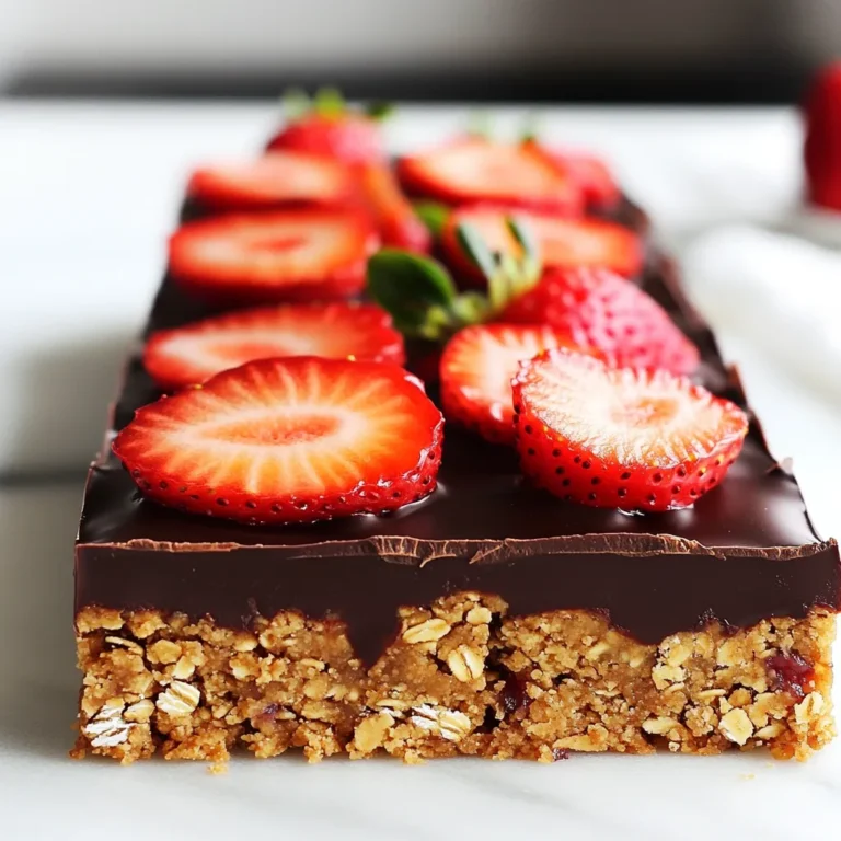 To make these tasty no-bake chocolate-covered strawberry bars, you will need: - 1 ½ cups rolled oats - ½ cup almond butter - ¼ cup honey or maple syrup - 1 teaspoon vanilla extract - 1 cup fresh strawberries, hulled and chopped - ½ cup dark chocolate chips - 2 tablespoons coconut oil - A pinch of sea salt For a fun touch, you can add: - Additional fresh strawberries for garnish You can swap out some ingredients if needed: - Use peanut butter instead of almond butter for a different taste. - Maple syrup works great if you want a vegan option. - If you don't have dark chocolate chips, milk chocolate chips will work too. - Rolled oats can be replaced with quick oats, but the texture will change. First, gather your ingredients. You will need rolled oats, almond butter, honey or maple syrup, and vanilla extract. In a large bowl, mix the rolled oats and almond butter. Add the honey or maple syrup and vanilla extract. Stir until it forms a sticky dough. Next, gently fold in the chopped strawberries. Be careful not to mash them. This mixture will form the base of your bars. Now, let's melt the chocolate. Take dark chocolate chips and coconut oil in a microwave-safe bowl. Heat them in 30-second intervals. Stir after each round until smooth. This way, you avoid burning the chocolate. The melted chocolate should be shiny and creamy. This will coat your bars perfectly. Get an 8x8 inch baking dish and line it with parchment paper. Leave some paper overhanging for easy lifting later. Press the oat mixture into the dish evenly. Use the back of a spatula to smooth it out. Pour the melted chocolate over the oat layer. Spread it evenly to cover all the oats. Finally, place the dish in the fridge. Let it chill for at least one hour. When the chocolate has set, lift the bars out and cut them into squares or rectangles. If you like, add fresh strawberries on top for a nice touch. To get the right texture, use fresh ingredients. Rolled oats must be fine but not powdery. Almond butter adds creaminess and richness. Make sure your honey or maple syrup is sticky. This helps bind everything together. Fold in the strawberries gently. You want them to stay whole for great bites. Melting chocolate can be tricky. Use a microwave-safe bowl. Heat in 30-second bursts to avoid burning. Stir after each burst until it’s smooth. Adding coconut oil helps make the chocolate shiny. This also makes it easy to spread. If the chocolate gets too thick, add a little more coconut oil. After chilling, lift the bars out using parchment paper. Use a sharp knife for clean cuts. If the bars feel soft, let them chill longer. Store them in an airtight container in the fridge. They stay fresh for about a week. For longer storage, freeze them in a safe bag. Just thaw before serving. {{image_2}} You can switch up the flavors in these bars easily. Try using peanut butter instead of almond butter for a nutty twist. This change adds a rich and creamy taste. You can also use different fruits. Chopped bananas or blueberries work well too. They give a fresh, fruity flavor. For a tropical vibe, add dried coconut flakes to the oat mixture. Adding nuts or seeds gives your bars crunch and protein. Try mixing in chopped walnuts or almonds for a nice crunch. You could also add sunflower seeds or pumpkin seeds for extra nutrition. Just fold them into the mixture along with the strawberries. This will give each bite a delightful texture. Making these bars vegan and gluten-free is simple. Use maple syrup instead of honey for a vegan option. For gluten-free bars, make sure your oats are labeled gluten-free. This way, everyone can enjoy the treat without worry. You can also use dark chocolate that is dairy-free. This ensures that the bars fit many diets while still being delicious. To keep your no-bake chocolate covered strawberry bars fresh, store them in the fridge. Use an airtight container for best results. This helps to prevent the bars from drying out. Keep them away from strong-smelling foods to avoid flavor changes. If you want to keep them closer to room temperature, they can sit out for a short time, but they taste best cold. These delicious bars can last up to one week in the fridge. After that, they may lose their flavor and freshness. If you notice any changes in texture or smell, it’s best to toss them. Always check for mold or off-flavors before eating. Proper storage helps maintain their taste and quality for as long as possible. You can freeze these bars for longer storage. Wrap each bar tightly in plastic wrap. Then, place them in a freezer-safe bag or container. They can stay frozen for up to three months. When you want to enjoy them, simply thaw them in the fridge overnight. Avoid thawing at room temperature, as this can affect the texture. Yes, you can use peanut butter instead of almond butter. Both add creaminess and flavor. Peanut butter will give the bars a unique taste. It also has a similar texture, so it works well in this recipe. The chocolate is ready when it is smooth and shiny. Stir it well after each 30-second interval. If you see any lumps, keep stirring. This helps the chocolate melt evenly. Be careful not to overheat it, as burnt chocolate can taste bitter. Frozen strawberries work, but they may change the texture. Thaw and drain them first. This helps remove excess water. Fresh strawberries give a firmer bite and brighter taste. If you use frozen, make sure to chop them small. This way, they blend well into the oat mixture. You learned about key ingredients and optional garnishes for no-bake bars. We covered step-by-step instructions for preparing the oat mixture, melting chocolate, and assembling the bars. I shared useful tips for achieving perfect texture, along with storage advice and variations for added flavor. No-bake bars offer a fun, easy treat you can customize. With simple swaps and storage tips, you can enjoy them for longer. Get creative and make your favorite flavors shine!