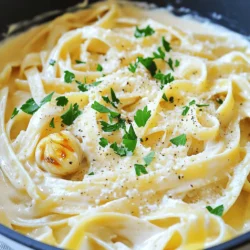 - 1 head of garlic - 2 tablespoons olive oil - 8 ounces fettuccine pasta - 4 cups vegetable broth - 1 cup heavy cream - 1 cup freshly grated Parmesan cheese - Salt and pepper to taste - Fresh parsley, chopped (for garnish) - Cracked black pepper (for garnish) You can switch out fettuccine for any pasta you like. Penne or rotini work well. If you want a lighter dish, use half-and-half instead of heavy cream. You can also use nutritional yeast for a dairy-free cheese option. For a different flavor, swap olive oil with butter. Roasted garlic serves as the star of this dish. It adds a sweet and rich flavor. The heavy cream makes the sauce smooth and rich. Freshly grated Parmesan cheese melts easily, adding creaminess and depth. Vegetable broth gives a nice base for the pasta. Each ingredient works together to create a tasty meal. To start, we need to roast the garlic. First, preheat your oven to 400°F (200°C). Take one head of garlic and slice the top off. This exposes the cloves, making them easy to roast. Next, drizzle two tablespoons of olive oil over the garlic. Make sure to coat it well. After that, wrap the garlic in aluminum foil. Place it in the oven and roast for about 30-35 minutes. You want the cloves to be tender and caramelized. Once done, let it cool a bit before handling. While the garlic roasts, we can cook the pasta. In a large pot, add eight ounces of fettuccine pasta and four cups of vegetable broth. Turn the heat to medium and bring it to a boil. Stir occasionally to prevent the pasta from sticking. Once it reaches a boil, reduce the heat to low. Cover the pot and let it cook for about 10-12 minutes. The pasta should be al dente when done, and most of the liquid should be absorbed. Now it’s time to make the sauce. Start by removing the roasted garlic from the oven. Squeeze the roasted cloves into a bowl and mash them with a fork. This adds a deep flavor to our dish. Stir the heavy cream into the pot with the cooked pasta. Next, add the mashed roasted garlic. Mix everything until it’s well combined. Slowly add one cup of freshly grated Parmesan cheese while stirring. This will create a rich, creamy sauce. Season with salt and pepper to taste. Serve hot, and don’t forget to garnish with fresh parsley and cracked black pepper. Enjoy your delicious creamy roasted garlic Alfredo! To get that rich and creamy texture, use heavy cream. It blends well with the roasted garlic. After cooking, mix in the Parmesan cheese slowly. This helps the cheese melt nicely and makes the sauce smooth. If you want it even creamier, add a splash more cream. To stop your pasta from sticking, stir it often while it cooks. Use a large pot to give it space to move. Adding a bit of salt to the water helps too. If you notice it sticking, you can add a tiny splash of olive oil. Keep an eye on it while cooking! Seasoning is key to a great dish. Start with salt and pepper to taste. You can also add a pinch of nutmeg for warmth. Fresh parsley adds a nice touch and bright flavor. You can even sprinkle some red pepper flakes for heat. Don't be shy—taste as you go! {{image_2}} You can easily add protein to your creamy roasted garlic Alfredo. Chicken is a great choice. Cook bite-sized pieces in a skillet before mixing them in with the pasta. Shrimp is another option. Just sauté them until they turn pink and add them to the pot. For a simple twist, try adding cooked bacon. It brings a nice crunch. You can also use meat substitutes like tofu or tempeh for a plant-based protein boost. This dish shines as a vegetarian meal. Use vegetable broth to keep it meat-free. You can also add seasonal veggies, like spinach or mushrooms. Just toss them in when you add the heavy cream. Broccoli or peas work well too, adding color and nutrition. If you want a kick, add some red pepper flakes. To make this recipe gluten-free, swap out the fettuccine for gluten-free pasta. There are many options available now, such as rice or corn-based pasta. Make sure your vegetable broth is gluten-free too. Always check the label. This way, you can enjoy the creamy roasted garlic Alfredo without worry. Store your creamy roasted garlic Alfredo in an airtight container. Let it cool first. Place the leftovers in the fridge. Use them within three days for the best taste. To reheat, put the pasta in a pot on low heat. Add a splash of water or cream to keep it moist. Stir gently and heat until warm. You can also use a microwave. Heat in short bursts, stirring in between. You can freeze this dish for later use. Place it in a freezer-safe container. Leave some space at the top for expansion. It will stay fresh for up to three months. When ready to eat, thaw overnight in the fridge. Then, reheat as mentioned above. For this creamy dish, I recommend fettuccine. Its flat shape holds the sauce well. You can also try linguine or tagliatelle. Both will work nicely. Avoid using thin pasta like spaghetti. It may not hold the creamy sauce as well. Yes, you can make this dish ahead. Cook the pasta and sauce, then let it cool. Store it in the fridge for up to three days. When you’re ready to eat, reheat it gently on the stove. Add a splash of broth to help it stay creamy. To make this recipe dairy-free, swap heavy cream with coconut cream or cashew cream. Use a dairy-free cheese for the Parmesan. Nutritional yeast can add a cheesy flavor too. Always check labels to ensure they are dairy-free. This blog post covered all you need for a great Alfredo dish. We detailed the ingredients, including swaps and key elements. The cooking steps offered clear guidance on prepping garlic, cooking pasta, and mixing sauce. You learned tips for creamy texture and preventing stickiness. We also explored variations like protein options and gluten-free alternatives. With the right knowledge, you can make this dish your own. Enjoy the cooking process and delight in your tasty result!