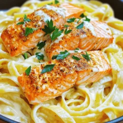 To make this dish, we need: - 2 salmon fillets - 8 ounces fettuccine pasta - 2 tablespoons Cajun seasoning - 2 tablespoons olive oil - 1 cup heavy cream - 1 cup grated Parmesan cheese - 2 cloves garlic, minced - 1/2 teaspoon black pepper - 1/4 teaspoon salt - 1 tablespoon fresh parsley, chopped (for garnish) These ingredients blend together to create a rich, creamy dish that tastes amazing. You can use various types of salmon for this recipe. I recommend fresh or frozen wild-caught salmon. It has a great flavor and texture. Farmed salmon is another option, but it can be fattier. Choose what you enjoy most. Always check for bright color and firm texture when buying salmon. Fresh ingredients make a big difference in flavor. Fresh salmon adds richness. Fresh parsley gives a pop of color. Fresh garlic has a stronger taste than dried. When you use quality ingredients, your dish shines. Take time to select the best. It pays off in every bite. First, grab your salmon fillets. Pat them dry with paper towels. This helps them sear nicely. Next, sprinkle Cajun seasoning on both sides. Make sure to coat them well. This will give your salmon a great kick. Boil a large pot of salted water. Once hot, add the fettuccine. Cook according to the package instructions. You want it to be al dente, which means firm but cooked. After cooking, drain the pasta but save a cup of the water. This water will help later with the sauce. Heat olive oil in a large skillet over medium-high heat. When the oil is hot, place the salmon in skin-side down. Cook for about 4 to 5 minutes. This will make the skin crispy. Next, carefully flip the salmon. Cook for another 3 to 4 minutes. It should be cooked through and flaky. Remove the salmon and let it rest on a plate. In the same skillet, reduce the heat to medium. Add minced garlic and sauté it for about 30 seconds. This will make your kitchen smell amazing! Pour in the heavy cream and stir well. Make sure to scrape up any bits from the bottom of the pan. This adds flavor to your sauce. Now it's time to add the cheese. Gradually whisk in the grated Parmesan until it melts smoothly. If the sauce is too thick, add some of that reserved pasta water. Season with black pepper and salt to taste. Then, add your cooked fettuccine to the skillet. Toss gently, coating the pasta with the creamy sauce. Finally, serve the pasta on plates. Top it with crispy salmon and drizzle any sauce from the pan on top. Enjoy! Cajun seasoning adds a punch to your salmon. To get the best flavor, use fresh Cajun seasoning. You can make your own by mixing paprika, garlic powder, onion powder, black pepper, and cayenne. Rub it on both sides of the salmon fillets. Let it sit for a few minutes to soak in. This makes every bite flavorful. Overcooked salmon can be dry. To avoid this, use a timer. Cook the salmon for 4-5 minutes skin-side down first. Flip it and cook for 3-4 more minutes. The salmon should be slightly pink in the middle. If you have a food thermometer, aim for 145°F. It’s perfect when it’s still moist. A creamy Alfredo sauce can make or break your dish. Start by heating the garlic in the skillet gently. Then add heavy cream and stir well. Whisk in the Parmesan cheese slowly. If the sauce gets too thick, add a little pasta water. This keeps it smooth and creamy. Season with salt and pepper to taste. This sauce should coat the pasta nicely, making it rich and indulgent. {{image_2}} You can swap salmon for other proteins. Chicken works well with Cajun flavors. Shrimp is another great choice; it cooks quickly and absorbs spice well. Try scallops for a luxurious touch. Each of these options pairs nicely with creamy Alfredo sauce, giving you a tasty meal. For a vegetarian version, use mushrooms or zucchini. They add texture and flavor while soaking up the sauce. If you want a vegan dish, try using tofu or tempeh. Cook them with Cajun seasoning for a spicy kick. Use coconut milk instead of heavy cream and nutritional yeast for a cheesy flavor. Feel free to play with different spices! Try adding smoked paprika for a deeper flavor. Cayenne pepper can add extra heat. If you want a milder taste, use Italian seasoning or a simple garlic and herb blend. This way, you can customize the dish to fit your taste. To store your leftovers, let the dish cool down first. Place the creamy Cajun salmon Alfredo in an airtight container. Refrigerate it for up to three days. Make sure to cover it well. This keeps the flavors fresh and the sauce from drying out. When you reheat creamy dishes, avoid high heat. This prevents the sauce from separating. Use a microwave or stovetop. If using the microwave, heat in short bursts. Stir in between to ensure even warming. On the stovetop, warm over low heat. Add a splash of water or cream if the sauce thickens. Freezing creamy dishes can be tricky. The texture may change after thawing. If you want to freeze it, I suggest storing just the pasta and sauce separately from the salmon. Use freezer-safe containers. This way, you can enjoy it later with better quality. When ready to eat, thaw in the fridge overnight. Reheat gently as noted above. To make this recipe spicier, add more Cajun seasoning. You can also use hot sauce. Sprinkle some red pepper flakes for an extra kick. Taste your sauce before serving. Adjust the spice level based on your preference. Yes, you can use other pasta shapes. Penne or rigatoni work well. Choose whole wheat or gluten-free pasta if you prefer. Just follow the cooking time on the package. The creamy sauce pairs well with many pasta types. If you want a lighter option, use half-and-half or whole milk. For dairy-free, try coconut milk or cashew cream. Each substitute will change the flavor slightly. Adjust the seasoning to balance the taste. Salmon is ready when it flakes easily with a fork. The color should change from bright pink to a light pink. If you have a food thermometer, it should read 145°F. Avoid overcooking to keep it moist and tender. Yes, you can make this recipe gluten-free by using gluten-free pasta. Many brands offer great options. Just check the pasta's cooking time, as it may differ from regular pasta. The rest of the recipe remains the same. This blog post covered how to make a great Creamy Cajun Salmon Alfredo. We looked at key ingredients, types of salmon, and why fresh items matter. I shared step-by-step instructions for cooking the salmon and pasta, plus tips for the best flavor. You can also explore variations and storage methods. Always remember, this dish is versatile and fun. With these tips, you’ll impress everyone with a creamy meal. Enjoy cooking and experimenting with flavors!