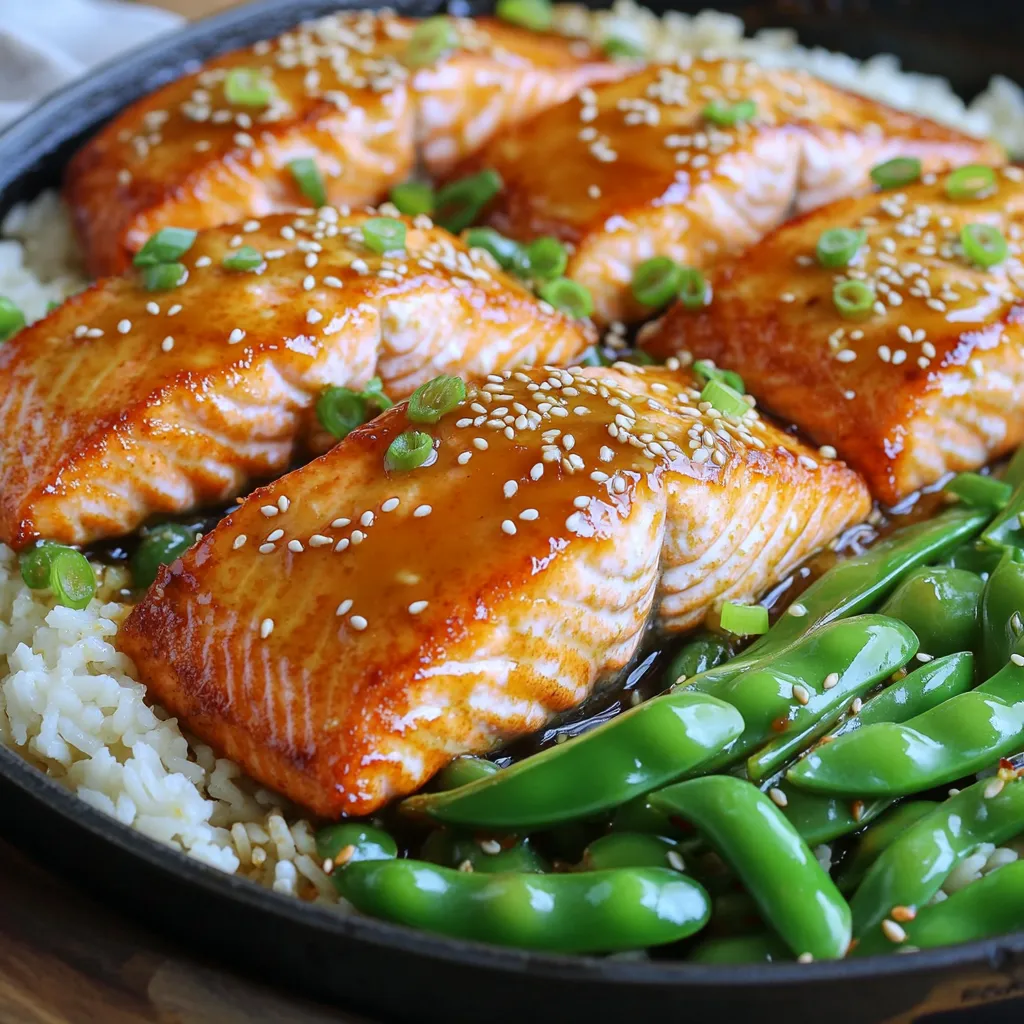 - 4 salmon fillets (about 6 oz each) - 2 tablespoons sesame oil - 2 tablespoons fresh ginger, grated - 3 garlic cloves, minced - 1/4 cup soy sauce (low sodium preferred) - 2 tablespoons honey - 1 tablespoon rice vinegar - 1 tablespoon sesame seeds - 1 green onion, finely sliced - 1 cup sugar snap peas - Salt and pepper to taste - Cooked rice or quinoa, for serving You can swap salmon for any firm fish like trout or cod. If you want a vegetarian option, try tofu. Use olive oil instead of sesame oil for a different flavor. If you don’t have fresh ginger, ground ginger works too, but use less. For soy sauce, tamari is a great gluten-free choice. Honey can be replaced with maple syrup for a vegan option. When measuring sticky ingredients like honey, use a liquid measuring cup. Spray it lightly with oil first. For ginger, a microplane grater works best for fine grating. Use a scale for the salmon to ensure equal portions. When measuring soy sauce, pour it slowly to avoid spills. Always taste your sauce as you make it to get the flavor just right. To start, gather your salmon fillets. You need four fillets, each about six ounces. Rinse them under cold water and pat them dry with a paper towel. This step helps the skin crisp up nicely. Next, season each fillet with salt and pepper. Be generous, as this will enhance the flavor. Now, grab a large skillet and heat two tablespoons of sesame oil over medium-high heat. The oil should shimmer when it's ready. Place the salmon in the skillet skin-side down. Cook for three to four minutes until the skin is crispy. You will see the color change halfway up the side of the fillet. This shows it is cooking well. While the salmon cooks, make the sauce. In a small bowl, whisk together two tablespoons of fresh ginger, three minced garlic cloves, one-fourth cup of low-sodium soy sauce, two tablespoons of honey, and one tablespoon of rice vinegar. Mix until smooth. After four minutes, pour the sauce over the salmon. Add one cup of sugar snap peas to the skillet too. Cook for another three to four minutes. Spoon the sauce over the salmon as it cooks. The salmon will finish cooking, and the snap peas will stay crisp. Before serving, sprinkle one tablespoon of sesame seeds and sliced green onion on top. This adds flavor and a nice crunch. Serve the dish over cooked rice or quinoa, drizzling extra sauce from the skillet on top. Enjoy your meal! To get crispy skin on your salmon, start with dry fillets. Pat them with paper towels before cooking. Next, heat the sesame oil until it shimmers. This means it's hot enough. Place the salmon skin-side down in the skillet. Cook it for about 3 to 4 minutes. Don't move it too much. Let it sear nicely. The skin will turn golden and crispy. The secret to great flavor lies in your seasonings. Use fresh ginger and garlic. They add a nice punch. Whisk them with soy sauce, honey, and rice vinegar. This mix makes a tasty sauce. Pour it over the salmon while it cooks. The sauce will soak into the fish and snap peas. You can also sprinkle extra sesame seeds on top. They add a lovely crunch and nutty taste. Cooking salmon at medium-high heat works well. It cooks quickly and evenly. If your fillets are thicker, you may need more time. Keep an eye on them. If they start to brown too fast, lower the heat slightly. The salmon is done when it flakes easily with a fork. Aim for about 6 to 8 minutes of total cooking time. {{image_2}} You can swap salmon for other fish. Tuna and cod work well. Chicken breast is another great choice. Just adjust cooking time for thicker cuts. For a plant-based option, try firm tofu. It soaks up the sauce nicely and adds protein. Feel free to add more veggies to the skillet. Bell peppers, broccoli, or carrots brighten the dish. You can mix in leafy greens like spinach or kale. Just add them to the skillet a minute before the dish is done. This keeps them fresh and adds color. There are many ways to tweak the flavor. Add a splash of lime juice for zest. You can use sriracha for heat. Try swapping honey for maple syrup for a different sweetness. Each change brings a new spin to this dish. To store leftovers, let the salmon cool first. Use an airtight container. Place the salmon and peas in the container. Make sure to keep the sauce separate. This helps keep the salmon fresh. You can store leftovers in the fridge for up to 3 days. To reheat, place the salmon in a skillet. Add a splash of water or sauce. Heat on low over medium heat. This keeps the salmon moist and tasty. You can also use a microwave. Heat on medium power for 1-2 minutes. Check to avoid overcooking. You can freeze cooked salmon if you need to. Place it in a freezer-safe bag. Remove as much air as possible. Seal it tightly. You can freeze it for up to 3 months. When ready, thaw in the fridge overnight. Reheat as needed for a quick meal. Yes, you can use frozen salmon. Just make sure to thaw it first. Thaw the salmon overnight in the fridge or under cold water. After thawing, pat it dry to remove excess moisture. This helps the skin crisp up nicely when you cook it. You can serve this dish with a variety of sides. Here are some great options: - Cooked rice or quinoa - Steamed broccoli or asparagus - A fresh green salad - Roasted sweet potatoes These sides add color and flavor to your meal. They also balance the rich taste of the salmon. To make this recipe gluten-free, use gluten-free soy sauce. Many brands offer a good taste without gluten. You can also swap rice vinegar with apple cider vinegar, which is naturally gluten-free. Just check labels to be sure everything you use is gluten-free. This blog post covered the key steps to cook sesame ginger salmon. I shared ingredient lists, substitutions, and measurement tips to help you. You learned how to prep, cook, and serve the dish. I provided tips for crispy skin and enhancing flavors too. Plus, I offered variations on proteins and vegetables to mix things up. Storing leftovers and reheating methods were also discussed. Now, you're ready to try this delicious recipe, adjust it to your taste, and enjoy every bite. Happy cooking!