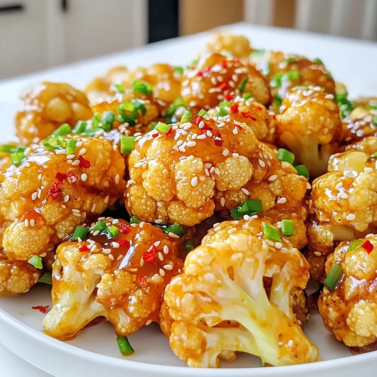 - 1 head of cauliflower, cut into florets - 3 tablespoons olive oil - 2 tablespoons honey - 3 cloves garlic, minced - 1 teaspoon red chili flakes (adjust to taste) - 1 teaspoon smoked paprika - Salt and pepper to taste - Chopped green onions for garnish - Sesame seeds for garnish Gather these ingredients to make your Air Fryer Spicy Honey Garlic Cauliflower. Using fresh cauliflower helps the dish taste its best. Olive oil adds richness, while the honey brings sweetness. Minced garlic gives that lovely zing. For seasoning, red chili flakes and smoked paprika bring a kick and depth. Adjust the chili flakes to fit your spice level. Don't forget salt and pepper for balance. Lastly, the garnishes elevate the dish's look and flavor. Chopped green onions add freshness, and sesame seeds give crunch. This combination makes your cauliflower not only tasty but also beautiful. - Wash and cut the cauliflower into bite-sized florets. - Pat dry with a clean kitchen towel. To prepare the cauliflower, you need to start with a clean head. Rinse it well under cool water. Use a sharp knife to cut it into small, even florets. This size helps them cook evenly. After cutting, use a kitchen towel to pat them dry. This step is key for achieving that crispy texture later. - Combine olive oil, honey, minced garlic, chili flakes, smoked paprika, salt, and pepper. - Mix until uniform. In a large bowl, add olive oil, honey, and minced garlic. Then, sprinkle in the red chili flakes and smoked paprika. Add salt and pepper to taste. Stir everything together well until it looks smooth and even. This marinade will coat the cauliflower, so every bite bursts with flavor. - Preheat air fryer to 400°F (200°C). - Arrange marinated florets in air fryer basket. - Air fry for 15-18 minutes, shaking halfway through. Before cooking, preheat your air fryer to 400°F (200°C). This step helps the cauliflower crisp up nicely. Once it’s ready, place the marinated florets in the air fryer basket. Make sure you arrange them in a single layer. This helps them cook evenly. Set the timer for 15 to 18 minutes. Remember to shake the basket halfway through to ensure every piece gets that golden brown color. Enjoy the delightful crunch and flavor when they are done! To get crispy cauliflower, you must dry it well. After washing, use a clean kitchen towel. Pat each floret until no moisture remains. This step helps the olive oil and spices stick better. Avoid overcrowding the air fryer basket. If you pack in too many florets, they will steam instead of crisp. Fry in batches if needed. This allows hot air to circulate and cook evenly. You can modify the spice level by changing the amount of chili flakes. If you want it milder, use less. For more heat, add a bit more. You can also try adding other spices, like cayenne or chipotle powder. This gives you more flavor options. For the best texture, air fry the cauliflower for 15-18 minutes. Shake the basket halfway through cooking. This helps them cook evenly and gets them crispy all around. Keep an eye on them toward the end. Cook until they are golden brown and tender. {{image_2}} You can easily change the taste of your spicy honey garlic cauliflower. Try adding different spices like curry powder or cumin for a unique twist. If you love sweet dishes, use more honey or add a splash of maple syrup. For a savory take, skip the honey and add soy sauce or balsamic vinegar. This dish pairs well with various dipping sauces. Try serving it with ranch, tahini, or spicy mayo. It makes a great side dish for grilled meats or a tasty snack for movie night. You can also toss it in a salad for extra crunch and flavor. If you prefer not to use honey, try agave nectar or maple syrup as a sweetener. Both options work well and keep the dish sweet. To make it vegan, use a plant-based honey substitute or skip the honey altogether. You’ll still enjoy great taste! To keep your spicy honey garlic cauliflower fresh, store it right. Use an airtight container. This keeps moisture out and flavors in. Place the cooled cauliflower in the container. Make sure to seal it tightly to avoid spills. You can easily reheat your cauliflower in the air fryer. Set it to 350°F (175°C) for about 5-7 minutes. This keeps the cauliflower crispy. If you don’t have an air fryer, a microwave works too. Just heat it for 1-2 minutes. For oven reheating, place it on a baking sheet and warm at 350°F (175°C) for 10 minutes. In the fridge, your leftovers last about 3-4 days. Always check for any odd smells or changes in texture. If you want to keep them longer, freezing is a good option. Place the cooled cauliflower in a freezer-safe bag. It can last up to 3 months in the freezer. When ready to eat, thaw it in the fridge overnight before reheating. You should air fry cauliflower for about 15 to 18 minutes. Shake the basket halfway through. This helps the cauliflower cook evenly and become crispy. Check for a golden brown color. If you want it crispier, add a few extra minutes. Yes, you can! You can roast the cauliflower in the oven. Preheat your oven to 425°F (220°C). Arrange the marinated florets on a baking sheet in a single layer. Bake for about 25 to 30 minutes. Make sure to flip them halfway to get an even roast. This dish pairs well with many foods. Serve it as a snack or a side. It goes great with grilled chicken or fish. You can also add it to a grain bowl. Try it with rice or quinoa for a tasty meal. Don't forget to serve it with a dipping sauce, like ranch or yogurt sauce, for extra flavor! In this post, we explored how to make spicy honey garlic cauliflower. You learned about the key ingredients, step-by-step preparation, and cooking tips. We also covered variations, storage info, and FAQs for your convenience. This dish is fun, flavorful, and easy to make. Experiment with spices or add your own flair. It’s perfect as a snack or side dish. Enjoy your cooking journey and savor the delicious results!
