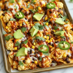 - 1 medium head of cauliflower, cut into small florets - 2 tablespoons olive oil - 1 teaspoon smoked paprika - 1 teaspoon garlic powder - 1 teaspoon onion powder - Salt and pepper to taste - 1 cup BBQ sauce (store-bought or homemade) - 1 cup black beans, drained and rinsed - 1 cup corn kernels (fresh, frozen, or canned) - 1 cup shredded cheese (cheddar or mozzarella) - 1 jalapeño, sliced (optional) - Fresh cilantro, chopped for garnish - 1 avocado, diced, for serving - Sour cream or Greek yogurt, for serving This mix of ingredients gives a fun twist to nachos. Cauliflower replaces chips, making them lighter. The spices add a warm flavor that sings with each bite. Black beans and corn bring texture and color. Cheese melts beautifully, while jalapeño adds heat. Fresh cilantro and avocado finish the dish, adding freshness. You can switch up the BBQ sauce to suit your taste. Use homemade for a personal touch. Enjoy this blend of flavors in every bite! 1. Preheat your oven to 425°F (220°C). This step ensures even cooking. 2. Line a large baking sheet with parchment paper. This helps with easy cleanup. 3. In a big bowl, toss the cauliflower florets with olive oil. 4. Add smoked paprika, garlic powder, onion powder, salt, and pepper. Mix well until all florets are coated. 5. Spread the seasoned cauliflower in a single layer on the baking sheet. 6. Roast for 20-25 minutes. Look for a tender and slightly crispy texture. 7. Remove the baking sheet. Drizzle BBQ sauce over the roasted cauliflower. Toss gently to coat. 8. Spread black beans and corn over the sauced cauliflower. 9. Sprinkle cheese on top. If you like heat, add sliced jalapeños. 10. Return the baking sheet to the oven. Bake for another 10 minutes. The cheese should melt and bubble. 11. Once out of the oven, let the nachos cool for a couple of minutes. 12. Garnish with chopped cilantro and diced avocado. 13. Serve with a dollop of sour cream or Greek yogurt. Enjoy your nachos fresh from the oven! To get crispy cauliflower, follow these steps: - Cut the cauliflower into small, even florets. - Toss them well with olive oil and spices. - Spread them out in a single layer on the baking sheet. - Roast at 425°F for 20-25 minutes until golden brown. For BBQ sauce, you have options: - Store-bought sauces are quick and easy. Look for ones with natural ingredients. - Homemade BBQ sauce lets you control the flavors. Mix ketchup, vinegar, and spices for a simple sauce. For a casual vibe, serve the nachos straight from the baking sheet. - This allows everyone to dig in. For a more formal setting, transfer nachos to a large platter. - Add lime wedges for a fresh touch. Pair these nachos with: - A crisp salad for a light side. - Cold drinks like iced tea or lemonade. If you want a dairy-free option, try these cheese substitutes: - Use plant-based cheese or nutritional yeast for flavor. - Cashew cheese is another great choice. To adjust the spice level, add jalapeños. - If you like it milder, remove the seeds. - For extra heat, leave the seeds in or add more jalapeños. {{image_2}} You can make these nachos fit your diet easily. If you want vegan nachos, use plant-based cheese instead of dairy cheese. There are many great brands now available. For gluten-free options, ensure your BBQ sauce is gluten-free. You can serve with corn chips made from corn instead of wheat. Enjoy tasty nachos without worry! Don't be afraid to switch up the flavors! Try different sauces like Buffalo sauce or ranch dressing. These add a new twist to your nachos. For toppings, think outside the box. Add sliced olives or diced bell peppers for extra crunch and flavor. Each bite can taste different, keeping things fun! Take advantage of seasonal produce for your nachos. In summer, add fresh tomatoes or zucchini. In fall, use roasted pumpkin or squash for a cozy touch. You can also adjust for holidays. For a festive vibe, top with cranberries during Thanksgiving or fresh herbs during spring. Your nachos can change with the seasons! To keep your nachos fresh, store them in an airtight container. Place a layer of parchment paper between the nachos and the lid. This helps absorb moisture and keeps them from getting soggy. You can refrigerate them for up to three days. When you're ready to eat them again, reheat them in the oven for best results. Set your oven to 350°F (175°C) and place the nachos on a baking sheet. Heat for about 10 minutes. This will help crisp up the cauliflower and melt the cheese again. You can freeze nachos, but it's best to freeze the components separately. This way, the texture stays nice. Freeze the roasted cauliflower, beans, and corn in airtight bags. Keep the cheese and toppings separate. To thaw, move the frozen items to the fridge overnight. When ready to eat, reheat the cauliflower in the oven until warm. Add the cheese on top and melt it for about 10 minutes at 350°F (175°C). Enjoy your tasty nachos! Can I use frozen cauliflower instead of fresh? Yes, you can use frozen cauliflower. Just thaw and drain it first. This helps avoid extra moisture. Frozen cauliflower may cook faster, so watch it closely in the oven. How can I make this dish spicier? To boost the heat, add more jalapeños. You can also use a spicier BBQ sauce. If you like it very hot, try adding crushed red pepper or hot sauce. What can I substitute for BBQ sauce? If you don’t have BBQ sauce, try using salsa or a spicy sauce. You could also make a simple mix of ketchup and hot sauce for a quick swap. Alternatives for black beans and corn? For black beans, you can use pinto beans or kidney beans. If you want to skip corn, try adding bell peppers or diced tomatoes instead. These will add flavor and texture. How many servings does this recipe yield? This recipe serves about four people. It makes a great shareable dish for game night or a fun dinner. Can I halve or double the recipe easily? Yes, you can halve or double the recipe without trouble. Just adjust the cooking time slightly if you change the amount. Keep an eye on the cauliflower for the best results. This blog post shows how to make tasty cauliflower nachos. We covered the key ingredients like cauliflower, BBQ sauce, and toppings. You learned step-by-step instructions for preparation, roasting, and final baking. We shared tips for getting crispy nachos and suggested ways to customize your dish. Plus, we explored variations to suit special diets and seasonal tastes. With proper storage, you can enjoy leftovers later. Try these nachos at your next gathering and impress everyone with your cooking skills. Enjoy the crunchy bites and flavors!