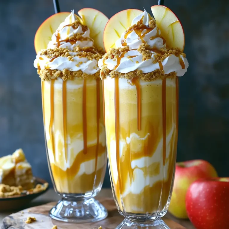 - 1 cup vanilla ice cream - 1/2 cup milk (whole or almond) - 1/2 cup cream cheese, softened - 1/2 cup apple pie filling - 2 tablespoons caramel sauce (plus extra for drizzling) - 1 teaspoon vanilla extract - 1/4 teaspoon ground cinnamon To create the perfect Caramel Apple Cheesecake Milkshake, start with rich vanilla ice cream. This gives your shake a creamy base. Add milk, either whole or almond, for a smooth texture. The cream cheese adds a cheesecake-like flavor that is key to this recipe. Next, apple pie filling brings in sweet and spiced apple notes. You can use store-bought or homemade. Caramel sauce is a must for that sweet, gooey goodness. It enhances the flavor and adds a lovely drizzle. Lastly, vanilla extract and ground cinnamon round out the taste. They add depth and warmth to your shake. These ingredients blend together to create a delightful treat. - Whipped cream - Crushed graham crackers - Apple slices Now for the fun part! Once you blend your milkshake, it’s time to make it look amazing. Start with a generous dollop of whipped cream on top. This adds fluffiness and extra creaminess. Next, sprinkle crushed graham crackers to mimic a cheesecake crust. This gives a nice crunch and flavor contrast. Finally, add a slice of fresh apple on the rim of the glass. This not only looks great but also adds a fresh touch. These simple toppings make your milkshake even more special. - First, gather all your ingredients. You need vanilla ice cream, milk, and cream cheese. - Also, get apple pie filling, caramel sauce, vanilla extract, and ground cinnamon. - In a blender, combine the vanilla ice cream, milk, softened cream cheese, apple pie filling, caramel sauce, vanilla extract, and ground cinnamon. - Blend on high speed until smooth and creamy. Make sure everything mixes well. - After blending, taste the mixture. If you want more sweetness, add extra caramel or a bit more cinnamon. Blend briefly again to mix. - Next, pour the milkshake into tall glasses. Fill them about three-quarters full. - Then, top each milkshake generously with whipped cream. Don’t be shy! - Drizzle more caramel sauce on top of the whipped cream. This adds a sweet touch. - To mimic a cheesecake crust, sprinkle crushed graham crackers over the whipped cream. - Finally, garnish with a fresh slice of apple on the rim of the glass. This makes it look nice and tasty! You can easily change the sweetness of your milkshake. If you like it sweeter, add more caramel sauce. You can also try different ice creams. Chocolate or cinnamon ice cream can bring new flavors to your shake. Getting the right texture is key. Blend your ingredients on high speed until smooth and creamy. If it's too thick, add a bit more milk. Always taste your mixture. This helps you decide if it needs more caramel or cinnamon. Make your milkshake look fun and fancy. Use tall, decorative glasses for serving. This makes your drink stand out. Top it with whipped cream and a drizzle of caramel. Sprinkle crushed graham crackers on top for a cheesecake touch. Add an apple slice on the glass for a fresh look. {{image_2}} You can spice up your milkshake with different flavors. Try adding nutmeg or ginger for warmth. These spices bring a cozy feel to each sip. If you want a fruity twist, swap the apple pie filling. Use cherry or blueberry filling instead. Each choice gives a new taste. If you're looking for dairy-free options, use almond milk and coconut cream. These choices keep your milkshake creamy without dairy. For a lower sugar option, replace the caramel sauce with a sugar-free version. You can also use fresh apples for natural sweetness. In fall, add pumpkin spice for a festive touch. This will make your milkshake feel like autumn in a glass. For the holidays, mix in crushed peppermint candies. This gives a fun, minty flavor that’s perfect for celebrations. These seasonal twists enhance the taste and make it special. To store leftovers, pour the milkshake into an airtight container. This keeps air out and helps it stay fresh. You can store it in the fridge for up to two days. However, for the best taste, enjoy it right away. You can freeze the milkshake for later use. Pour it into a freezer-safe container, leaving some space at the top. The milkshake can last for up to three months in the freezer. To thaw, move the container to the fridge for a few hours. When ready, stir well and add a splash of milk if needed. This helps it regain a creamy texture. If you have extra milkshake, get creative! Use it in desserts like cakes or brownies. You can also make a fun milkshake float by adding soda. Layer the milkshake in a glass with ice cream for a parfait. This way, you can enjoy the flavor in new ways! A Caramel Apple Cheesecake Milkshake is a sweet, creamy drink. It mixes flavors of caramel, apple, and cheesecake. You get a smooth texture from the ice cream and cream cheese. The apple pie filling adds a fruity twist. Ground cinnamon gives warmth and spice. Every sip feels like a dessert. Yes, you can make this milkshake vegan. Use dairy-free ice cream and almond milk. Replace cream cheese with a vegan cream cheese option. Look for caramel sauce that is dairy-free. These swaps keep all the yummy flavors while being plant-based. To thicken your milkshake, add more ice cream. You could also use frozen fruit or ice. If it's too thin, blend in extra cream cheese. Blend in small amounts until you reach your desired thickness. This milkshake stays fresh in the fridge for about 1 day. After that, it may lose its creamy texture. It’s best to enjoy it right after making it. If you have leftovers, give it a good stir before drinking. You now know how to make a delicious Caramel Apple Cheesecake Milkshake. We covered key ingredients, from vanilla ice cream to caramel sauce. The step-by-step instructions help you blend it into a creamy delight. Don’t forget the toppings—whipped cream and crushed graham crackers will impress anyone. Feel free to customize the flavors to your liking. Experiment with different ice creams or spice blends. With proper storage, your milkshake can stay fresh longer, letting you enjoy it anytime. Your next dessert just got a tasty upgrade!