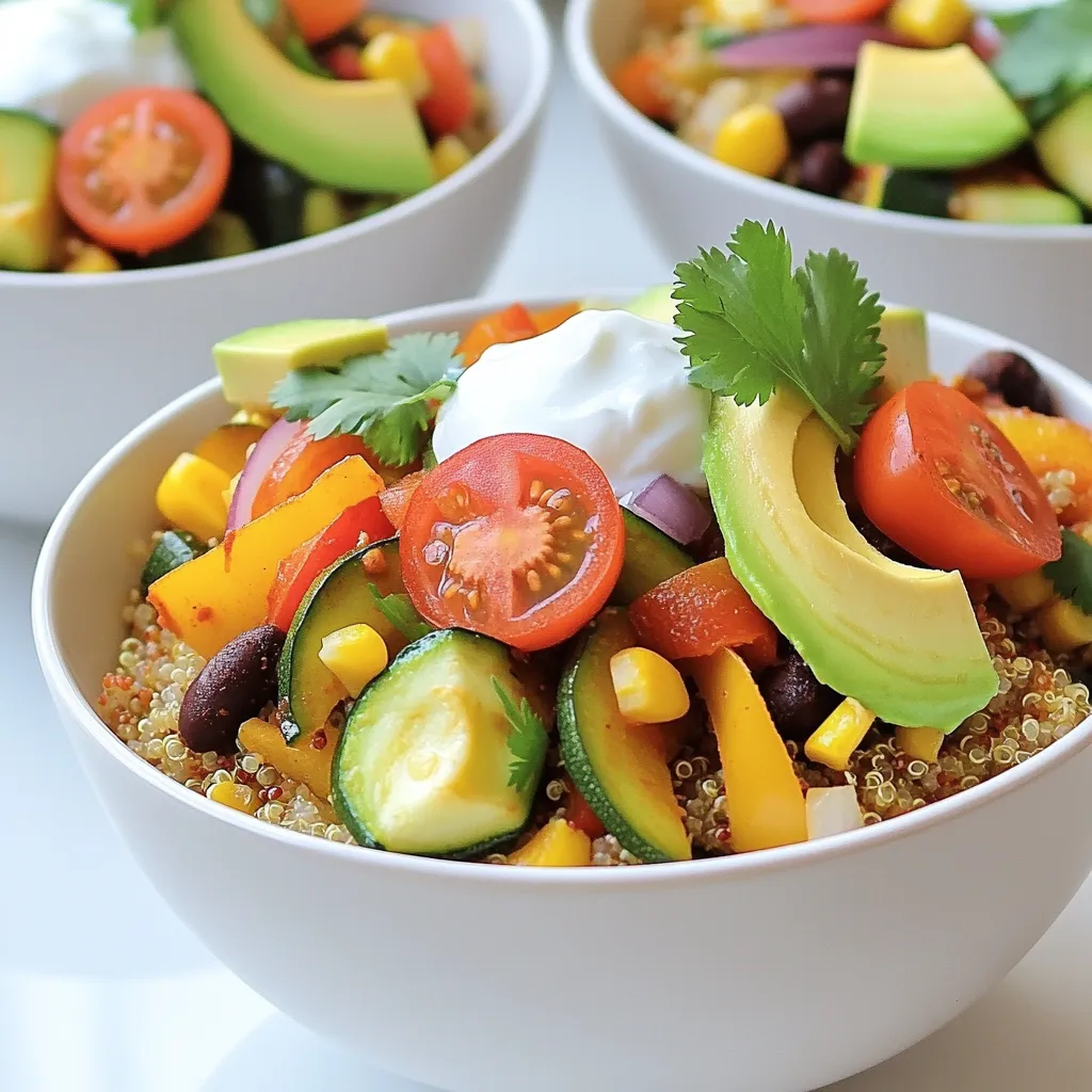 For the base of your burrito bowls, you need: - 1 cup quinoa, rinsed - 2 cups vegetable broth or water - 1 can (15 oz) black beans, rinsed and drained - 1 cup corn (fresh, canned, or frozen) - 1 bell pepper, diced (any color) - 1 small zucchini, diced - 1 small red onion, diced - 2 cloves garlic, minced - 1 teaspoon cumin - 1 teaspoon smoked paprika - 1 teaspoon lime juice - Salt and pepper to taste These ingredients bring great flavors and textures to your dish. Quinoa serves as a healthy base, while black beans and corn add protein and sweetness. Zucchini and bell pepper give you crunch, and spices like cumin and smoked paprika add warmth. To make your burrito bowls even better, consider these toppings: - 1 avocado, sliced - 1/2 cup cherry tomatoes, halved - Fresh cilantro, for garnish - Greek yogurt or dairy-free yogurt (optional, for serving) - Tortilla chips, for topping (optional) Avocado adds creaminess, and cherry tomatoes bring a fresh burst. Cilantro gives a nice pop of color and flavor. Greek yogurt can add a tangy touch, while tortilla chips offer a fun crunch. You can swap some ingredients for variety: - Use brown rice or farro instead of quinoa for a different grain. - Swap black beans for pinto or kidney beans if you prefer. - For a spicy kick, add jalapeños or hot sauce. - If you don’t have zucchini, try using spinach or kale. These swaps keep the recipe fresh and cater to your taste. Don’t be afraid to experiment and make this dish your own! To start, rinse 1 cup of quinoa under cold water. This step helps remove any bitter taste. Next, combine the rinsed quinoa with 2 cups of vegetable broth or water in a medium saucepan. Bring it to a boil over high heat. Once boiling, lower the heat and cover the pan. Let it simmer for about 15 minutes. The quinoa will absorb the liquid and become fluffy. After 15 minutes, remove the pan from heat. Let it sit for 5 more minutes with the lid on. Finally, fluff the quinoa with a fork. In a large skillet, drizzle olive oil and heat it over medium heat. Add 1 small diced red onion and sauté for 2 to 3 minutes. You want the onion to become soft and slightly translucent. Then, add 2 minced garlic cloves, 1 diced bell pepper, and 1 small diced zucchini. Cook these vegetables for 5 to 7 minutes. Stir often until they are tender. Next, add 1 can of rinsed black beans and 1 cup of corn. Mix in 1 teaspoon of cumin, 1 teaspoon of smoked paprika, and salt and pepper to taste. Cook for an additional 3 to 4 minutes. Make sure everything is heated through. Now it’s time to assemble your loaded veggie burrito bowls! Start with a layer of the cooked quinoa at the bottom of each bowl. Then, add the sautéed vegetable and bean mixture on top. Slice 1 avocado and arrange the slices over the veggies. Sprinkle 1/2 cup of halved cherry tomatoes on top. Finish off with fresh cilantro for a bright touch. If you like, add a dollop of Greek yogurt or dairy-free yogurt. For an extra crunch, top with some crushed tortilla chips. Enjoy your flavorful meal! To cook quinoa perfectly, rinse it first. This removes any bitter taste. Use two cups of vegetable broth for every cup of quinoa. Bring it to a boil, then lower the heat. Cover the pot and let it simmer for about 15 minutes. The quinoa will absorb all the liquid. After cooking, let it sit covered for 5 minutes. Fluff it with a fork to separate the grains. For more flavor, try adding spices. Cumin, smoked paprika, and a splash of lime juice work well. Season with salt and pepper to taste. You can also add a bit of garlic powder for extra depth. Fresh herbs like cilantro add brightness. If you enjoy heat, consider adding diced jalapeños or hot sauce. Mix in these flavors while cooking the veggies for a rich taste. When serving, start with a base of quinoa. Layer the sautéed veggies and beans on top. Add sliced avocado and halved cherry tomatoes for freshness. If you like creaminess, a dollop of Greek yogurt works great. For some crunch, sprinkle crushed tortilla chips on the top. This adds texture to each bite. Enjoy your colorful and tasty burrito bowls! {{image_2}} You can add protein to your veggie burrito bowls. Some great options are: - Grilled chicken - Tofu - Shrimp - Tempeh - Blackened fish These choices boost the protein content and make the meal more filling. You can cook them in the same skillet with the vegetables. Just season them well with spices like cumin or chili powder. This adds flavor and keeps everything harmonious. Feel free to mix and match your veggies. Here are some tasty ideas: - Spinach - Kale - Broccoli - Carrots - Sweet potatoes Use your favorite veggies or what you have on hand. Roasted veggies can also add a nice touch. Just make sure to cut them into small pieces for even cooking. This way, every bite is packed with flavor. Do you like heat? Spice up your burrito bowls with: - Jalapeños - Hot sauce - Chipotle peppers - Red pepper flakes These add-ons will give your dish a nice kick. Adjust the spice level to fit your taste. If you want a smoky flavor, try adding a sprinkle of smoked paprika. It blends well with the other spices and makes your meal more exciting. To keep your Loaded Veggie Burrito Bowls fresh, store them in airtight containers. You can place the bowls in the fridge for up to three days. Make sure to separate the toppings, like avocado and yogurt, to prevent them from getting soggy. When you're ready to enjoy your leftovers, reheat them in the microwave. Use a microwave-safe bowl and cover it to keep moisture in. Heat in short bursts of 30 seconds. Stir between each burst to ensure even heating. You can also reheat on the stove over low heat, stirring gently. If you want to save your burrito bowls for later, you can freeze them. Place the cooked quinoa and veggie mixture in freezer-safe bags or containers. Leave out fresh toppings, like avocado and tomatoes, as they don't freeze well. Your burrito bowls can last up to three months in the freezer. When you're ready to eat, thaw them overnight in the fridge before reheating. Yes, you can make Loaded Veggie Burrito Bowls ahead of time. Cook the quinoa and sauté the veggies. Store them in separate containers in the fridge. When you're ready to eat, just heat the veggies and assemble the bowls. They will taste great even after a day or two. Black beans are my favorite for this recipe. They add a nice creaminess and flavor. You can also use pinto beans or kidney beans. Both options work well and provide good protein. Choose the one you like best! This recipe is already gluten-free if you use gluten-free toppings. Quinoa is a great gluten-free grain. Just check the labels on your yogurt and tortilla chips. Make sure they are gluten-free to keep your meal safe and tasty. Yes, you can swap quinoa for other grains. Brown rice, farro, or even cauliflower rice can work well. Each grain brings a different taste and texture. Choose what you enjoy or have on hand for a fun twist! We covered how to make loaded veggie burrito bowls step-by-step. You learned about main ingredients, optional toppings, and how to customize your dish. Cooking quinoa and sautéing veggies are key steps. I shared tips for perfect flavor and storage options too. Enjoy mixing and matching to find your favorite combo. With so many choices, you'll always have a delicious meal ready. Create your own healthy bowl today!