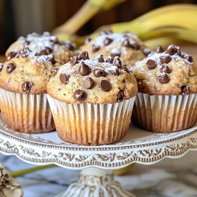 - 3 ripe bananas, mashed - 1/3 cup melted coconut oil (or vegetable oil) - 1/2 cup brown sugar - 1 large egg, beaten - 1 teaspoon vanilla extract - 1 teaspoon baking soda - Pinch of salt - 1 cup all-purpose flour - 1/2 cup chocolate chips (dark or semi-sweet) - Optional: 1/2 teaspoon cinnamon The key to great muffins lies in the ingredients. The ripe bananas give the muffins their rich flavor and moisture. Using coconut oil adds a hint of sweetness. Brown sugar enhances the taste with its depth. The egg binds the mix, while baking soda helps it rise. - Coconut oil alternatives: You can use vegetable oil or melted butter. Both work well. - Sugar substitutes: For a healthier option, try using honey or maple syrup. Adjust the liquid in your mix if using these. - Vegan alternatives for egg: Flaxseed meal mixed with water can replace the egg. Use 1 tablespoon of flaxseed meal with 2.5 tablespoons of water. Let it sit for a few minutes to thicken. These substitutions keep your muffins tasty, while allowing flexibility for your diet. Always feel free to experiment with what you have on hand! - Preheat your oven to 350°F (175°C). - Line a muffin tin with paper liners or grease it with oil. - In a large bowl, mash the ripe bananas. - Mix in the melted coconut oil until they blend well. - Add brown sugar, the beaten egg, and vanilla extract. Stir until smooth. - Sprinkle the baking soda and salt over this mixture. - Gently mix them in to avoid overmixing. - Gradually add the flour to the wet mix. - Fold in chocolate chips carefully. Make sure they spread evenly. - Divide the batter into your muffin tin. Fill each cup about 3/4 full. - Bake for 18-22 minutes. Use a toothpick to check if they are done. - If the toothpick comes out clean, they're ready! - Let the muffins cool in the tin for 5 minutes. - Finally, move them to a wire rack to cool completely. To make sure your muffins stay moist, always use ripe bananas. Ripe bananas have more sugar and flavor. They add natural sweetness and moisture. Aim for bananas with brown spots for the best taste. Mixing is key to texture. When you combine ingredients, do it gently. Overmixing can make muffins tough. Mix just until you see no flour. The batter should still be a bit lumpy. This keeps your muffins light and soft. To boost flavor, consider adding spices. A little cinnamon or nutmeg adds warmth. You only need half a teaspoon for a nice touch. These spices pair well with chocolate and bananas. Enhancing chocolate flavor is also fun. Try using dark chocolate chips for a richer taste. You can even fold in some cocoa powder. This will deepen the chocolate flavor in every bite. Serving your muffins well makes a big difference. Warm muffins taste best with coffee or tea. They create a cozy vibe. You can also sprinkle some extra chocolate chips on top. This adds a nice touch. For a pretty display, use a decorative cake stand. Arrange the muffins neatly. A dusting of powdered sugar can make them look fancy. These small details make your muffins even more inviting. {{image_2}} To make these muffins gluten-free, use a mix of flours. I suggest almond flour and coconut flour. You can also use gluten-free all-purpose flour. If you pick a gluten-free flour, you may need to change the liquid. Add a bit more milk or water to keep the muffins moist. For a vegan version, you will need a few changes. Replace the egg with 1/4 cup of unsweetened applesauce. You can also skip the egg and use a flax egg instead. To make a flax egg, mix one tablespoon of flaxseed meal with three tablespoons of water. Let it sit until it thickens. Baking time may change slightly, so check for doneness around 20 minutes. You can add nuts, like walnuts or pecans, for extra crunch. If you prefer fruit, try adding chopped apples or berries. You can also change the chocolate. Use white chocolate or milk chocolate for a different taste. Feel free to mix in spices like cinnamon or nutmeg for a warm kick. These twists will make your muffins even more fun! Store your muffins at room temperature. Place them in an airtight container. This keeps them soft and tasty. If you want to keep them longer, you can use the fridge. Just know that the fridge can dry them out. To keep your muffins fresh: - Wait until they cool completely before storage. - Use parchment paper to separate layers if stacking. - Add a slice of bread in the container. It helps keep muffins moist. Freezing your muffins is a great way to save them. First, let them cool down. Wrap each muffin in plastic wrap. Then, place them in a freezer bag. Make sure to squeeze out as much air as you can. This helps prevent freezer burn. For thawing and reheating: - Take a muffin out and let it sit at room temperature for about an hour. - You can also microwave it for 15-20 seconds to warm it up. - Enjoy them warm for the best taste. Yes, you can! Some great egg alternatives include: - Flaxseed meal: Mix 1 tablespoon of flaxseed meal with 2.5 tablespoons of water. Let it sit for 5 minutes. - Applesauce: Use 1/4 cup of unsweetened applesauce for each egg. - Mashed banana: You can mash another banana, about 1/4 cup, to replace one egg. These options keep your muffins moist and add flavor! To keep your muffins from sticking, follow these tips: - Grease the pan: Use a generous amount of coconut oil or vegetable oil to coat the muffin tins. - Use liners: Paper liners are a great option. They make clean-up easy and help prevent sticking. - Flour the pans: After greasing, lightly dust the pans with flour. This adds an extra barrier against sticking. These steps will help you enjoy every tasty bite! Overripe bananas are versatile! Here are some fun ideas: - Smoothies: Blend them into your favorite smoothie recipe for natural sweetness. - Pancakes: Mash and mix into pancake batter for a delicious twist. - Oatmeal: Stir them into hot oatmeal for added flavor and creaminess. These options keep your bananas from going to waste while adding taste to your meals! You now have a complete guide for chocolate chip banana muffins. From the right ingredients to mixing and baking, each step aids you in making tasty muffins. Remember the tips for moistness and flavor. Consider trying variations to keep things exciting. You'll find great joy in baking and sharing these muffins with friends and family. Store them well, and they'll stay fresh for longer. Enjoy your baking journey!