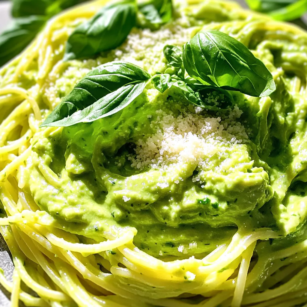 - 2 ripe avocados - 2 tablespoons olive oil - 2 cloves garlic, minced - 2 tablespoons fresh lemon juice - 1/2 teaspoon salt - 1/4 teaspoon black pepper - 1/4 teaspoon red pepper flakes (optional) - 300g spaghetti (or pasta of choice) - 1/4 cup grated Parmesan cheese (or nutritional yeast for a vegan option) - Fresh basil leaves for garnish You can swap ingredients based on your needs. Try these options: - Use other pasta types like penne or gluten-free pasta. - Replace olive oil with avocado oil for a nutty taste. - If you don't like garlic, use shallots instead. - You can skip red pepper flakes for a milder flavor. - Nutritional yeast works well for a vegan cheese option. Avocados are not just tasty; they're also good for you. Here are some benefits: - They provide healthy fats, which support heart health. - Avocados are high in fiber, helping with digestion. - They contain vitamins like K, E, and C, which boost your immune system. - Avocados can help lower cholesterol levels. - They have antioxidants that fight free radicals in your body. Using avocados in your pasta adds a creamy texture and loads of nutrients. Enjoy this simple dish while knowing you're eating healthy! First, fill a large pot with water and add a good amount of salt. Bring the water to a rolling boil. Add 300g of spaghetti or your favorite pasta. Cook according to the package instructions until it is al dente. This usually takes about 8 to 10 minutes. Once done, reserve 1 cup of pasta water. Drain the pasta in a colander and set it aside. While the pasta cooks, let’s make the sauce. Grab two ripe avocados and cut them in half. Remove the pits and scoop out the flesh into a blender or food processor. Add 2 tablespoons of olive oil, 2 minced garlic cloves, and 2 tablespoons of fresh lemon juice. Don’t forget 1/2 teaspoon of salt and 1/4 teaspoon of black pepper. If you like a little kick, add 1/4 teaspoon of red pepper flakes. Blend everything until it’s smooth and creamy. Now it’s time to mix it all together. In a large mixing bowl, add the drained pasta. Pour the creamy avocado sauce over the pasta. Toss well to coat each strand evenly. If the sauce feels too thick, add some of the reserved pasta water, a little at a time, until you reach your desired creaminess. Stir in 1/4 cup of grated Parmesan cheese. Taste and adjust the salt and pepper if needed. Serve right away, garnished with fresh basil leaves and more Parmesan if you wish. Enjoy this simple and flavorful dish! To make a smooth sauce, use ripe avocados. They should be soft but not brown. Adding olive oil makes the sauce rich. The key is to blend until no lumps remain. If the sauce is too thick, use reserved pasta water. This helps achieve the right creaminess. Fresh lemon juice adds brightness. Don't skip the garlic, as it gives depth. One common mistake is using unripe avocados. They won't blend well and may taste bitter. Another error is overcooking the pasta. Pasta should be al dente for the best texture. Be careful not to skip the reserved pasta water. It helps the sauce stick to the pasta. Lastly, don’t forget to taste and adjust the seasoning. While spaghetti works great, you can use any pasta shape. Penne, fusilli, or even zoodles can shine with this sauce. Choose a pasta that holds sauce well, like shells. The sauce clings to every nook, making each bite flavorful. For a twist, try whole wheat or gluten-free pasta. Each adds unique flavors and textures. {{image_2}} To make this creamy avocado pasta vegan, simply skip the Parmesan cheese. Instead, use nutritional yeast. It adds a cheesy flavor while keeping the dish plant-based. You can also add a splash of unsweetened almond milk for extra creaminess if you like. This keeps the sauce rich and delicious without any dairy. If you want to boost the protein in this dish, add grilled chicken or tofu. For chicken, cook it until golden brown and slice it thin. For tofu, press it to remove water, then sauté until crispy. Toss either option with your pasta after mixing in the sauce. It adds heartiness and makes it a complete meal. You can change up the flavor by using different herbs and spices. Instead of basil, try parsley, cilantro, or even mint. Adding a squeeze of lime juice can give a fresh twist. For heat, consider adding more red pepper flakes or a dash of hot sauce. These variations help you create your own unique version of creamy avocado pasta. To store leftover pasta, let it cool first. Place it in an airtight container. This keeps it fresh. You can store it in the fridge for up to three days. If you want to keep it longer, consider freezing. When reheating, use a pan over low heat. Add a splash of water or olive oil. This helps the pasta stay creamy. Stir often to warm it evenly. You can also use the microwave. Just cover it with a damp paper towel. You can freeze creamy avocado pasta, but it may change texture. For best results, freeze the sauce and pasta separately. Store them in freezer-safe bags or containers. They can last up to three months. To use, thaw overnight in the fridge. Reheat gently to enjoy your meal again. Yes, you can prepare the sauce ahead of time. Keep it in the fridge. The pasta is best fresh. If you mix them early, the pasta may get soggy. You can reheat the pasta and add fresh sauce later. To make this recipe gluten-free, choose gluten-free pasta. Many brands offer great options. Just cook it like regular pasta. The creamy sauce will taste just as good! If you want a vegan option, use nutritional yeast. It adds a cheesy flavor. You can also skip cheese entirely for a lighter dish. Just season well to ensure great taste! This blog post covered how to make creamy avocado pasta. We talked about key ingredients, fun swaps, and the health perks of avocados. I shared step-by-step cooking tips for the sauce and pasta. You learned how to avoid common mistakes and pair the dish well. Plus, I offered storage tips for leftovers and answers to your FAQs. This dish is easy to tweak, making it yours. Enjoy making it again and again!