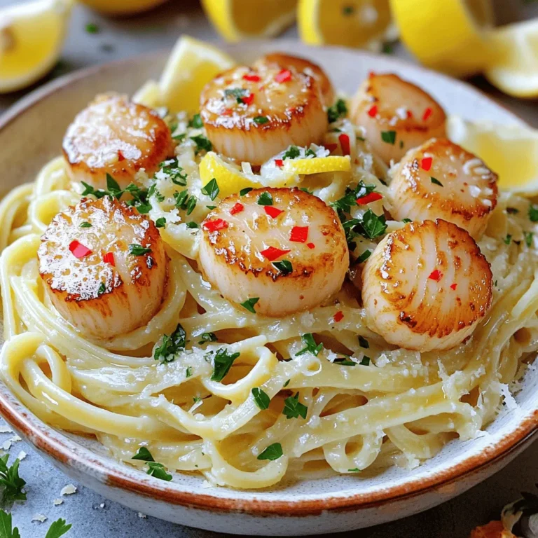 - 8 oz linguine pasta - 1 lb scallops, cleaned and patted dry - 4 tablespoons unsalted butter - 4 cloves garlic, minced - 1 teaspoon red pepper flakes (adjust for spice level) - 1 lemon (juice and zest) - 1/4 cup freshly chopped parsley - Salt and black pepper to taste - Optional: Grated Parmesan cheese for serving Gather all your ingredients before you start cooking. This makes the process easy and fun. First, you need 8 ounces of linguine pasta. This pasta is perfect for holding onto the sauce. Next, grab 1 pound of scallops. Make sure they are cleaned and patted dry for a nice sear. Now, let's talk about the star of the dish: garlic. Use 4 cloves of minced garlic. This will add a rich flavor. Next, you need 4 tablespoons of unsalted butter. The butter will create a creamy sauce when it melts. For a kick, add 1 teaspoon of red pepper flakes. You can adjust this based on how spicy you like your food. Then, squeeze in the juice and add the zest of 1 lemon. This adds brightness to the dish. You'll also need 1/4 cup of freshly chopped parsley. This adds color and freshness. Don't forget salt and black pepper to taste. Lastly, if you want to make it even more special, you can sprinkle some grated Parmesan cheese on top. It adds a nice touch. With these ingredients, you are ready to create a delicious garlic butter scallop linguine! Boiling Water and Salting Start by filling a large pot with water. Add a generous amount of salt to the water. This step is key for flavor. Bring the water to a rolling boil. Cooking Time and Texture Once boiling, add the linguine. Cook according to the package instructions. Aim for al dente, which means it should be firm but not hard. This usually takes about 8 to 10 minutes. Reserve 1/2 cup of the pasta water before draining the linguine. Preparation of Scallops Take the scallops and pat them dry using a paper towel. This helps them sear better. Season both sides with salt and black pepper for flavor. Searing Technique and Timing In a large skillet, melt 2 tablespoons of butter over medium-high heat. Once hot, add the scallops in a single layer. Do not overcrowd them! Sear for 2 to 3 minutes on each side until golden brown. Flip them carefully for the best crust. Once done, set the scallops aside. Melting Butter and Adding Garlic In the same skillet, lower the heat to medium. Add the remaining 2 tablespoons of butter. Let it melt, then add the minced garlic. Stir to combine. Adjusting Heat and Adding Spices Add red pepper flakes for a dash of heat. Sauté for 1 to 2 minutes until the garlic is fragrant and slightly golden. Watch closely so it doesn’t burn! Mixing Linguine and Sauce Now, add the drained linguine to the skillet. Toss it in the garlic butter sauce, making sure it’s well coated. Adding Scallops and Flavor Enhancers Pour in the reserved pasta water gradually. This helps create a smooth sauce. Return the scallops to the skillet. Squeeze in fresh lemon juice and add the zest for brightness. Toss gently to combine all flavors. Incorporating Fresh Ingredients Stir in freshly chopped parsley. This adds color and freshness. Adjusting Seasoning to Taste Taste the dish. If needed, adjust the seasoning with salt and black pepper. This final step ensures your dish is just right. - Avoiding Overcrowding the Skillet When you cook scallops, space is key. If you crowd them, they will steam instead of sear. This will ruin their nice crust. Cook them in batches if needed. Each scallop should have its own space for even cooking. - Tips for Achieving a Golden Crust For a great crust, start with dry scallops. Pat them with a paper towel before cooking. Use high heat to sear them quickly. Let them cook for about 2-3 minutes without moving them. Flip only when they are golden. This way, they will be crispy and delicious. - Suggested Seasonings and Variations Garlic and butter make a great base. You can add red pepper flakes for heat. Try using fresh herbs like basil or thyme for a twist. A splash of white wine can also enhance the flavor. Experiment to find what you like best. - Recommended Cheese Toppings Grated Parmesan cheese adds a nice touch. It melts slightly and gives a rich flavor. You can also try Pecorino Romano or even feta for a different taste. Sprinkle cheese right before serving for the best results. - Serving Suggestions Plate the linguine and scallops in shallow bowls. This makes the dish look fancy. You can add lemon wedges on the side for extra zest. The bright colors will make it more appealing. - Garnish for Visual Appeal Fresh parsley adds a pop of color. Chop it finely and sprinkle it on top. You can also add some extra red pepper flakes for a hint of color. A little sprinkle of cheese on top can also make it look gourmet. {{image_2}} If you want to switch things up, try using shrimp or fish. Both options add a nice twist to your dish. Shrimp cooks quickly and has a sweet flavor that pairs well with garlic butter. Just make sure to use large shrimp so they don’t overcook. For fish, I suggest using flaky white fish like cod or halibut. Cook it using the same method as the scallops for a delicious result. For a gluten-free version, swap the linguine with gluten-free pasta. There are many great options available today made from rice or chickpeas. These will give you a similar texture without the gluten. If you want a dairy-free dish, you can replace the butter with olive oil or a dairy-free butter substitute. This will keep your dish creamy and rich without the dairy. Add seasonal vegetables to your linguine for extra flavor and nutrition. Asparagus, zucchini, or cherry tomatoes work well. Just sauté them in the garlic butter before adding the pasta. Using fresh herbs can elevate your dish. If you have basil or oregano, sprinkle them in with the parsley. This adds a fresh taste that brightens the whole meal. To store leftover Garlic Butter Scallop Linguine, place it in an airtight container. Make sure the dish cools to room temperature first. This will help keep the pasta and scallops fresh. If you follow this method, the dish should last for about 2-3 days in the fridge. To reheat your delicious dish, use the stovetop method. Place the linguine and scallops in a skillet over low heat. You can add a splash of water or broth to keep it moist. Stir gently to avoid overcooking the scallops. It’s important to watch the heat. Scallops cook quickly. If they heat too long, they can become tough. Keep stirring until everything is warm. Enjoy your meal again without losing flavor! You can tell scallops are cooked by their color and texture. Properly cooked scallops are opaque and have a nice golden crust. They should feel firm but not rubbery. If they are translucent, they need more time. Searing them for about 2-3 minutes on each side usually does the trick. Keep an eye on them to avoid overcooking. Yes, you can prepare some parts ahead of time. Cook the linguine and scallops separately. Store them in airtight containers in the fridge. When you're ready to eat, just reheat and mix them with the garlic butter sauce. This way, you keep flavors fresh and avoid mushy pasta or scallops. If you don’t have linguine, you have many options. Spaghetti, fettuccine, or even penne work well. You can also use gluten-free pasta if you need. Explore whole grain or vegetable-based pasta for a twist. Each type will give a different texture and flavor, so choose what you like best! You now have a solid guide for creating Garlic Butter Scallop Linguine. We covered the key ingredients, step-by-step cooking methods, and helpful tips to perfect the dish. You learned how to elevate flavors, explore variations, and ensure proper storage. Remember, cooking is all about experimenting and enjoying the process. Use what you learned to create a delightful meal that impresses. Enjoy every bite!