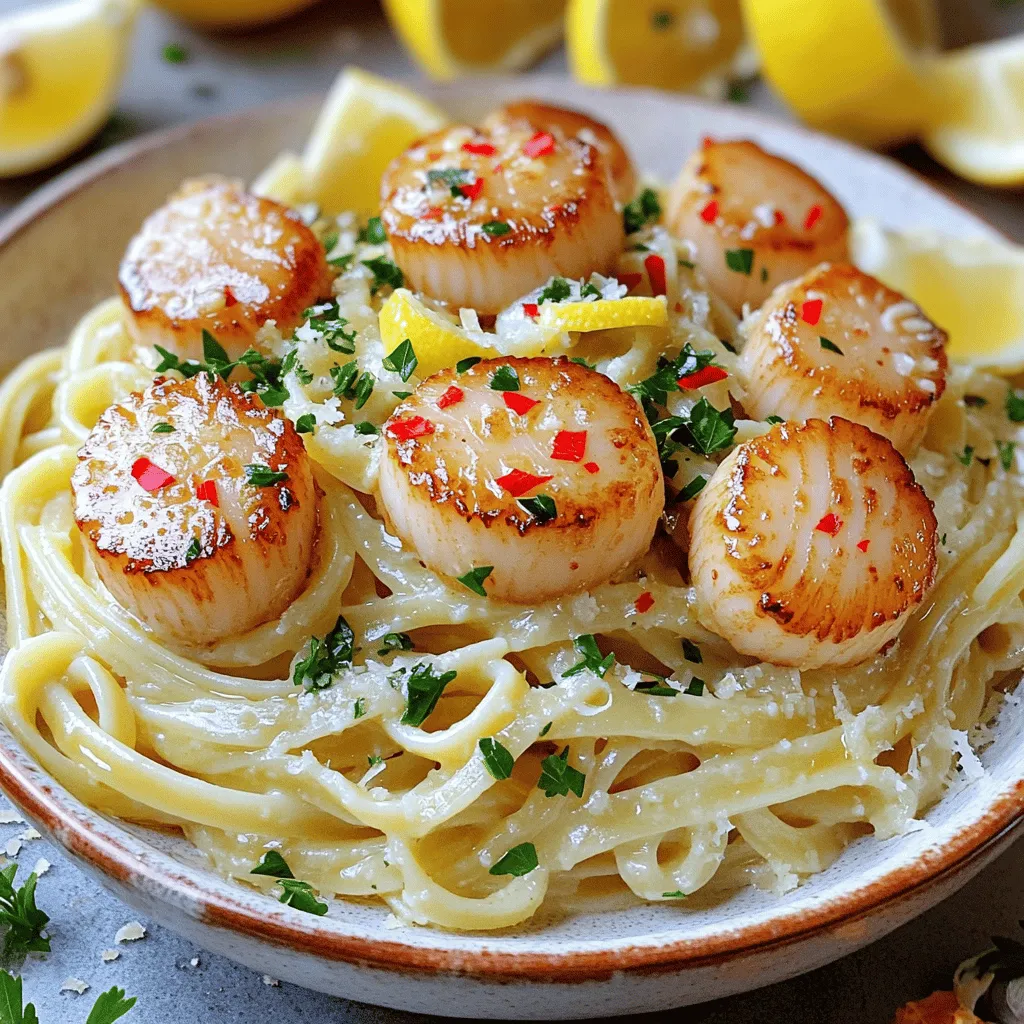 - 8 oz linguine pasta - 1 lb scallops, cleaned and patted dry - 4 tablespoons unsalted butter - 4 cloves garlic, minced - 1 teaspoon red pepper flakes (adjust for spice level) - 1 lemon (juice and zest) - 1/4 cup freshly chopped parsley - Salt and black pepper to taste - Optional: Grated Parmesan cheese for serving Gather all your ingredients before you start cooking. This makes the process easy and fun. First, you need 8 ounces of linguine pasta. This pasta is perfect for holding onto the sauce. Next, grab 1 pound of scallops. Make sure they are cleaned and patted dry for a nice sear. Now, let's talk about the star of the dish: garlic. Use 4 cloves of minced garlic. This will add a rich flavor. Next, you need 4 tablespoons of unsalted butter. The butter will create a creamy sauce when it melts. For a kick, add 1 teaspoon of red pepper flakes. You can adjust this based on how spicy you like your food. Then, squeeze in the juice and add the zest of 1 lemon. This adds brightness to the dish. You'll also need 1/4 cup of freshly chopped parsley. This adds color and freshness. Don't forget salt and black pepper to taste. Lastly, if you want to make it even more special, you can sprinkle some grated Parmesan cheese on top. It adds a nice touch. With these ingredients, you are ready to create a delicious garlic butter scallop linguine! Boiling Water and Salting Start by filling a large pot with water. Add a generous amount of salt to the water. This step is key for flavor. Bring the water to a rolling boil. Cooking Time and Texture Once boiling, add the linguine. Cook according to the package instructions. Aim for al dente, which means it should be firm but not hard. This usually takes about 8 to 10 minutes. Reserve 1/2 cup of the pasta water before draining the linguine. Preparation of Scallops Take the scallops and pat them dry using a paper towel. This helps them sear better. Season both sides with salt and black pepper for flavor. Searing Technique and Timing In a large skillet, melt 2 tablespoons of butter over medium-high heat. Once hot, add the scallops in a single layer. Do not overcrowd them! Sear for 2 to 3 minutes on each side until golden brown. Flip them carefully for the best crust. Once done, set the scallops aside. Melting Butter and Adding Garlic In the same skillet, lower the heat to medium. Add the remaining 2 tablespoons of butter. Let it melt, then add the minced garlic. Stir to combine. Adjusting Heat and Adding Spices Add red pepper flakes for a dash of heat. Sauté for 1 to 2 minutes until the garlic is fragrant and slightly golden. Watch closely so it doesn’t burn! Mixing Linguine and Sauce Now, add the drained linguine to the skillet. Toss it in the garlic butter sauce, making sure it’s well coated. Adding Scallops and Flavor Enhancers Pour in the reserved pasta water gradually. This helps create a smooth sauce. Return the scallops to the skillet. Squeeze in fresh lemon juice and add the zest for brightness. Toss gently to combine all flavors. Incorporating Fresh Ingredients Stir in freshly chopped parsley. This adds color and freshness. Adjusting Seasoning to Taste Taste the dish. If needed, adjust the seasoning with salt and black pepper. This final step ensures your dish is just right. - Avoiding Overcrowding the Skillet When you cook scallops, space is key. If you crowd them, they will steam instead of sear. This will ruin their nice crust. Cook them in batches if needed. Each scallop should have its own space for even cooking. - Tips for Achieving a Golden Crust For a great crust, start with dry scallops. Pat them with a paper towel before cooking. Use high heat to sear them quickly. Let them cook for about 2-3 minutes without moving them. Flip only when they are golden. This way, they will be crispy and delicious. - Suggested Seasonings and Variations Garlic and butter make a great base. You can add red pepper flakes for heat. Try using fresh herbs like basil or thyme for a twist. A splash of white wine can also enhance the flavor. Experiment to find what you like best. - Recommended Cheese Toppings Grated Parmesan cheese adds a nice touch. It melts slightly and gives a rich flavor. You can also try Pecorino Romano or even feta for a different taste. Sprinkle cheese right before serving for the best results. - Serving Suggestions Plate the linguine and scallops in shallow bowls. This makes the dish look fancy. You can add lemon wedges on the side for extra zest. The bright colors will make it more appealing. - Garnish for Visual Appeal Fresh parsley adds a pop of color. Chop it finely and sprinkle it on top. You can also add some extra red pepper flakes for a hint of color. A little sprinkle of cheese on top can also make it look gourmet. {{image_2}} If you want to switch things up, try using shrimp or fish. Both options add a nice twist to your dish. Shrimp cooks quickly and has a sweet flavor that pairs well with garlic butter. Just make sure to use large shrimp so they don’t overcook. For fish, I suggest using flaky white fish like cod or halibut. Cook it using the same method as the scallops for a delicious result. For a gluten-free version, swap the linguine with gluten-free pasta. There are many great options available today made from rice or chickpeas. These will give you a similar texture without the gluten. If you want a dairy-free dish, you can replace the butter with olive oil or a dairy-free butter substitute. This will keep your dish creamy and rich without the dairy. Add seasonal vegetables to your linguine for extra flavor and nutrition. Asparagus, zucchini, or cherry tomatoes work well. Just sauté them in the garlic butter before adding the pasta. Using fresh herbs can elevate your dish. If you have basil or oregano, sprinkle them in with the parsley. This adds a fresh taste that brightens the whole meal. To store leftover Garlic Butter Scallop Linguine, place it in an airtight container. Make sure the dish cools to room temperature first. This will help keep the pasta and scallops fresh. If you follow this method, the dish should last for about 2-3 days in the fridge. To reheat your delicious dish, use the stovetop method. Place the linguine and scallops in a skillet over low heat. You can add a splash of water or broth to keep it moist. Stir gently to avoid overcooking the scallops. It’s important to watch the heat. Scallops cook quickly. If they heat too long, they can become tough. Keep stirring until everything is warm. Enjoy your meal again without losing flavor! You can tell scallops are cooked by their color and texture. Properly cooked scallops are opaque and have a nice golden crust. They should feel firm but not rubbery. If they are translucent, they need more time. Searing them for about 2-3 minutes on each side usually does the trick. Keep an eye on them to avoid overcooking. Yes, you can prepare some parts ahead of time. Cook the linguine and scallops separately. Store them in airtight containers in the fridge. When you're ready to eat, just reheat and mix them with the garlic butter sauce. This way, you keep flavors fresh and avoid mushy pasta or scallops. If you don’t have linguine, you have many options. Spaghetti, fettuccine, or even penne work well. You can also use gluten-free pasta if you need. Explore whole grain or vegetable-based pasta for a twist. Each type will give a different texture and flavor, so choose what you like best! You now have a solid guide for creating Garlic Butter Scallop Linguine. We covered the key ingredients, step-by-step cooking methods, and helpful tips to perfect the dish. You learned how to elevate flavors, explore variations, and ensure proper storage. Remember, cooking is all about experimenting and enjoying the process. Use what you learned to create a delightful meal that impresses. Enjoy every bite!