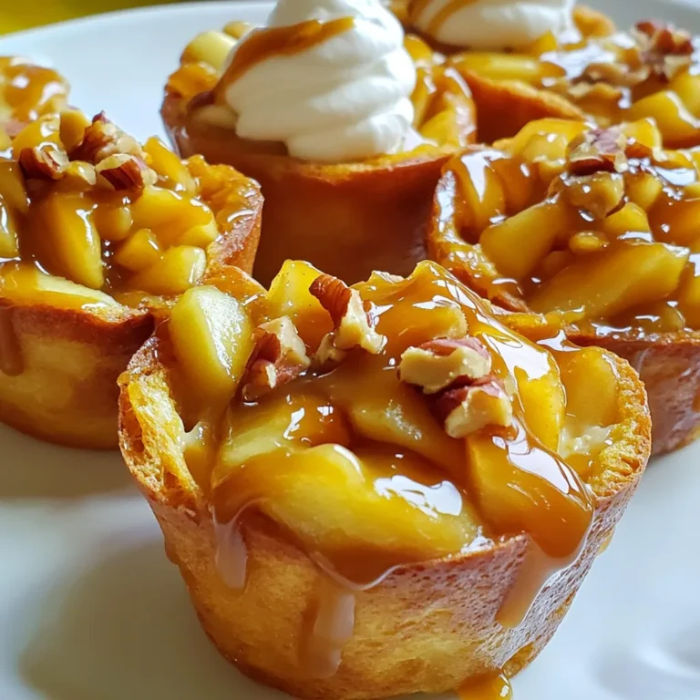 - 6 slices of bread (preferably challah or brioche) - 4 large eggs - 1 cup milk - 1 teaspoon vanilla extract - 1 teaspoon ground cinnamon - 2 tablespoons brown sugar - 2 apples, peeled, cored, and diced - 1 tablespoon butter - ½ cup caramel sauce - Whipped cream (optional) - Chopped nuts (optional) For the best results, I like to use challah or brioche bread. These breads are soft and soak up the egg mixture well. You need four large eggs for a rich custard. One cup of milk adds creaminess, but you can use any milk you prefer. To enhance flavor, add one teaspoon of vanilla extract and one teaspoon of ground cinnamon. The brown sugar, two tablespoons, will sweeten the mixture and balance the tartness of the apples. For the apple filling, two apples, peeled, cored, and diced, bring a fresh taste. I use a tablespoon of butter to sauté the apples, which makes them tender and sweet. Half a cup of caramel sauce is essential. You can use store-bought or homemade caramel. Finally, consider adding whipped cream and chopped nuts as toppings. They add fun textures and flavors. These ingredients come together to make a delightful treat everyone will love! 1. Preheat your oven to 350°F (175°C). This helps cook the cups evenly. 2. Grease a muffin tin with cooking spray or butter. This prevents sticking. 3. Cut each slice of bread into quarters. This creates small pieces for cups. 4. Gently press the bread pieces into the muffin tin. Make a cup shape. 1. In a mixing bowl, whisk together the eggs, milk, vanilla extract, ground cinnamon, and brown sugar. Mix until smooth. 2. In a skillet over medium heat, melt the butter. Add the diced apples and sauté for about 5 minutes. This softens the apples. 3. Stir in half of the caramel sauce. Coat the apples well and then remove from heat. 1. Pour the egg mixture over the bread cups. Ensure each cup is filled. 2. Spoon the caramel apple mixture into each cup. Distribute it evenly for the best flavor. 3. Bake in the preheated oven for 20-25 minutes. The tops should be golden, and the custard should set. 4. Once baked, allow the cups to cool for a few minutes. This makes removal easier. 5. Drizzle the remaining caramel sauce over each cup. Add whipped cream if you like. 6. Garnish with chopped nuts for a nice crunch. Enjoy your delicious treat! - Ensuring cups are evenly filled: When you pour the egg mixture over the bread, fill each cup to the top. This way, every bite is rich and custardy. Use a measuring cup for accuracy. - Avoiding over-baking for a custardy texture: Watch your time closely while baking. Bake for 20 to 25 minutes. Check for a golden top. A little jiggle in the center means it's perfect! - Alternative bread choices: You can use any bread you like! Sourdough, white, or even gluten-free bread works well. Just make sure it's thick enough to hold the filling. - Dairy-free options for milk and eggs: Swap regular milk for almond or oat milk. For eggs, consider using flax eggs or a dairy-free egg substitute. These options still give great flavor and texture. {{image_2}} You can add spices for a twist. Nutmeg and ginger bring warm flavors. Just a pinch can change your cups. Try adding these spices when you mix the egg mixture. You can also switch up the fruits. Pears or berries work great in this recipe. Simply replace the apples with your choice. This keeps things fresh and exciting. Homemade caramel sauce is a must-try. It’s easy to make and tastes amazing. Just melt sugar in a pan, then add cream and butter. Stir until smooth and pour it over your cups. You can also think about other toppings. Chocolate chips add a sweet crunch. Fresh fruit or nuts make great choices too. Get creative and top your French toast cups however you like! To keep your caramel apple French toast cups fresh, store them in an airtight container. Place parchment paper between layers to prevent sticking. You can refrigerate them for up to three days. If you want to keep them longer, consider freezing them. They stay good in the freezer for up to two months. To reheat, I recommend using an oven. Preheat it to 350°F (175°C). Place the cups on a baking sheet and cover them with foil. Heat for about 10-15 minutes. This method keeps the texture nice and helps avoid sogginess. You can also microwave them for quick warmth, but be careful not to overheat. Enjoy your delicious brunch treat! Yes, you can prepare the caramel apple French toast cups ahead of time. To do this, follow all the steps up to baking. Once you fill the muffin tin, cover it with plastic wrap and store it in the fridge. You can bake them the next morning. This way, you save time and still enjoy a fresh treat. I recommend using challah or brioche for this recipe. Both breads are soft, rich, and hold the custard well. You can also use other bread types like French or Texas toast if you prefer. Just make sure the bread is not too dry, or it might not absorb the custard properly. Yes, you can freeze the cups after baking. Let them cool completely, then place them in an airtight container. They will stay good for about one month. To reheat, just pop them in the oven at 350°F (175°C) for about 10 to 15 minutes. This keeps them warm and tasty. This blog post shared a fun recipe for caramel apple French toast cups. You learned about all the necessary ingredients, step-by-step instructions, and helpful tips. I also discussed tasty variations and safe storage methods. By following this guide, you can create a warm, delicious treat. Enjoy making these cups for breakfast or as a dessert. Share them with friends for a sweet surprise! Remember, experimenting with flavors can lead to new favorites. Happy baking!