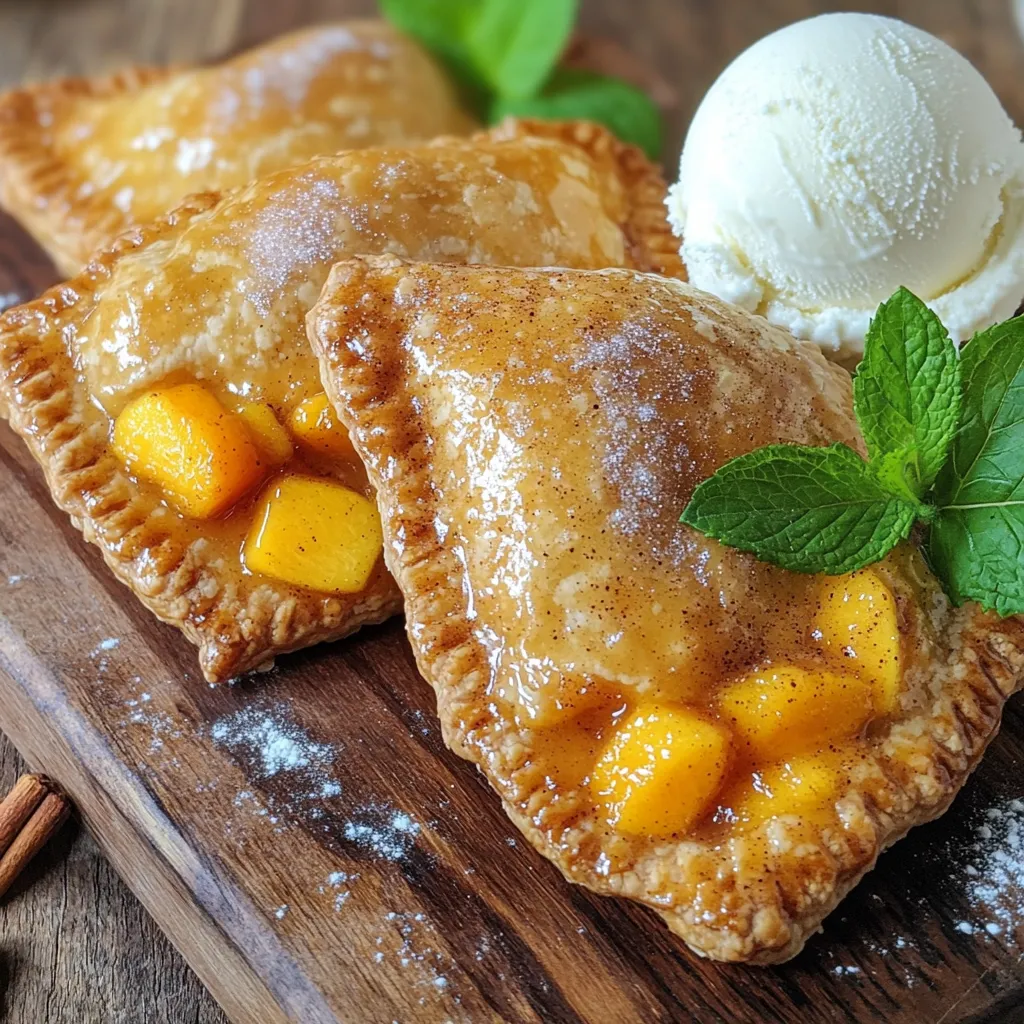 For this recipe, you need 2 ripe peaches. They should be fresh, juicy, and sweet. Peel and dice them into small pieces. This helps them cook evenly. A tablespoon of lemon juice adds brightness. It keeps the peaches from browning too. The lemon juice also enhances the sweet taste of the peaches. You will use 2 tablespoons of brown sugar. This sugar adds a deep, rich flavor. It melts into the peach filling, making it sweet and sticky. You also need 3 tablespoons of granulated sugar. This sugar is for coating the hand pies. It gives a sweet crunch on top. Don’t forget 1 teaspoon of ground cinnamon. Cinnamon adds warmth and spice to the flavor. For the crust, use one sheet of pie crust. You can buy it or make your own. The crust should be easy to work with. It holds the peach filling nicely. You will also need 1 tablespoon of cornstarch. This thickens the filling and keeps it from being runny. It helps make the hand pies crisp and delicious. To start, gather your ingredients. You need two ripe peaches, diced small. Add one tablespoon of lemon juice to keep them fresh. Then mix in two tablespoons of brown sugar. This adds sweetness. Next, sprinkle in one teaspoon of ground cinnamon for warmth. Finally, stir in one tablespoon of cornstarch. This helps thicken the filling. Mix everything well and set it aside. Let the flavors blend together for about ten minutes. Now, it’s time to assemble. Roll out your pie crust on a floured surface. Cut the crust into squares or circles, about four inches wide. Take one piece and place a spoonful of your peach filling in the center. Fold the crust over to make a triangle or half-moon shape. Press the edges to seal. Use a fork to crimp the edges for a nice look. This step also keeps the filling inside. Brush the tops with a beaten egg for shine. Preheat your air fryer to 350°F (175°C). Arrange the hand pies in the basket in a single layer. Make sure they have space around them. You may need to cook them in batches. Air fry for ten to twelve minutes. Flip them halfway through for even cooking. They are done when golden brown and crispy. Once cooked, carefully remove them and let them cool slightly. Enjoy these delightful treats warm. To get a golden crust, brush your pies with a beaten egg. This gives them a shiny finish. Make sure your air fryer is preheated to 350°F (175°C) for even cooking. Space the hand pies apart so they cook well. Flip them halfway through cooking for a crisp crust all around. Want to add more flavor? Try adding a pinch of nutmeg to your peach filling. You can also mix in some vanilla extract for extra sweetness. If you don’t have peaches, use other fruits like apples or berries. They work great too! You can swap brown sugar for white sugar if needed. If the hand pies burst open, ensure you seal the edges well. A fork can help crimp them securely. If they are not browning enough, check your air fryer temperature. They may need a minute or two more. If you find them too sweet, cut back on the sugar in the filling next time. {{image_2}} You can switch peaches for other fruits. Apples, berries, and cherries work great. Each fruit gives a new flavor. For apples, add a bit of nutmeg. For berries, use less sugar. You can mix fruits too. A peach and berry mix is always a hit. If you want to change the taste, try different sweeteners. Use honey or maple syrup for a twist. You can also add spices for depth. Try ginger or nutmeg along with cinnamon. These add warmth and flavor to your hand pies. Making these hand pies vegan is easy. Use a plant-based egg wash like almond milk. For a gluten-free option, choose a gluten-free pie crust. Make sure to check the ingredients. These changes keep the taste while fitting your diet. Enjoy your hand pies without worry! To store leftover hand pies, let them cool first. Place them in an airtight container. You can keep them at room temperature for two days. For longer storage, refrigerate them. They will last in the fridge for up to five days. When you want to enjoy the hand pies again, preheat your air fryer to 350°F (175°C). Place the hand pies in the basket. Heat them for about 5-7 minutes. This will make them warm and crispy again. You can also reheat them in a regular oven at the same temperature. If you want to freeze the hand pies, do it before you bake them. Place the unbaked hand pies on a baking sheet. Freeze them until firm, then transfer to a freezer bag. They will stay fresh for up to three months. When ready to bake, cook them straight from the freezer. Just add a few extra minutes to the cooking time. Enjoy your homemade treat anytime! Yes, you can use frozen peaches. They work well in this recipe. Just thaw and drain them before using. Frozen peaches can add a nice texture and flavor too. If they seem too watery, add a bit more cornstarch to help thicken the filling. This way, your hand pies will stay crisp. The hand pies are done when they turn golden brown. Air fry them for 10-12 minutes at 350°F (175°C). Flip them halfway through cooking for even browning. Look for a crispy crust and a bubbly filling. If they look a bit pale, give them an extra minute or two. Trust your eyes! Yes, you can make the crust from scratch! Use flour, butter, and water to create a simple dough. Roll it out to the right thickness. It will take a bit more time, but the taste is worth it. Homemade crust can have a nice, flaky texture that pairs perfectly with the peach filling. Just remember to chill the dough before you roll it out! This blog post outlined how to make delicious peach hand pies. We covered fresh ingredients like peaches and lemon juice, sweeteners, and the essential crust. I shared step-by-step instructions on preparing, assembling, and air frying your hand pies. For the best results, I shared tips on achieving the perfect crust and common troubleshooting. You can also explore variations with different fruits and storage tips for leftovers. Now you have everything you need to create tasty treats that you can enjoy anytime. Happy baking!