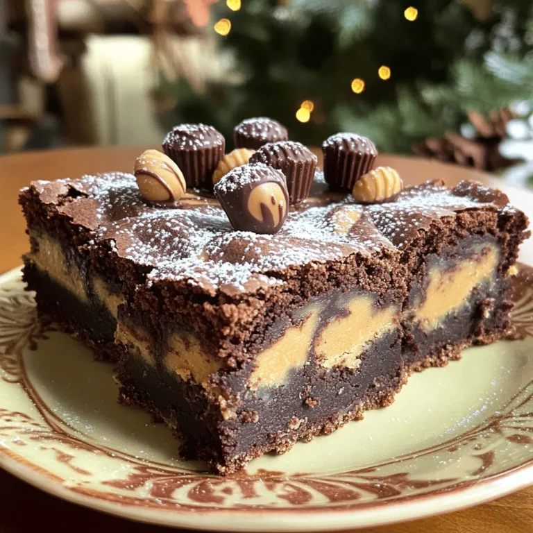 - 1 cup unsalted butter, melted - 1 cup granulated sugar - 1/2 cup brown sugar, packed - 4 large eggs - 1 teaspoon vanilla extract - 1 cup all-purpose flour - 1/2 cup cocoa powder - 1/2 teaspoon baking powder - 1/4 teaspoon salt - 1 cup creamy peanut butter - 1/2 cup powdered sugar - 1 cup mini peanut butter cups, chopped - 1/2 cup chocolate chips (optional for topping) These ingredients come together to make a rich and tasty treat. Start with unsalted butter. It gives the best flavor without extra salt. The mix of granulated and brown sugar helps create a sweet, chewy texture. The eggs add moisture and bind the brownie bars. Vanilla extract brings a warm flavor that enhances the chocolate. Flour and cocoa powder form the base of our brownies. Baking powder adds a little lift, while salt balances the sweetness. Don't forget the creamy peanut butter! It creates a swirled topping that pairs perfectly with chocolate. The mini peanut butter cups add delightful pockets of flavor. If you want an extra chocolatey touch, sprinkle chocolate chips on top. With these ingredients, you're set for a delicious baking adventure. Each element plays a role in creating the perfect peanut butter cup brownie bars. 1. Preheating the oven Set your oven to 350°F (175°C). This step helps the brownies bake evenly. 2. Preparing the baking pan Grab a 9x13 inch baking pan. Line it with parchment paper. Leave some paper hanging over the edges. This makes it easy to lift the brownies out later. 1. Mixing wet ingredients In a big bowl, mix the melted butter, granulated sugar, and brown sugar. Whisk until smooth. Add the large eggs, one by one. Whisk well after each egg. Now, stir in the vanilla extract. 2. Incorporating dry ingredients and add-ins In another bowl, whisk together the flour, cocoa powder, baking powder, and salt. Gradually add this dry mix to the wet mix. Stir gently until just combined. Now, fold in the chopped mini peanut butter cups. Make sure they are evenly spread through the batter. 1. Pouring the batter into the pan Pour the brownie batter into the prepared pan. Spread it out evenly with a spatula. 2. Swirling peanut butter topping In a small bowl, mix the creamy peanut butter with powdered sugar until smooth. Drop spoonfuls of this mix over the brownie batter. Use a knife to swirl it gently for a marbled look. 3. Baking and cooling instructions Bake in the preheated oven for 25-30 minutes. Check with a toothpick in the center. If it comes out with a few moist crumbs, they are done. Let the brownies cool completely in the pan. Once cool, use the parchment paper to lift them out. Slice into squares or bars. - Checking doneness: To check if your brownies are done, use a toothpick. Insert it into the center. If it comes out with a few moist crumbs, they are ready. If it comes out clean, they may be overbaked. Aim for that perfect crumb! - Avoiding overmixing: When you mix the wet and dry ingredients, stir gently. Overmixing can make your brownies tough. Just mix until you see no dry flour. This helps keep them soft and delicious. - Presentation tips for serving: Slice the cooled brownie bars into squares. Serve them on a decorative plate for a pretty look. Dust with powdered sugar for a sweet touch. You can also add whole mini peanut butter cups on top to make them pop! - Ideal pairings with beverages: These brownie bars pair well with milk, coffee, or even a scoop of vanilla ice cream. A warm drink with these treats creates a cozy experience. Try it, and you might find your new favorite combo! - Tips if brownies are too dry: If your brownies turn out dry, next time try baking for a shorter time. You can also add a bit more melted butter for moisture. Another trick is to cover them with foil halfway through baking to prevent too much dryness. - Overcoming stickiness in the pan: If your brownies stick, make sure to line the pan with parchment paper. Leave some overhang to lift them out easily. If they still stick, let them cool longer before cutting. A sharp knife helps too! {{image_2}} You can get creative with your Peanut Butter Cup Brownie Bars. Try adding nuts or seeds for crunch. Chopped walnuts or almonds work great. You could also throw in chia seeds or sunflower seeds for a healthy twist. Experimenting with different types of chocolate can change the taste. Use dark chocolate chips for a rich flavor. White chocolate chips add a sweet touch. Mixing chocolate types can give you a fun layered flavor. If you need gluten-free options, swap all-purpose flour for almond flour. This will keep the bars tasty and moist. You can also use gluten-free flour blends that are easy to find. For vegan options, replace the eggs with flax eggs. Mix one tablespoon of flaxseed meal with three tablespoons of water for each egg. Use a plant-based butter and dairy-free chocolate chips. Your bars will still taste great! Layering these brownie bars with other desserts can be fun. Try adding ice cream on top for a sundae twist. You can also layer them with cheesecake for a rich dessert. For holiday-themed adaptations, add festive sprinkles or colors. You could use peppermint extract for a holiday flavor. During Halloween, add orange and black sprinkles for fun! You can store your peanut butter cup brownie bars at room temperature or in the fridge. If you choose room temperature, keep them in a cool, dry place. They will stay fresh for a few days. For longer freshness, put them in the fridge. Make sure to place them in an airtight container. This helps keep moisture out and the brownies soft. If you don't have one, wrap them tightly in plastic wrap. To freeze brownie bars, first cut them into squares. Place them in a single layer on a baking sheet. Freeze them for about an hour. After they are firm, move them to a freezer-safe bag. When you want to eat them, take out the number you need. Let them thaw in the fridge overnight or at room temperature for a couple of hours. This way, they will taste fresh again. These delicious brownie bars can last about a week at room temperature. In the fridge, they can stay fresh for up to two weeks. If you freeze them, they can last for three months. Just remember to check for any signs of freezer burn before eating. Can I use natural peanut butter? Yes, you can use natural peanut butter in this recipe. Natural peanut butter adds a nice flavor. Keep in mind that it may have a different texture. Stir it well before using to mix in the oil. Can I make these in advance? Absolutely! You can make these brownie bars a day ahead. Cool them completely and store them in an airtight container. They taste even better after a day in the fridge! How do I know when the brownies are done? To check if the brownies are done, use a toothpick. Insert it into the center. If it comes out with a few moist crumbs, they're ready. If it comes out wet, bake for a few more minutes. Can I substitute ingredients in the recipe? Yes, you can substitute ingredients! For example, you could use dark brown sugar instead of light brown sugar. You could also swap the mini peanut butter cups for chocolate chips if you prefer. Just keep the main components the same for best results. This recipe for peanut butter brownies covers everything you need. We explored the ingredients, step-by-step instructions, and helpful tips for baking success. You learned about fun variations and how to store your brownies for freshness. These brownies are easy to make and delicious. With practice, you can enjoy tasty treats any time. Experiment with flavors and share with friends. Your baking journey can create sweet memories.