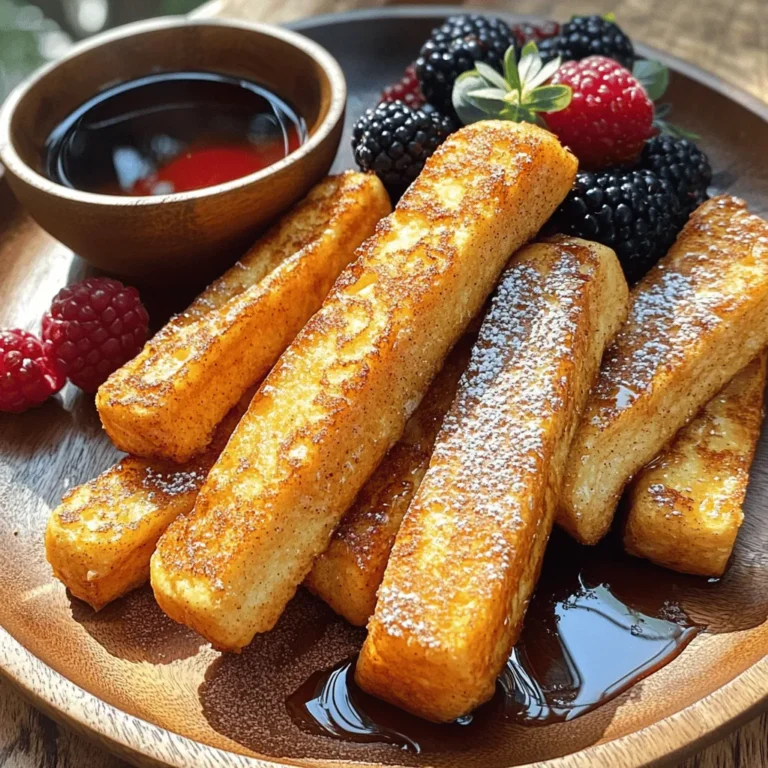 To make Air Fryer French Toast Sticks, gather these items: - 6 slices of thick bread (brioche or Texas toast works best) - 2 large eggs - 1/2 cup milk (or almond milk for a dairy-free option) - 1 teaspoon vanilla extract - 1 teaspoon ground cinnamon - 1 tablespoon brown sugar - 1/4 teaspoon salt - Cooking spray - Maple syrup (for serving) - Fresh berries (optional, for garnish) You can switch up some ingredients if needed. Use coconut milk instead of almond milk. To make it vegan, replace eggs with flaxseed meal mixed with water. For a low-sugar option, skip brown sugar or use a sugar substitute. You can also try other spices, like nutmeg, for a different flavor. Thick bread works best for French toast sticks. Brioche and Texas toast are great choices. They soak up the egg mixture well and hold their shape. Avoid thin bread as it may fall apart. Stale bread can work, too, as it absorbs liquid better. Always look for bread that feels soft yet sturdy. Start by preheating your air fryer to 400°F (200°C) for 3-5 minutes. Next, grab a large bowl and whisk together: - 2 large eggs - 1/2 cup milk (or almond milk) - 1 teaspoon vanilla extract - 1 teaspoon ground cinnamon - 1 tablespoon brown sugar - 1/4 teaspoon salt This mix gives the sticks a great flavor. Now, take 6 slices of thick bread, like brioche or Texas toast. Cut each slice into four equal sticks. Dip each stick in your egg mixture. Make sure it’s fully coated. Allow any extra mix to drip off. Lightly spray the air fryer basket with cooking spray. This step stops the sticks from sticking. Place the French toast sticks in a single layer. Don’t overcrowd them; give them space to cook evenly. Cook the sticks for 6-8 minutes. Flip them halfway through to ensure they cook well on both sides. They should be golden brown and crispy when done. Once cooked, remove the sticks from the air fryer. Serve them warm with maple syrup. Fresh berries make a nice garnish, too. They add a pop of color and flavor. Enjoy your tasty treat! To get the best crisp, use thick bread. Brioche or Texas toast works great. Cut the bread into even sticks. This helps them cook evenly. After dipping them in the egg mix, let excess drip off. Space them out in the air fryer. Overcrowding makes them soggy. Flip them halfway through cooking. This ensures both sides get crispy. If your French toast sticks come out soggy, check your bread. Using stale bread can help. It soaks up the mix better. If they burn, lower the temperature. Not all air fryers cook the same. Keep an eye on them, especially the first time. For uneven cooking, try shaking the basket. This will help them cook evenly. You can change the flavor with simple add-ins. Try adding chocolate chips for sweetness. You can also mix in berries for a fruity touch. For a spicier kick, add more cinnamon or nutmeg. If you like a nutty taste, sprinkle some chopped nuts on top. These small changes can make a big difference! {{image_2}} You can make Air Fryer French toast sticks fun with flavors. Here are some ideas: - Chocolate Chip: Add mini chocolate chips into the egg mixture. They melt and create a sweet surprise. - Peanut Butter: Spread peanut butter on the bread before cutting. This adds a nutty taste. - Cinnamon Sugar: Mix sugar and cinnamon together. Sprinkle it on top after frying for extra sweetness. - Banana: Mash a banana and mix it into the egg mixture. It gives a fruity twist. If you have dietary needs, you can still enjoy these sticks: - Vegan: Replace eggs with flaxseed meal and use almond milk. Just mix one tablespoon of flaxseed meal with three tablespoons of water. - Gluten-Free: Use gluten-free bread instead of regular bread. It still tastes great and has a nice texture. - Dairy-Free: Use almond milk or oat milk in the recipe. Both work well and keep it creamy. Pair your French toast sticks with tasty toppings: - Maple Syrup: This classic choice is always a hit. Drizzle it generously on your sticks. - Fresh Berries: Strawberries, blueberries, or raspberries add a pop of color and flavor. They make the dish look vibrant. - Whipped Cream: A dollop of whipped cream makes everything sweeter and creamier. - Nutella: For a chocolatey treat, dip the sticks in Nutella. It adds a luxurious touch. These variations and ideas will keep your meals exciting and delicious! You can store leftover French toast sticks in an airtight container. They stay fresh in the fridge for up to three days. Make sure they cool down first. This keeps them from getting soggy. To reheat, use the air fryer again. Set it to 350°F (175°C). Heat the sticks for about 3-5 minutes. This makes them crispy again. You can also use a microwave, but they won’t be as crunchy. Yes, you can freeze them! Place the cooled sticks in a single layer on a baking sheet. Freeze for about 1-2 hours. Then, transfer them to a freezer bag. They last up to two months in the freezer. When you want to eat them, cook straight from frozen in the air fryer. Enjoy a quick, tasty snack! Yes, you can use regular bread. However, thick bread like brioche or Texas toast gives a better outcome. Thick bread soaks up the egg mixture well and stays soft inside. Regular bread might get too crispy and not hold its shape. To stop your French toast sticks from sticking, spray the air fryer basket with cooking spray. This step is crucial. Make sure to coat it evenly before adding the sticks. Also, avoid overcrowding the basket. This helps them cook well without sticking together. You can indeed make them ahead of time. Prepare the sticks and store them in the fridge. When you’re ready to eat, just pop them into the air fryer. This works well for busy mornings or meal prep. Air fryer French toast sticks go great with maple syrup. You can also add fresh berries for a fruity touch. Other options include whipped cream, yogurt, or even a dusting of powdered sugar. Get creative with toppings! Yes, you can bake them in the oven. Preheat your oven to 375°F (190°C). Place the sticks on a baking sheet lined with parchment paper. Bake them for about 15-20 minutes, flipping halfway. They may not be as crispy, but they will still taste great! You learned about making delicious French toast sticks using an air fryer. We covered the key ingredients, cooking steps, and tips for that perfect crunch. You also discovered fun variations, storage tips, and answers to common questions. These sticks are easy to make and can fit any taste. You can enjoy them sweet or savory. So, gather your ingredients and get cooking. Your new favorite breakfast is just a step away!