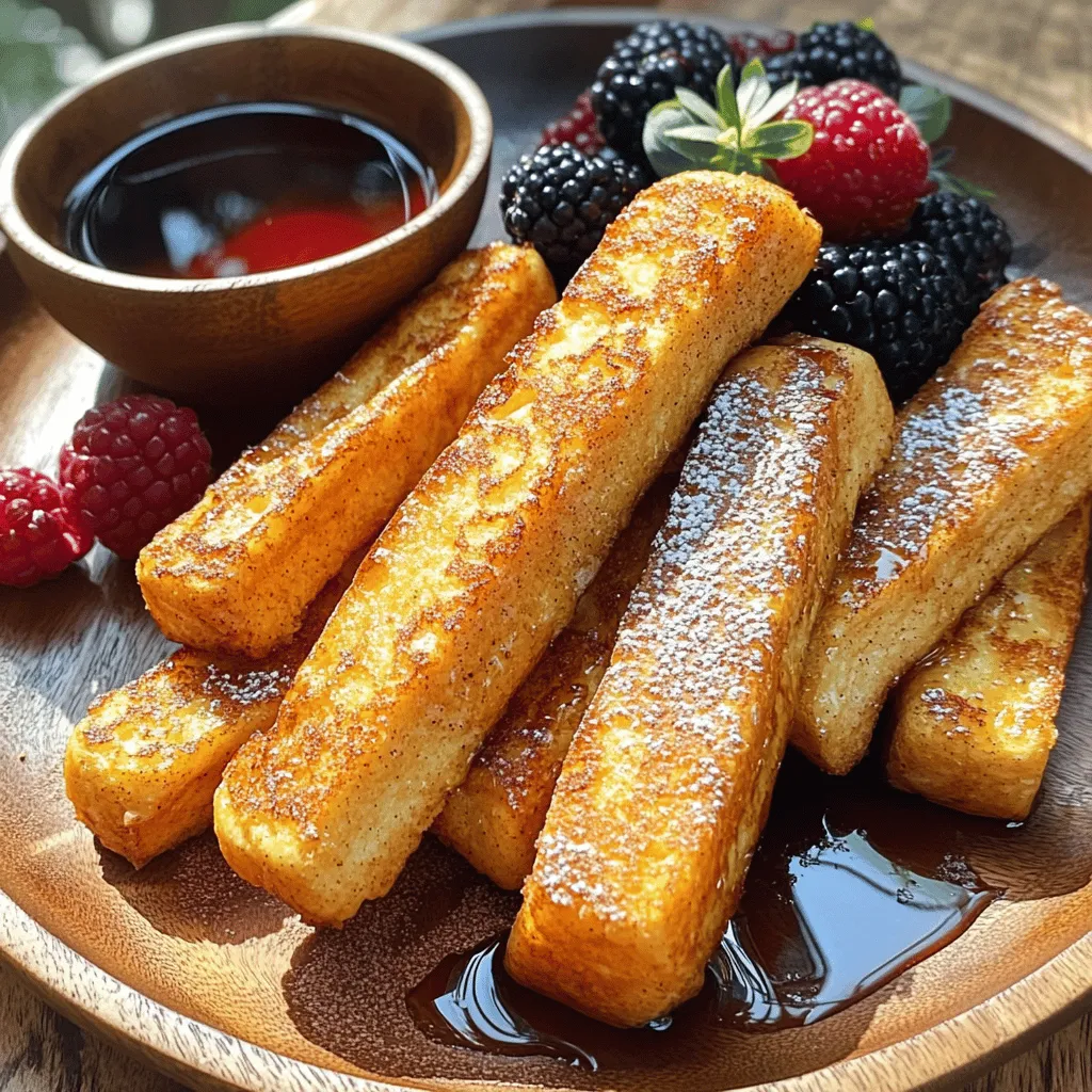 To make Air Fryer French Toast Sticks, gather these items: - 6 slices of thick bread (brioche or Texas toast works best) - 2 large eggs - 1/2 cup milk (or almond milk for a dairy-free option) - 1 teaspoon vanilla extract - 1 teaspoon ground cinnamon - 1 tablespoon brown sugar - 1/4 teaspoon salt - Cooking spray - Maple syrup (for serving) - Fresh berries (optional, for garnish) You can switch up some ingredients if needed. Use coconut milk instead of almond milk. To make it vegan, replace eggs with flaxseed meal mixed with water. For a low-sugar option, skip brown sugar or use a sugar substitute. You can also try other spices, like nutmeg, for a different flavor. Thick bread works best for French toast sticks. Brioche and Texas toast are great choices. They soak up the egg mixture well and hold their shape. Avoid thin bread as it may fall apart. Stale bread can work, too, as it absorbs liquid better. Always look for bread that feels soft yet sturdy. Start by preheating your air fryer to 400°F (200°C) for 3-5 minutes. Next, grab a large bowl and whisk together: - 2 large eggs - 1/2 cup milk (or almond milk) - 1 teaspoon vanilla extract - 1 teaspoon ground cinnamon - 1 tablespoon brown sugar - 1/4 teaspoon salt This mix gives the sticks a great flavor. Now, take 6 slices of thick bread, like brioche or Texas toast. Cut each slice into four equal sticks. Dip each stick in your egg mixture. Make sure it’s fully coated. Allow any extra mix to drip off. Lightly spray the air fryer basket with cooking spray. This step stops the sticks from sticking. Place the French toast sticks in a single layer. Don’t overcrowd them; give them space to cook evenly. Cook the sticks for 6-8 minutes. Flip them halfway through to ensure they cook well on both sides. They should be golden brown and crispy when done. Once cooked, remove the sticks from the air fryer. Serve them warm with maple syrup. Fresh berries make a nice garnish, too. They add a pop of color and flavor. Enjoy your tasty treat! To get the best crisp, use thick bread. Brioche or Texas toast works great. Cut the bread into even sticks. This helps them cook evenly. After dipping them in the egg mix, let excess drip off. Space them out in the air fryer. Overcrowding makes them soggy. Flip them halfway through cooking. This ensures both sides get crispy. If your French toast sticks come out soggy, check your bread. Using stale bread can help. It soaks up the mix better. If they burn, lower the temperature. Not all air fryers cook the same. Keep an eye on them, especially the first time. For uneven cooking, try shaking the basket. This will help them cook evenly. You can change the flavor with simple add-ins. Try adding chocolate chips for sweetness. You can also mix in berries for a fruity touch. For a spicier kick, add more cinnamon or nutmeg. If you like a nutty taste, sprinkle some chopped nuts on top. These small changes can make a big difference! {{image_2}} You can make Air Fryer French toast sticks fun with flavors. Here are some ideas: - Chocolate Chip: Add mini chocolate chips into the egg mixture. They melt and create a sweet surprise. - Peanut Butter: Spread peanut butter on the bread before cutting. This adds a nutty taste. - Cinnamon Sugar: Mix sugar and cinnamon together. Sprinkle it on top after frying for extra sweetness. - Banana: Mash a banana and mix it into the egg mixture. It gives a fruity twist. If you have dietary needs, you can still enjoy these sticks: - Vegan: Replace eggs with flaxseed meal and use almond milk. Just mix one tablespoon of flaxseed meal with three tablespoons of water. - Gluten-Free: Use gluten-free bread instead of regular bread. It still tastes great and has a nice texture. - Dairy-Free: Use almond milk or oat milk in the recipe. Both work well and keep it creamy. Pair your French toast sticks with tasty toppings: - Maple Syrup: This classic choice is always a hit. Drizzle it generously on your sticks. - Fresh Berries: Strawberries, blueberries, or raspberries add a pop of color and flavor. They make the dish look vibrant. - Whipped Cream: A dollop of whipped cream makes everything sweeter and creamier. - Nutella: For a chocolatey treat, dip the sticks in Nutella. It adds a luxurious touch. These variations and ideas will keep your meals exciting and delicious! You can store leftover French toast sticks in an airtight container. They stay fresh in the fridge for up to three days. Make sure they cool down first. This keeps them from getting soggy. To reheat, use the air fryer again. Set it to 350°F (175°C). Heat the sticks for about 3-5 minutes. This makes them crispy again. You can also use a microwave, but they won’t be as crunchy. Yes, you can freeze them! Place the cooled sticks in a single layer on a baking sheet. Freeze for about 1-2 hours. Then, transfer them to a freezer bag. They last up to two months in the freezer. When you want to eat them, cook straight from frozen in the air fryer. Enjoy a quick, tasty snack! Yes, you can use regular bread. However, thick bread like brioche or Texas toast gives a better outcome. Thick bread soaks up the egg mixture well and stays soft inside. Regular bread might get too crispy and not hold its shape. To stop your French toast sticks from sticking, spray the air fryer basket with cooking spray. This step is crucial. Make sure to coat it evenly before adding the sticks. Also, avoid overcrowding the basket. This helps them cook well without sticking together. You can indeed make them ahead of time. Prepare the sticks and store them in the fridge. When you’re ready to eat, just pop them into the air fryer. This works well for busy mornings or meal prep. Air fryer French toast sticks go great with maple syrup. You can also add fresh berries for a fruity touch. Other options include whipped cream, yogurt, or even a dusting of powdered sugar. Get creative with toppings! Yes, you can bake them in the oven. Preheat your oven to 375°F (190°C). Place the sticks on a baking sheet lined with parchment paper. Bake them for about 15-20 minutes, flipping halfway. They may not be as crispy, but they will still taste great! You learned about making delicious French toast sticks using an air fryer. We covered the key ingredients, cooking steps, and tips for that perfect crunch. You also discovered fun variations, storage tips, and answers to common questions. These sticks are easy to make and can fit any taste. You can enjoy them sweet or savory. So, gather your ingredients and get cooking. Your new favorite breakfast is just a step away!