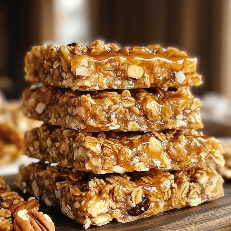 To make Maple Pecan Sticky Granola Bars, gather these items: - 2 cups rolled oats - 1 cup pecans, roughly chopped - 1/2 cup unsweetened shredded coconut - 1/2 cup natural peanut butter (or almond butter) - 1/2 cup pure maple syrup - 1/4 cup honey (or agave syrup for a vegan option) - 1/2 teaspoon vanilla extract - 1/4 teaspoon salt - 1/2 cup dried cranberries or raisins (optional) - 1/4 cup mini chocolate chips (optional) These ingredients blend well for a tasty and chewy bar. If you have allergies or dietary needs, swaps can help. For nut allergies, use sunflower seed butter instead of peanut butter. This gives a similar texture without nuts. You can also replace honey with agave syrup for a vegan option. If you prefer gluten-free options, make sure your oats are labeled gluten-free. Want to make these bars even better? Here are some fun add-ins: - Dried fruit: Try adding apricots, figs, or apples for extra sweetness. - Seeds: Chia seeds or pumpkin seeds give a crunch and boost nutrition. - Spices: A pinch of cinnamon or nutmeg can add warmth to the flavor. These options allow you to customize your bars to match your taste. Start by preheating your oven to 350°F (175°C). While it warms up, take an 8x8 inch baking pan. Line it with parchment paper, leaving some paper hanging over the edges. This makes it easy to lift the bars out later. In a large bowl, add 2 cups of rolled oats, 1 cup of chopped pecans, and 1/2 cup of shredded coconut. Stir these dry ingredients together until they mix well. This will be the base of your granola bars. Grab a microwave-safe bowl and add 1/2 cup of peanut butter, 1/2 cup of maple syrup, 1/4 cup of honey, 1/2 teaspoon of vanilla extract, and 1/4 teaspoon of salt. Microwave this mixture for about 30 seconds. It should be warm and easy to stir. Mix until it is smooth and well combined. Pour the warm wet mixture over the dry ingredients in the large bowl. Stir everything together until the oats and nuts are well coated. If you want, fold in 1/2 cup of cranberries or mini chocolate chips. Next, transfer this mixture to your baking pan. Press it down firmly with a spatula or your hands. Make sure it is an even layer. Now, place the pan in the oven. Bake for 20 to 25 minutes until the edges turn golden brown. Keep an eye on it so it doesn't burn. Once baked, take the pan out of the oven. Let it cool in the pan for at least 15 minutes. After that, use the parchment paper to lift the bars out of the pan. Place them on a wire rack to cool completely. Once cool, cut them into squares or rectangles. Enjoy your tasty snack! To get the right texture, use fresh ingredients. Old oats can make your bars dry. Mix well to coat all the oats and nuts. A sticky mixture helps hold the bars together. Press the mixture firmly into the pan. This helps shape them better when baked. Even baking is key for great granola bars. Make sure your oven is preheated to the right temperature. Use an 8x8 inch pan for even heat. Check the bars at 20 minutes. Look for golden edges, which mean they are done. If the center is soft, bake a few more minutes. For serving, stack the bars on a nice platter. Drizzle extra maple syrup on top for shine. A sprinkle of chopped pecans adds color and crunch. You can also wrap them in parchment for a cute gift. These bars are perfect for snacks or breakfast on the go! {{image_2}} If you want to make a nut-free version, you can swap out the pecans. Use seeds like sunflower or pumpkin seeds instead. They add crunch and nutrition. You can also increase the amount of coconut in your mix. This keeps the texture fun and chewy. For a vegan twist, use agave syrup instead of honey. Choose almond or sunflower seed butter to replace peanut butter. This keeps your bars plant-based and just as tasty. Plus, use dairy-free chocolate chips if you want to add chocolate. You can change up the flavor to keep things exciting. Try adding mini chocolate chips for a sweet treat. Dried fruit like apricots or mango can add a fruity zing. You might even want to sprinkle in some cinnamon or nutmeg for warmth. Each new flavor makes your granola bars unique! Store your Maple Pecan Sticky Granola Bars in an airtight container. This keeps them fresh and tasty. You can stack the bars between sheets of parchment paper. This will prevent them from sticking together. Make sure to place the container in a cool, dry place. Avoid storing them near heat or moisture. These granola bars will stay fresh for up to one week. After that, they may lose some flavor and texture. If you want to keep them longer, consider freezing them. You can easily make a big batch and enjoy them over time. To freeze your granola bars, cut them into squares first. Wrap each bar in plastic wrap or foil. Then, place the wrapped bars in a freezer-safe bag. This way, they stay protected. You can freeze them for up to three months. When you want to eat one, just take it out and let it thaw at room temperature. Enjoy a quick and healthy snack anytime! Yes, you can use different nuts. Almonds, walnuts, or cashews work well. Just chop them roughly, like the pecans. Each nut adds its own flavor. So, feel free to experiment and find your favorite mix. To get a crunchier texture, bake them a bit longer. Keep an eye on them to avoid burning. Press the mixture down firmly in the pan before baking. This helps them hold together and get crisp. Let them cool completely before cutting. This step is key for crunch! If you don’t have maple syrup, honey is a great choice. Agave syrup works too, especially for a vegan option. Both options will keep the bars sticky and sweet. Just remember that each syrup has its own taste, which will change the flavor a bit. These granola bars are a healthy snack option. They contain oats, nuts, and natural sweeteners. Oats provide fiber, while nuts offer healthy fats. If you add dried fruit, you get more vitamins. Just watch the portion size, as they are still a treat! You learned how to make delicious granola bars today. We discussed ingredients, steps, and helpful tips. Knowing how to adjust flavors and textures lets you personalize your bars. Remember to store them properly for freshness. With these tips, you can create tasty snacks that fit your needs. Enjoy experimenting with variations and share your treats with others. Keep these ideas handy as you bake, and enjoy the process!