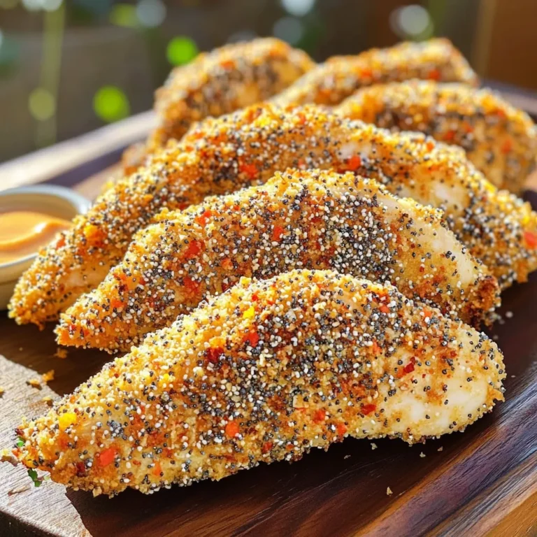- 1 lb chicken tenders - 1 cup all-purpose flour - 2 large eggs, beaten - 1 cup breadcrumbs (preferably panko for extra crunch) - 2 tablespoons everything bagel seasoning - 1 teaspoon garlic powder - 1 teaspoon onion powder - Salt and pepper to taste - Cooking spray Gathering these ingredients sets you up for success. The chicken tenders are the star of the dish. They are juicy and tender, perfect for breading. The all-purpose flour helps the egg stick, giving a nice base for the coating. Be sure to use panko breadcrumbs; they give a great crunch and texture. The everything bagel seasoning adds a burst of flavor, making each bite special. The garlic and onion powder enhance the taste, while salt and pepper bring balance. A light spray of cooking oil helps everything crisp up beautifully in the air fryer. Each ingredient plays a role, making this dish a delight to eat. First, preheat your air fryer to 400°F (200°C). This step helps the chicken cook evenly and get crispy. While the air fryer heats, set up your breading station. You will need three shallow dishes for this process. - In the first dish, add 1 cup of all-purpose flour. - In the second dish, beat 2 large eggs until they are smooth. - In the third dish, mix 1 cup of breadcrumbs, 2 tablespoons of everything bagel seasoning, 1 teaspoon of garlic powder, 1 teaspoon of onion powder, salt, and pepper. Now, it's time to coat the chicken tenders. Take one chicken tender and dip it into the flour. Make sure to coat it well and shake off any extra flour. This helps the egg stick better. Next, dip the floured chicken into the beaten eggs. The egg should cover the chicken completely. This step adds moisture and allows the crumbs to stick. Finally, roll the chicken tender in the breadcrumb mixture. Press gently to make sure the crumbs stick well. This creates a nice crunchy layer on your chicken. After breading, arrange the chicken tenders in a single layer in the air fryer basket. Be careful not to overcrowd them, or they won't cook evenly. You may need to work in batches. Lightly spray the chicken tenders with cooking spray. This will help them get extra crispy while cooking. Cook the chicken tenders for 10-12 minutes. Flip them halfway through cooking for even browning. Check that the internal temperature reaches 165°F (74°C) to ensure they are fully cooked. Once cooked, remove the chicken tenders from the air fryer. Let them rest for a few minutes before serving. Enjoy your crunchy, flavorful Everything Bagel Chicken Tenders! To make these chicken tenders extra crispy, use panko breadcrumbs. Panko has a light texture that crisps up nicely in the air fryer. It creates a great crunch that you will love. Don’t skip the cooking spray. A light spray helps the breadcrumbs brown evenly. It also adds more crispness to each bite. Avoid clumping by working quickly. Dip the chicken in flour first, then in egg, and finally in the breadcrumb mix. Make sure to shake off any excess flour and egg. This helps the coating stick better. For an even coating, press the chicken into the breadcrumbs. This way, they stick well and create a thick, crunchy layer. Do not overcrowd the air fryer basket. If you add too many tenders at once, they won’t cook evenly. Each piece needs space for hot air to circulate. Cook in batches if needed. Adjust the cooking time for each batch to ensure all tenders are golden brown and crispy. {{image_2}} You can change the flavor of your chicken tenders by using different seasonings. Try using Cajun spice for a kick. You can also add Italian herbs for a fresh taste. If you like heat, mix in some cayenne pepper or chili flakes. This makes the tenders spicy and fun. If you need a gluten-free option, swap the flour with almond flour. You can also use gluten-free breadcrumbs. For a cheesy twist, add grated Parmesan to your breadcrumb mix. This gives a tasty crunch and a rich flavor. Pair these chicken tenders with your favorite dips. Ranch, honey mustard, or BBQ sauce work great. You can also serve them over a bed of greens for a nice meal. Adding sliced veggies on the side makes it colorful. Get creative with how you plate your meal! To keep your chicken tenders fresh, store them in the fridge. Use airtight containers to prevent moisture loss. Wrap them tightly with plastic wrap or foil for extra protection. You can also use resealable bags. Just remember to squeeze out the air before sealing. This helps keep the tenders tasty for up to three days. When it's time to enjoy your leftovers, reheating is key. The best method is to use the air fryer again. Set it to 350°F (175°C) for about 5-7 minutes. This helps keep them crispy. You can also use an oven, but it may take longer. Avoid the microwave if you want to keep that crunch. If you must use it, heat in short bursts, checking often. You can freeze un-cooked or cooked chicken tenders. For uncooked tenders, bread them, then freeze on a baking sheet. Once solid, transfer to a freezer bag. For cooked tenders, let them cool fully before freezing. Store in freezer-safe containers for up to three months. When ready to eat, thaw in the fridge overnight. For uncooked tenders, cook them from frozen. Just add a few extra minutes to cook time. Yes, you can use frozen chicken tenders. However, it’s best to thaw them first. This helps them cook evenly and get crispy. If you use them frozen, add a few extra minutes to the cooking time. Check for doneness regularly to avoid overcooking. To make this recipe healthier, you can use whole wheat flour instead of all-purpose flour. Also, try using less oil when spraying the chicken. You can bake the chicken tenders instead of frying them to cut down on fat. Use lean chicken breasts if you prefer a lighter option. Many dips complement Everything Bagel chicken tenders well. Here are some tasty options: - Creamy ranch dressing - Spicy mustard - Honey mustard sauce - Avocado dip - Classic ketchup You can mix and match to find your favorite! Check the chicken tenders for an internal temperature of 165°F (74°C). Use a meat thermometer for accuracy. The chicken should be golden brown and no longer pink inside. If you don’t have a thermometer, cut one tender open. If the juices run clear, it’s ready! You now have all the tools to create delicious Everything Bagel chicken tenders. We discussed the main ingredients, cooking steps, and tips for crispy results. Remember to prepare your breading station and avoid overcrowding the air fryer. Don’t forget about variations and how to store leftovers properly. Enjoy experimenting with flavors and serving suggestions. Cooking can be fun and rewarding. Make these tenders a part of your meal rotation!
