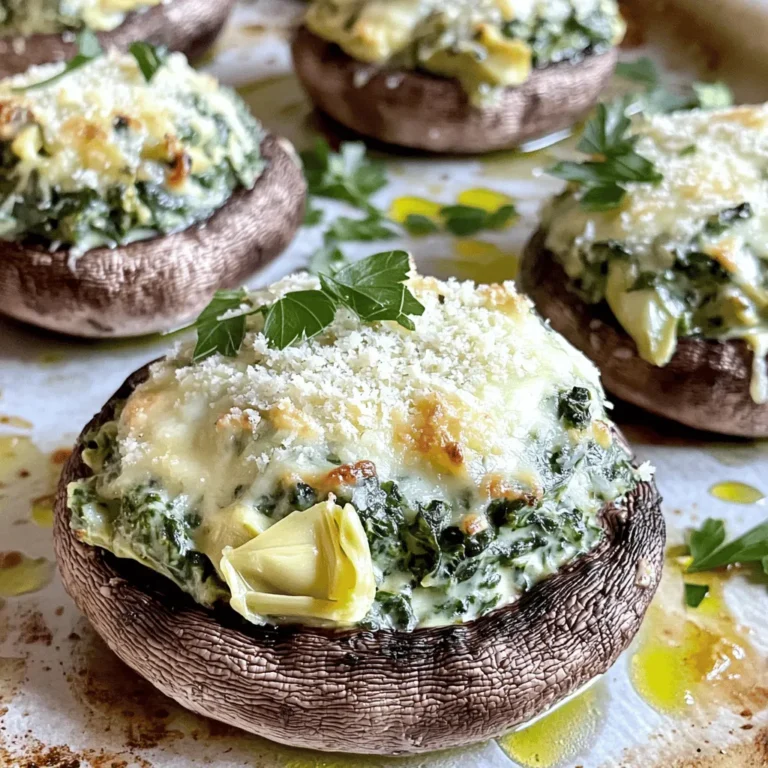 - 12 large portobello or cremini mushrooms - 1 cup fresh spinach, chopped - 1 cup artichoke hearts, chopped - 1/2 cup cream cheese, softened - 1/4 cup sour cream - 1/2 cup shredded mozzarella cheese - 1/4 cup grated Parmesan cheese - 2 cloves garlic, minced - 1/2 teaspoon onion powder - 1/2 teaspoon dried oregano - Salt and pepper, to taste - Olive oil for drizzling Each serving of these stuffed mushrooms has about 250 calories. You get around 18 grams of fat, 10 grams of carbs, and 8 grams of protein. This makes it a tasty snack or appetizer. You can swap cream cheese with Greek yogurt for a lighter option. For a vegan choice, use cashew cream instead of cream cheese. You can also try using silken tofu for sour cream. Mix in other veggies, like bell peppers or zucchini, for extra flavor. Different cheese types like goat cheese or feta can also work well. - Preheat the oven to 375°F (190°C). - Clean the mushrooms by wiping them with a damp cloth. Remove the stems. Use a small spoon to scoop out the gills. This creates space for the filling. - In a mixing bowl, combine the chopped spinach and artichoke hearts. - Add cream cheese, sour cream, mozzarella cheese, and Parmesan cheese. - Mix in minced garlic, onion powder, oregano, salt, and pepper. - Stir well until all ingredients blend smoothly. - Place the mushroom caps on a lined baking sheet. - Drizzle olive oil over each mushroom for flavor and to prevent sticking. - Fill the caps generously with the spinach-artichoke mixture. Press down slightly to pack it in. - Bake in the oven for 20-25 minutes. Check for tenderness and a bubbly, golden top. - Larger mushrooms may need a few extra minutes, while smaller ones will cook faster. To ensure even cooking and flavor, choose similar-sized mushrooms. This way, they cook at the same rate. Clean the mushrooms with a damp cloth. Avoid soaking them in water, as this makes them soggy. After removing the stems, scoop out the gills gently. This creates space for the filling and helps them cook better. Drizzle a little olive oil over each mushroom before baking. This helps prevent sticking and adds great flavor. Bake until the filling is golden and bubbly, about 20-25 minutes. For an appetizing look, serve the stuffed mushrooms on a nice platter. You can arrange them in a circle or a line. Garnish with fresh herbs like parsley or basil. These add color and flavor. For extra flair, drizzle balsamic reduction around the plate. This creates a beautiful contrast and enhances taste. Serve with toothpicks for easy eating. This makes it fun and casual for guests. Pair your stuffed mushrooms with a fresh salad or garlic bread. A light white wine or sparkling water works well as a drink. These mushrooms are great for parties, family dinners, or game nights. They are also perfect for holiday gatherings. Their rich flavors and creamy texture will impress your guests. Enjoy them as a starter or a side dish. {{image_2}} You can easily change the flavor of your stuffed mushrooms. Adding diced peppers or onions gives the filling a fresh taste. These veggies add texture and a bit of crunch. If you like heat, try adding jalapeños or a splash of hot sauce. This can make your dish spicy and fun. The choices are endless. If you need gluten-free options, use gluten-free cream cheese and check your mushroom labels. For those watching carbs, you can switch to smaller mushrooms. Button mushrooms or shiitake mushrooms work well. They hold the filling nicely and keep the meal low-carb. You don't have to bake your stuffed mushrooms. Grilling is another great option! It gives them a smoky taste and nice grill marks. If you own an air fryer, use it for a faster meal. Cook them in the air fryer at 375°F for about 10-12 minutes. Both methods create a tasty and satisfying dish. To keep your stuffed mushrooms fresh, store them in the fridge. Use an airtight container. Make sure they cool down before sealing to avoid moisture buildup. If you want to keep them longer, you can freeze them. Wrap each mushroom in plastic wrap, then place them in a freezer bag. This keeps them safe from freezer burn. To reheat your stuffed mushrooms, use the oven. Preheat it to 350°F (175°C). Place the mushrooms on a baking sheet. Cover them with foil to keep moisture in. Heat for about 10-15 minutes. This helps them stay soft and tasty. You can also use a microwave, but they may get soggy. If you use the microwave, heat them for 1-2 minutes. Check often to avoid overcooking. In the fridge, your stuffed mushrooms stay fresh for about 3 days. If you freeze them, they can last up to 2 months. Just remember to label your container with the date. This way, you’ll know when to eat them. Enjoy the flavors even after a few days! Yes, you can prep these stuffed mushrooms in advance. After filling the mushrooms, cover them and store them in the fridge. They can stay fresh for up to 24 hours. When you’re ready to cook, just pop them in the oven. This makes it super easy for parties or meal prep! I love using large portobello or cremini mushrooms. They are sturdy and hold the filling well. Portobello mushrooms give a nice meaty bite, while cremini mushrooms add a rich flavor. Both work great and make your dish look inviting. To make it vegetarian, you can skip the cheese or use plant-based cheese. For a vegan option, swap cream cheese and sour cream for vegan versions. You can find many great brands that taste amazing. Always check the labels to ensure they fit your diet. Yes, you can use fresh artichokes! Just make sure to cook and chop them first. Fresh artichokes add a lovely taste and texture. However, they take more time to prepare than canned or frozen artichokes. I recommend a simple garlic aioli or a tangy marinara sauce. Both enhance the flavors of the mushrooms. You can also serve them with a creamy ranch dressing for a fun twist. These dips add extra flavor and make the dish even more enjoyable! In this blog post, we covered making delicious Spinach Artichoke Stuffed Mushrooms. We listed all the key ingredients and shared nutritional information. We provided step-by-step instructions for preparation and baking, along with tips for cooking and serving. You can also explore variations to customize your dish and learn how to store leftovers. Remember, these stuffed mushrooms are versatile and tasty. Enjoy them for any occasion or as a cozy snack. Happy cooking!