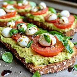 - 2 slices of whole grain bread - 1 ripe avocado - 1 medium tomato, sliced - 1/4 cup fresh mozzarella balls (bocconcini) - Fresh basil leaves, a handful - 1 tablespoon balsamic glaze - 1 tablespoon extra virgin olive oil - Salt and pepper to taste For this Minute Caprese Avocado Toast, I gather a few simple yet fresh ingredients. First, I choose whole grain bread for a hearty base. Next, I pick a ripe avocado that feels soft when I press it gently. Fresh tomatoes add brightness, and I love the creaminess of mozzarella balls. Basil leaves bring a lovely aroma to the dish. I always look for fresh basil, as it makes a big difference. I drizzle balsamic glaze for a sweet touch. Extra virgin olive oil adds flavor and richness. Lastly, I sprinkle salt and pepper to enhance all the tastes. When I make this toast, each ingredient works together to create a quick and tasty meal. Start by toasting two slices of whole grain bread. Use a toaster or an oven. Toast until they turn golden brown and crisp. This takes about 3 to 5 minutes. Crispy bread holds the toppings well. While the bread toasts, grab a ripe avocado. Cut it in half and remove the pit. Scoop the flesh into a bowl. Mash it lightly with a fork. Leave it a bit chunky for great texture. Season the mashed avocado with salt and pepper. Add a drizzle of extra virgin olive oil. Mix everything well until combined. Now, take the toasted bread. Spread a layer of the seasoned avocado on each slice. Next, layer sliced tomatoes evenly over the avocado. Add fresh mozzarella balls on top of the tomatoes. Scatter fresh basil leaves for extra flavor. Finally, drizzle balsamic glaze over the assembled toast. Add a pinch of salt and pepper if desired. Enjoy your Minute Caprese Avocado Toast! Pick a ripe avocado for the best taste. A ripe avocado should feel slightly soft but not mushy. You can also check the color. A darker skin often means it is ripe. If you find a hard avocado, let it sit in a bowl with bananas. The bananas help it ripen faster. Toasting bread is simple but needs care. Use a toaster or a skillet. If using a toaster, set it to medium-high heat. Watch it closely to avoid burning. For a skillet, heat it on medium. Add a touch of olive oil for a crispier finish. Toast until golden brown. This will make your toast crunchy and tasty. You can serve your Minute Caprese Avocado Toast in many ways. Try adding a poached egg on top for extra protein. A sprinkle of red pepper flakes can add a nice kick. For a fresh twist, add sliced radishes or cucumber. Serve with a side salad for a light meal. Enjoy it as a quick breakfast or a healthy snack! {{image_2}} You can easily boost your Minute Caprese Avocado Toast with protein. Adding grilled chicken or shrimp works well. For a quick option, try sliced deli turkey or chicken. You can also use canned tuna for a tasty twist. These additions make the meal more filling and satisfying. If you want to make this dish vegan, it's simple! Swap the mozzarella for vegan cheese or leave it out entirely. You can add extra nuts or seeds for texture and protein. Try adding chickpeas or lentils for a hearty bite. This way, you keep the flavors while making it plant-based. To enhance the flavors, consider adding a few spices. A sprinkle of red pepper flakes gives heat. You can also try a dash of garlic powder for depth. Fresh herbs like oregano or thyme can add a new layer of taste. For a zesty kick, squeeze fresh lemon juice over the top. These tweaks keep your meal exciting every time you make it! If you have leftover avocado spread, store it in an airtight container. Press plastic wrap directly onto the spread to limit air exposure. This helps slow down browning. You can keep it in the fridge for up to two days. Remember, the fresher, the better! Assembled toast is best enjoyed fresh. If you must store it, wrap it loosely in foil. This keeps the toast from getting too soggy. You can store it in the fridge for one day. Just know it won’t taste as good as fresh. - Whole grain bread lasts about a week when stored properly. - A ripe avocado is best used within one to two days. - Fresh tomatoes can last up to a week in the fridge. - Mozzarella balls should be used within a week after opening. - Fresh basil stays good for about three days in the fridge. - Balsamic glaze lasts for months if kept in a cool, dark place. - Extra virgin olive oil has a shelf life of one to two years when stored away from light. By knowing how to store your ingredients, you can enjoy this tasty toast for longer! It takes about 10 minutes to make Minute Caprese Avocado Toast. You spend 5 minutes prepping and 5 minutes assembling. This quick meal fits perfectly into a busy day. You can enjoy it as breakfast, lunch, or a snack. Yes, you can use other types of bread. Sourdough, rye, or gluten-free bread work well too. Just make sure the bread is sturdy enough to hold the toppings. Toasting it gives it a nice crunch and flavor. You can use feta, goat cheese, or ricotta instead of mozzarella. Each cheese adds a different taste. Feta brings a tangy twist, while goat cheese adds creaminess. Choose what you like best to match your flavor. This blog post covered how to make Minute Caprese Avocado Toast. We reviewed the key ingredients, including whole grain bread and fresh basil. I shared step-by-step instructions for toasting, preparing, and assembling the dish. We discussed tips for selecting avocados and perfect toasting methods. I also shared variations, storage tips, and answered common questions. Enjoy your delicious toast! Experiment with flavors and make it your own.