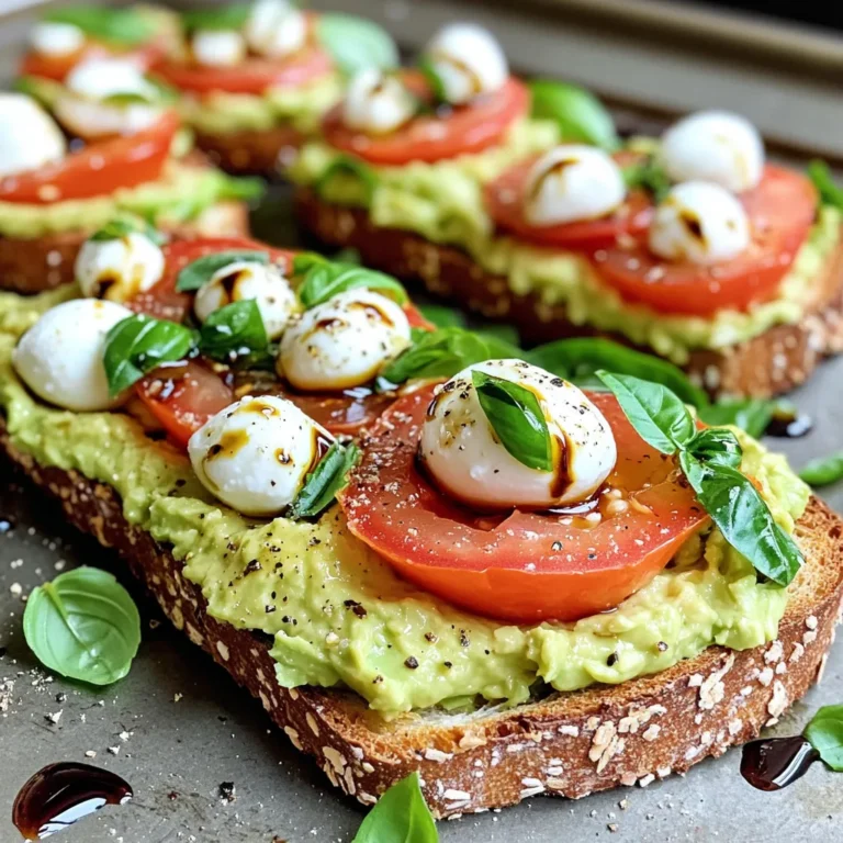- 2 slices of whole grain bread - 1 ripe avocado - 1 medium tomato, sliced - 1/4 cup fresh mozzarella balls (bocconcini) - Fresh basil leaves, a handful - 1 tablespoon balsamic glaze - 1 tablespoon extra virgin olive oil - Salt and pepper to taste For this Minute Caprese Avocado Toast, I gather a few simple yet fresh ingredients. First, I choose whole grain bread for a hearty base. Next, I pick a ripe avocado that feels soft when I press it gently. Fresh tomatoes add brightness, and I love the creaminess of mozzarella balls. Basil leaves bring a lovely aroma to the dish. I always look for fresh basil, as it makes a big difference. I drizzle balsamic glaze for a sweet touch. Extra virgin olive oil adds flavor and richness. Lastly, I sprinkle salt and pepper to enhance all the tastes. When I make this toast, each ingredient works together to create a quick and tasty meal. Start by toasting two slices of whole grain bread. Use a toaster or an oven. Toast until they turn golden brown and crisp. This takes about 3 to 5 minutes. Crispy bread holds the toppings well. While the bread toasts, grab a ripe avocado. Cut it in half and remove the pit. Scoop the flesh into a bowl. Mash it lightly with a fork. Leave it a bit chunky for great texture. Season the mashed avocado with salt and pepper. Add a drizzle of extra virgin olive oil. Mix everything well until combined. Now, take the toasted bread. Spread a layer of the seasoned avocado on each slice. Next, layer sliced tomatoes evenly over the avocado. Add fresh mozzarella balls on top of the tomatoes. Scatter fresh basil leaves for extra flavor. Finally, drizzle balsamic glaze over the assembled toast. Add a pinch of salt and pepper if desired. Enjoy your Minute Caprese Avocado Toast! Pick a ripe avocado for the best taste. A ripe avocado should feel slightly soft but not mushy. You can also check the color. A darker skin often means it is ripe. If you find a hard avocado, let it sit in a bowl with bananas. The bananas help it ripen faster. Toasting bread is simple but needs care. Use a toaster or a skillet. If using a toaster, set it to medium-high heat. Watch it closely to avoid burning. For a skillet, heat it on medium. Add a touch of olive oil for a crispier finish. Toast until golden brown. This will make your toast crunchy and tasty. You can serve your Minute Caprese Avocado Toast in many ways. Try adding a poached egg on top for extra protein. A sprinkle of red pepper flakes can add a nice kick. For a fresh twist, add sliced radishes or cucumber. Serve with a side salad for a light meal. Enjoy it as a quick breakfast or a healthy snack! {{image_2}} You can easily boost your Minute Caprese Avocado Toast with protein. Adding grilled chicken or shrimp works well. For a quick option, try sliced deli turkey or chicken. You can also use canned tuna for a tasty twist. These additions make the meal more filling and satisfying. If you want to make this dish vegan, it's simple! Swap the mozzarella for vegan cheese or leave it out entirely. You can add extra nuts or seeds for texture and protein. Try adding chickpeas or lentils for a hearty bite. This way, you keep the flavors while making it plant-based. To enhance the flavors, consider adding a few spices. A sprinkle of red pepper flakes gives heat. You can also try a dash of garlic powder for depth. Fresh herbs like oregano or thyme can add a new layer of taste. For a zesty kick, squeeze fresh lemon juice over the top. These tweaks keep your meal exciting every time you make it! If you have leftover avocado spread, store it in an airtight container. Press plastic wrap directly onto the spread to limit air exposure. This helps slow down browning. You can keep it in the fridge for up to two days. Remember, the fresher, the better! Assembled toast is best enjoyed fresh. If you must store it, wrap it loosely in foil. This keeps the toast from getting too soggy. You can store it in the fridge for one day. Just know it won’t taste as good as fresh. - Whole grain bread lasts about a week when stored properly. - A ripe avocado is best used within one to two days. - Fresh tomatoes can last up to a week in the fridge. - Mozzarella balls should be used within a week after opening. - Fresh basil stays good for about three days in the fridge. - Balsamic glaze lasts for months if kept in a cool, dark place. - Extra virgin olive oil has a shelf life of one to two years when stored away from light. By knowing how to store your ingredients, you can enjoy this tasty toast for longer! It takes about 10 minutes to make Minute Caprese Avocado Toast. You spend 5 minutes prepping and 5 minutes assembling. This quick meal fits perfectly into a busy day. You can enjoy it as breakfast, lunch, or a snack. Yes, you can use other types of bread. Sourdough, rye, or gluten-free bread work well too. Just make sure the bread is sturdy enough to hold the toppings. Toasting it gives it a nice crunch and flavor. You can use feta, goat cheese, or ricotta instead of mozzarella. Each cheese adds a different taste. Feta brings a tangy twist, while goat cheese adds creaminess. Choose what you like best to match your flavor. This blog post covered how to make Minute Caprese Avocado Toast. We reviewed the key ingredients, including whole grain bread and fresh basil. I shared step-by-step instructions for toasting, preparing, and assembling the dish. We discussed tips for selecting avocados and perfect toasting methods. I also shared variations, storage tips, and answered common questions. Enjoy your delicious toast! Experiment with flavors and make it your own.