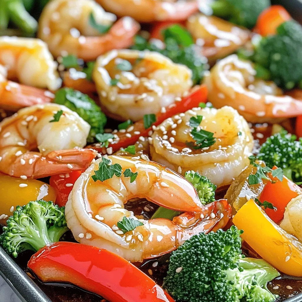 - Large shrimp (1 lb, peeled and deveined) - Honey (1/4 cup) - Soy sauce (low sodium preferred, 1/4 cup) - Fresh garlic (3 cloves, minced) - Fresh ginger (1 tablespoon, grated) - Olive oil (2 tablespoons) - Bell peppers (1 cup, sliced) - Broccoli florets (1 cup) - Sesame seeds (1 teaspoon, optional) - Seasonings (salt and pepper to taste) - Fresh parsley (chopped for garnish) To make Sheet Pan Honey Garlic Shrimp, gather these ingredients. First, choose large shrimp. They should be fresh, peeled, and deveined. Next, get some honey for sweetness. Low sodium soy sauce adds flavor without too much salt. Minced garlic and grated ginger give the dish a nice kick. Olive oil helps everything cook evenly. For the veggies, slice colorful bell peppers and add broccoli florets. If you want a touch of crunch, consider sesame seeds. Lastly, have salt and pepper ready to season. Fresh parsley adds a pop of color and flavor at the end. This simple list of ingredients makes the meal both tasty and easy to prepare. - Preheat the oven to 400°F (200°C). - Line the sheet pan with parchment paper. Start by turning on your oven. This helps the dish cook perfectly. Lining your sheet pan with parchment makes cleanup easy. - Whisk honey, soy sauce, garlic, ginger, and olive oil. In a bowl, mix honey and soy sauce. Add minced garlic and grated ginger. Pour in olive oil and whisk until smooth. This sauce brings sweet and savory flavors to your shrimp. - Spread shrimp, bell peppers, and broccoli on the sheet pan. - Pour honey garlic sauce over the mixture. - Season with salt and pepper and toss gently. Place the shrimp and veggies on the lined pan. Make sure they are spread out evenly. Drizzle the honey garlic sauce over everything. Season with salt and pepper, then toss gently to coat. - Bake in the oven for 12-15 minutes. - Add sesame seeds in the last 2 minutes (optional). - Remove from oven and garnish with parsley. Put the sheet pan in the oven. Bake until the shrimp turns pink and the veggies soften. If you like, sprinkle sesame seeds on top for a nice crunch in the last two minutes. Once done, take it out and add fresh parsley for a pop of color. When picking shrimp, size matters. I always choose large shrimp, about 16-20 per pound. This size gives the best texture and flavor. Look for shrimp that is firm and has a sweet smell. Avoid shrimp with a strong fishy scent or black spots. Fresh shrimp will have a shiny shell and be slightly moist. If you can, buy shrimp from a trusted source or local fish market. This ensures quality and taste. To add some heat, try red pepper flakes. Just a pinch can make a big difference. If you love herbs, use fresh parsley or cilantro for garnish. They add color and a fresh taste. You can also try other herbs like basil or mint for a fun twist. Remember, fresh ingredients boost flavor and make the dish pop! For perfect cooking, spread the shrimp and veggies evenly on the sheet pan. This helps them cook at the same rate. Overcrowding can lead to steaming instead of roasting. Make sure there’s space between the shrimp and vegetables. If needed, use two pans to keep everything spaced out. This simple step can turn a good meal into a great one. {{image_2}} You can easily swap bell peppers and broccoli for other veggies. Try using snap peas or carrots for a sweet crunch. You can also add zucchini for mild flavor. Just keep the cooking time the same, ensuring everything cooks well. Mixing colors makes the dish look nice and fun. Different vegetables will give your meal new tastes and textures. If you prefer chicken or tofu, use them instead of shrimp. For chicken, cut it into bite-size pieces. Cook time stays about the same, but check that it's fully cooked. Tofu is a great plant-based choice. Use firm tofu and press it to remove extra moisture. Cut it into cubes and add it to the pan. Both options will still soak up that tasty honey garlic sauce. You can change the flavor of this dish easily. Swap honey for maple syrup for a different touch. Adding sriracha or chili sauce gives it a spicy kick. If you like herbs, try adding fresh basil or cilantro. You can also mix in some sesame oil for a nutty taste. Experiment with these ideas to make this recipe your own! To keep your leftovers fresh, cool them down first. Place the shrimp and veggies in an airtight container. This helps lock in flavor and moisture. Store them in the fridge. They should last for about three days. If you want to keep them longer, consider freezing them. You can reheat your dish in two ways. For the oven, preheat to 350°F (175°C). Place the leftovers on a baking sheet and cover with foil. Heat for about 10 minutes or until warm. For the microwave, place the dish in a microwave-safe bowl. Cover with a lid or microwave-safe wrap. Heat for one to two minutes, stirring halfway through. To freeze portions, let your leftovers cool completely. Divide them into single-serving containers. Make sure to leave some space in each container for expansion. Label each container with the date. You can freeze them for up to three months. When ready to eat, thaw overnight in the fridge before reheating. It takes about 10 minutes to prep the dish. Then, it bakes for 12 to 15 minutes. In total, you can get this meal ready in just 25 minutes. Yes, you can use frozen shrimp. Just make sure to thaw them first. This helps the shrimp cook evenly. You can serve the shrimp with rice or quinoa. A fresh salad also pairs well. For a heartier meal, try it with noodles. Yes, you can prep the shrimp and veggies ahead. Just store them in the fridge until you're ready to bake. This saves time on busy nights. The shrimp will turn pink and opaque when cooked. Use a meat thermometer if you want to be sure; it should reach 120°F (49°C). This means they are safe to eat. This recipe for Sheet Pan Honey Garlic Shrimp is simple and quick. You learned about the best ingredients, easy steps, and tips for cooking. Remember, you can change veggies or proteins to fit your taste. Storing leftovers is easy, and reheating takes just a few minutes. I hope you try this dish. It's fun to make and even better to eat. Enjoy your cooking adventures, and share this recipe with friends!