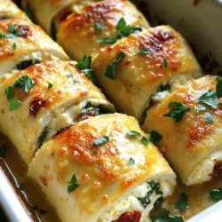 - Chicken breasts - Cream cheese - Parmesan cheese - Garlic (minced and powder) - Italian seasoning - Spinach leaves - Sun-dried tomatoes (optional) - Olive oil - Chicken broth - Salt and pepper For this dish, I use two large chicken breasts. Pounding them thin makes rolling easier. Next, I soften one cup of cream cheese. It blends well with half a cup of grated Parmesan cheese. Three cloves of minced garlic and one teaspoon of garlic powder add a big flavor punch. Italian seasoning gives it that extra boost. I love adding fresh spinach leaves for color and taste. If you like, toss in a quarter cup of chopped sun-dried tomatoes for a sweet bite. For cooking, I use one tablespoon of olive oil and half a cup of chicken broth. Salt and pepper round out the flavor. - Mixing bowl - Cutting board - Baking dish - Skillet - Toothpicks (optional) You’ll need a mixing bowl to combine the cheese and spices. A cutting board is great for prepping the chicken. Use a baking dish to cook the roll-ups. A skillet is perfect for searing them before baking. Toothpicks come in handy for holding the rolls together. - Fresh parsley Fresh parsley is my go-to garnish. It adds a nice pop of color and a hint of freshness. You can sprinkle it on top right before serving. It makes the dish look fancy and inviting! 1. Preheating the oven Start by preheating your oven to 375°F (190°C). This helps cook the chicken evenly. Grease a baking dish with a bit of olive oil. This keeps the roll-ups from sticking. 2. Mixing the cheese filling In a mixing bowl, combine 1 cup of softened cream cheese, 1/2 cup of grated Parmesan cheese, and 3 minced garlic cloves. Add 1 teaspoon each of garlic powder and Italian seasoning. Season with salt and pepper. Mix until you have a smooth and creamy filling. 3. Preparing the chicken breasts Take your two large chicken breasts and pound them thin. This makes it easier to roll them up. Lay them flat on a cutting board. Spread the cheese mixture evenly over each breast. 1. Spreading the filling and assembling the roll-ups Place a few spinach leaves on top of the cheese mixture. If you like, add some chopped sun-dried tomatoes. Roll each chicken breast from the thin end to the thick end. Secure with toothpicks if needed. 2. Searing the chicken roll-ups Heat 1 tablespoon of olive oil in a skillet over medium heat. Sear each roll-up for about 2-3 minutes per side. You want them golden brown for extra flavor. 3. Baking in the oven Transfer the chicken roll-ups to your greased baking dish. Pour 1/2 cup of chicken broth over them. This keeps the chicken moist as it bakes. Cover the dish with aluminum foil and bake for 25-30 minutes. Check that the chicken is no longer pink inside. 1. Resting and garnish before serving Once baked, let the roll-ups rest for 5 minutes. This helps keep the juices in. Remove any toothpicks and garnish with freshly chopped parsley. Now, you're ready to serve this delightful dish! To pound chicken breasts evenly, place them between two sheets of plastic wrap. Use a meat mallet or rolling pin to gently pound them until they're about 1/2 inch thick. This helps them cook evenly and stay juicy. To avoid dryness in chicken roll-ups, do not overcook them. Bake just until the chicken is no longer pink. Also, adding chicken broth while baking keeps the chicken moist and flavorful. Enhance the flavor by adding fresh herbs like basil or thyme to the cheese filling. You can also mix in a pinch of red pepper flakes for a spicy kick. For sauces, consider a creamy Alfredo or a rich marinara. Both pair well with the flavors of garlic and cheese in the roll-ups. For plating, place the chicken roll-ups on a bed of sautéed spinach. This makes the dish look vibrant and inviting. For sides, serve with roasted vegetables or a light salad. These balance the richness of the roll-ups and add freshness to your meal. {{image_2}} You can easily switch up the cheese in these roll-ups. Instead of cream cheese, try ricotta or goat cheese. Both add a lovely taste. You can also use mozzarella for a melty twist. Feel free to play with the fillings. Spinach is great, but you can add other veggies, too. Try bell peppers, mushrooms, or zucchini. For meat lovers, you can include cooked bacon or ham. These swaps make the dish your own. If you want a quicker option, use an air fryer. Preheat it to 375°F. Cook the roll-ups for about 15-20 minutes. Check that the chicken is cooked through. The air fryer gives a crispy outside. You can also adapt this recipe for the Instant Pot. Brown the roll-ups in the pot first. Then, add the chicken broth and cook on high pressure for about 8-10 minutes. This method keeps the chicken juicy and tender. Looking for gluten-free options? Use gluten-free breadcrumbs to coat the chicken if you want a crunch. You can also skip the breading altogether and still enjoy a tasty meal. For low-carb variations, focus on veggies. Skip any high-carb fillings like sun-dried tomatoes. Instead, pack the roll-ups with spinach and mushrooms. This keeps the dish healthy and satisfying. To keep your Creamy Garlic Parmesan Chicken Roll Ups fresh, refrigerate them promptly. Place the roll-ups in an airtight container. This method seals in flavor and keeps them moist. Make sure they cool to room temperature before sealing. If you want to freeze them, wrap each roll-up in plastic wrap. After that, place them in a freezer-safe bag. This keeps them safe from freezer burn. To enjoy leftover roll-ups, the best method is to reheat them in the oven. Preheat your oven to 350°F (175°C). Place the roll-ups in a baking dish and cover them with foil. This helps keep moisture in and prevents drying out. Heat for about 15-20 minutes or until warm. You can also use a microwave, but it may change the texture. If you choose the microwave, heat in short bursts and cover with a damp paper towel. In the fridge, your chicken roll-ups will last about 3-4 days. After that, they may spoil. Always check for off smells or discoloration before eating. If you see any signs of spoilage, it’s best to toss them. When in doubt, throw it out! - Can I make Creamy Garlic Parmesan Chicken Roll Ups ahead of time? Yes, you can prepare these roll-ups a day in advance. Just follow the recipe until baking. Cover them and place them in the fridge. When ready to bake, add a few extra minutes to the cooking time. - Can I use other types of cheese? Absolutely! You can use mozzarella, goat cheese, or even feta. Each cheese will add a unique flavor to your roll-ups. - How do I know when the chicken is fully cooked? Check the chicken with a meat thermometer. It should reach 165°F (75°C). The meat should also be white and no longer pink inside. - What sides pair well with this dish? Serve these roll-ups with a fresh salad, garlic bread, or steamed veggies. They add nice colors and flavors to your meal. - Can I serve this as an appetizer? Yes! Cut the roll-ups into smaller pieces. They make a great finger food for parties or gatherings. - Is there a substitute for cream cheese? You can use ricotta cheese or Greek yogurt. Both will give a creamy texture and taste. - What’s the best way to cut sun-dried tomatoes? Use kitchen scissors to cut them easily. This method helps avoid a mess and gives you nice-sized pieces for your roll-ups. This blog post covered the key ingredients and steps for your Creamy Garlic Parmesan Chicken Roll-Ups. We discussed preparing the filling, cooking methods, and useful tips to enhance flavor. You now have variations to suit dietary needs and storage tips for leftovers. Remember to enjoy the cooking process and get creative with flavors. These roll-ups make a delicious meal or appetizer. Happy cooking, and enjoy your tasty creation!