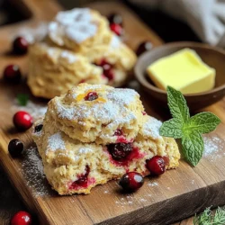 - 1 cup rolled oats - 1 cup all-purpose flour - 1/2 cup whole wheat flour - 1/3 cup brown sugar - 1 tablespoon baking powder - 1/2 teaspoon salt - 1 teaspoon ground cinnamon - 5 tablespoons cold unsalted butter, cubed - 1/2 cup cranberries, dried or fresh - Zest of 1 large orange - 1/2 cup orange juice - 1 large egg You can swap all-purpose flour with gluten-free flour for a gluten-free option. Whole wheat flour can be replaced with oat flour if you prefer. To reduce sugar, use coconut sugar instead of brown sugar. If you want a vegan version, replace the egg with a flax egg (1 tablespoon ground flaxseed mixed with 2.5 tablespoons water). Each scone has about 180 calories. They contain: - Fats: 7g - Carbohydrates: 26g - Fiber: 3g - Sugars: 5g - Protein: 3g These scones pack a tasty punch with healthy oats and fruits. Enjoy the burst of flavors while keeping your diet balanced! First, set your oven to 400°F (200°C). This high heat helps the scones rise well. While the oven warms up, grab a baking sheet. Line it with parchment paper. This keeps the scones from sticking and makes cleanup easy. Next, take a large mixing bowl. Add these dry ingredients: - 1 cup rolled oats - 1 cup all-purpose flour - 1/2 cup whole wheat flour - 1/3 cup brown sugar - 1 tablespoon baking powder - 1/2 teaspoon salt - 1 teaspoon ground cinnamon Stir them together until they are well mixed. This step makes sure each bite has the right flavor. Now, add 5 tablespoons of cold, cubed unsalted butter to the dry mix. Use your fingertips or a pastry cutter. Work the butter into the mix until it looks like coarse crumbs. This gives the scones a flaky texture. Then, fold in 1/2 cup of dried or fresh cranberries and the zest of 1 large orange. This adds flavor and color to your scones. In a separate bowl, whisk together 1/2 cup of orange juice and 1 large egg. Pour this mixture into the dry ingredients. Stir gently until just combined. Don’t overmix or your scones may become tough. Turn the dough onto a lightly floured surface. Knead gently just until it comes together. Pat the dough into a circle, about 1 inch thick. Use a knife to cut it into wedges. You can also use a scone cutter for nice shapes. Place the scones on the prepared baking sheet. Make sure to leave space between them. This helps them bake evenly. Now, it’s time to bake! Put the scones in the oven and set your timer for 15-18 minutes. They should turn golden brown. To check if they are done, insert a toothpick in the center. If it comes out clean, they are ready! After baking, let them cool slightly on a wire rack. Enjoy the warm, sweet smell as they cool. To make these cranberry orange oat scones, you need a few key tools: - Large mixing bowl - Measuring cups and spoons - Whisk - Pastry cutter or your fingertips - Baking sheet - Parchment paper These tools help you mix, shape, and bake your scones easily. A good mixing bowl lets you stir without making a mess. Use a whisk to blend your wet ingredients smoothly. To get the texture just right, follow these steps: 1. Use cold butter: Cold butter makes scones flaky. Cut it into small cubes before mixing. 2. Mix gently: When combining wet and dry ingredients, stir until just blended. Overmixing can make scones tough. 3. Knead lightly: Gently knead the dough just enough to hold together. This keeps the scones tender. These tips help create that soft, crumbly texture we love in scones. For the best experience, serve your cranberry orange oat scones warm. Here are some tasty ideas: - Whipped cream: A dollop adds creaminess. - Butter: Spread it on warm scones for extra richness. - Garnishes: A sprig of fresh mint or a dusting of powdered sugar looks great. These simple touches make your scones even more enjoyable. {{image_2}} You can easily change the dried cranberries for other fruits. Try using dried cherries or raisins for a different taste. If you want a nutty crunch, add chopped walnuts or pecans. These swaps give your scones a new twist. You can mix and match to find your favorite flavor. To make these scones gluten-free, use a gluten-free flour blend. Make sure it has a good mix of starches and fibers. For a vegan option, swap the butter for coconut oil or vegan butter. Replace the egg with a chia seed or flaxseed egg. Just mix 1 tablespoon of seeds with 2.5 tablespoons of water and let it sit until it thickens. These changes keep the scones tasty and enjoyable for everyone. You can boost the flavor of your scones by adding spices. Try nutmeg or ginger for a warm touch. For a citrusy zing, replace orange zest with lemon or lime zest. These small changes can take your scones to another level. You can experiment to find the perfect combination that you love! Storing your scones correctly keeps them fresh and tasty. Let them cool completely after baking. Place the scones in an airtight container. This container helps keep moisture in and air out. If you stack the scones, put parchment paper in between. This prevents them from sticking together. Store the container in a cool, dry place. Enjoy your scones within 2 to 3 days for the best flavor. You can freeze scones to enjoy later. Wrap each scone tightly in plastic wrap. This keeps them from getting freezer burn. Then, put the wrapped scones in a zip-top bag. Label the bag with the date. You can freeze them for up to 3 months. When you are ready to eat, thaw them in the fridge overnight or at room temperature. To bring back that fresh-baked taste, reheat your scones. Preheat your oven to 350°F (175°C). Place the scones on a baking sheet. Heat them for about 5 to 10 minutes. This will make them warm and soft again. You can also use a microwave, but be careful. Heat for only 10 to 15 seconds to avoid making them tough. Enjoy your scones warm for the best experience! Yes, you can use fresh cranberries. They add a burst of tart flavor. Fresh cranberries can be a bit juicier than dried ones. If you use fresh, chop them roughly to help mix evenly. You may want to add a bit more sugar to balance the tartness. Enjoy the bright taste they bring to your scones! Your scones are done when they are golden brown. Insert a toothpick into the center of a scone. If it comes out clean, they are ready. The edges should also feel firm to the touch. Keep an eye on them near the end of baking. Overbaking can dry them out. Serve the scones warm for the best taste. A light dusting of powdered sugar adds a nice touch. Pair them with whipped cream or soft butter. You can also add a sprig of fresh mint for a pop of color. These scones make a great breakfast or snack! Yes, you can make the dough ahead of time. Wrap it tightly in plastic wrap and refrigerate. It can stay fresh for up to two days. When ready to bake, just shape and cut the scones. This saves time and ensures fresh scones whenever you want! You now have all the tools to make fantastic cranberry orange oat scones. We explored key ingredients, measurements, and nutrition. You followed step-by-step instructions for mixing, shaping, and baking. I shared tips for perfect texture and great serving ideas. Variations let you switch ingredients and cater to any diet. Lastly, proper storage and reheating advice keep your scones fresh and tasty. I encourage you to try this recipe and enjoy the delicious results. Baking should always be fun and rewarding!