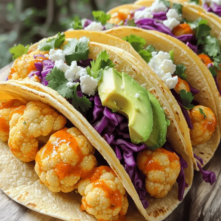 - 1 medium head of cauliflower, cut into florets - ½ cup buffalo sauce, adjust to taste - 8 small corn tortillas - 1 tablespoon olive oil - ½ teaspoon garlic powder - ½ teaspoon onion powder - ½ teaspoon smoked paprika - Salt and pepper to taste - ½ cup shredded purple cabbage - ½ avocado, sliced - Fresh cilantro leaves for garnish - ¼ cup crumbled feta cheese, optional Each ingredient plays a key role in making these tacos tasty. The cauliflower brings a nice texture while the buffalo sauce gives it that spicy kick. Spices like garlic and smoked paprika add depth to the flavor. The toppings of cabbage and avocado add freshness and creaminess. You can even sprinkle feta cheese for a tangy twist! First, grab a large bowl. Add the cauliflower florets, olive oil, garlic powder, onion powder, smoked paprika, salt, and pepper. Mix everything well. You want each piece of cauliflower to be coated in the spices. This step is key for flavor. Next, preheat your air fryer to 400°F (200°C). Place the seasoned cauliflower in the basket in a single layer. Make sure they are not crowded. Air fry for 12-15 minutes. Shake the basket halfway through cooking. This helps the cauliflower crisp evenly. You will know it's done when it looks golden and crispy. While the cauliflower cooks, warm the corn tortillas. Heat a skillet over medium heat. Warm each tortilla for about 30 seconds on both sides. This makes them flexible. When the cauliflower is ready, take it out and mix in the buffalo sauce. Now, take a warm tortilla. Add a portion of buffalo cauliflower in the center. Top with shredded cabbage, avocado slices, and crumbled feta cheese if you like. Enjoy your tasty tacos! To get that perfect crunch, shake the basket halfway through cooking. This helps the cauliflower cook evenly. Cooking times can vary. If you like it extra crispy, add a few more minutes. Just keep an eye on it to avoid burning. You can control the heat by changing the amount of buffalo sauce. If you find it too spicy, use less sauce, or try mixing it with some ranch dressing. For a different flavor, consider using BBQ sauce or a honey mustard mix instead. Pair these tacos with a fresh side salad or crispy sweet potato fries. They also go well with a light beer or a refreshing iced tea. These drinks balance the heat from the buffalo sauce nicely. Enjoy your meal with friends for a fun taco night! {{image_2}} You can easily change the fillings in these tacos. Try adding beans or lentils for extra protein and fiber. You can use black beans or chickpeas for a tasty twist. You can also add roasted veggies like bell peppers or zucchini. These add color and flavor, making your tacos even more fun. If you want more protein, consider adding some cheese or yogurt. Crumbled feta cheese gives a nice touch, or use cotija for a creamy flavor. These options keep your tacos satisfying while still being vegetarian. Corn tortillas are a great choice for gluten-free tacos. They have a nice texture and flavor. Just make sure your tortillas are labeled gluten-free. You can use them instead of flour tortillas without losing taste or quality. For other ingredients, use fresh veggies and sauces that are gluten-free. Most buffalo sauces are gluten-free, but check the label to be sure. This way, everyone can enjoy these tacos without worry. To boost the flavor, try adding more spices. You can mix in cumin or chili powder for a deeper taste. A sprinkle of cayenne can give your tacos a spicy kick. Adjust the amount based on your spice preference. Don't forget about toppings! You can use pickled red onions for a tangy crunch. Sliced jalapeños add heat, while a drizzle of lime juice brightens everything up. These simple additions can make your tacos even more exciting and fresh. To keep your tacos fresh, use airtight containers. Glass containers work best, as they do not absorb odors. Place the leftover tacos in the fridge. They stay good for up to three days. If you separate the cauliflower from the tortillas, it helps keep everything fresh longer. To keep the cauliflower crispy, use an air fryer or an oven. Preheat your air fryer to 350°F (175°C). Heat for about 5 minutes. This method keeps the crunch. For tacos, use a skillet over medium heat. Warm them for about 1-2 minutes on each side. This helps restore the texture and flavor. If you want to freeze the cauliflower, it works well. Place it in a freezer-safe bag or container. It can last up to three months. When you’re ready to eat, thaw it in the fridge overnight. For reheating, use the air fryer or oven again to regain that crispy texture. Yes, you can prepare the cauliflower ahead of time. Cut the cauliflower and toss it with the olive oil and spices. Store it in the fridge for up to 24 hours. When ready, air fry it right before serving. To store leftovers, place them in an airtight container in the fridge. Enjoy the tacos within three days for the best flavor and texture. If you want a different flavor, try these sauces: - Sriracha: This gives a spicy kick. - BBQ sauce: For a sweet and smoky taste. - Hot sauce: Use your favorite brand for a simpler option. Mix in a little lime juice for extra zest. Yes, these tacos can be made vegan. Just leave out the feta cheese. The rest of the ingredients are plant-based. Enjoy all the flavor without any animal products! You can make tasty buffalo cauliflower tacos with just a few simple steps. Start by prepping the cauliflower and tossing it with spices. Using an air fryer gives it perfect crispiness. Assemble your tacos with your favorite toppings, and don’t forget the tips for serving and storage. These tacos are not only easy to make, but you can also customize them to your taste. Experiment with different sauces and toppings to find your perfect blend. Enjoy making these delicious tacos at home!