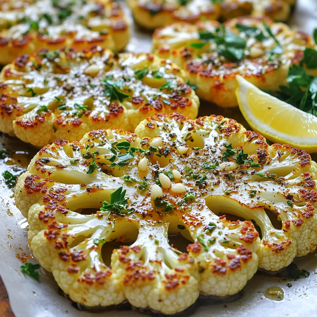 - 1 large head of cauliflower - 4 tablespoons olive oil - 6 cloves garlic, minced - 1 teaspoon dried oregano - 1 teaspoon dried thyme - 1 teaspoon smoked paprika - Salt and pepper to taste - Fresh parsley, chopped (for garnish) - Lemon wedges (for serving) The main star of this dish is the cauliflower. Choose a large, firm head. This ensures thick, juicy steaks. Olive oil adds richness and helps the flavors blend. Garlic brings a strong, warm taste. For herbs and spices, I use dried oregano, thyme, and smoked paprika. These add depth and aroma. Don't forget to season with salt and pepper to boost the flavors. Finally, garnishes like fresh parsley and lemon wedges elevate the dish. The parsley adds color, while lemon gives a bright finish. Together, these ingredients create a flavorful dish that is simple yet impressive. To start, preheat your oven to 425°F (220°C). This step ensures the cauliflower cooks evenly. Next, remove the leaves from the head of cauliflower. Trim the stem but keep the head whole. Now, slice the cauliflower into 1-inch thick steaks. You should get about 2-4 steaks, depending on the size of your cauliflower. Prepare your baking sheet by lining it with parchment paper. This helps prevent sticking and makes cleanup easy. In a small bowl, mix together the olive oil, minced garlic, dried oregano, dried thyme, smoked paprika, salt, and pepper. Whisk these ingredients until well combined. This mixture adds great flavor. Make sure it has a smooth and even consistency. You want every bite to have that tasty garlic herb blend. Now, it’s time to roast! Brush both sides of each cauliflower steak generously with the garlic herb mixture. Place the steaks on the prepared baking sheet. Drizzle any leftover mixture over the top for extra flavor. Roast the cauliflower steaks in the preheated oven for about 25-30 minutes. Flip them halfway through to ensure even cooking. Check for doneness by looking for a golden brown color. They should be tender when pierced with a fork. Once done, remove the steaks from the oven. Sprinkle fresh parsley on top for a burst of color and flavor. Serve warm with lemon wedges for a zesty kick. Enjoy your delicious garlic herb roasted cauliflower steaks! Seasoning is key to tasty cauliflower steaks. I always use plenty of salt and pepper. The garlic herb mix adds a lot of flavor too. For the best results, brush the steaks well. Roasting at 425°F (220°C) works wonders. This high heat gives the steaks a nice brown color. Roast them for 25-30 minutes. Flip halfway through to cook evenly. The inside should be tender, while the outside gets crispy. You need some basic tools to make this dish. A sharp knife helps you slice the cauliflower easily. A sturdy cutting board is also a must. For roasting, use a good baking sheet. I recommend one with a non-stick surface. Parchment paper is great too. It helps prevent sticking and makes cleanup easy. Garnishing makes the dish pop! I like to sprinkle fresh parsley on top. It adds color and freshness. Serve the steaks warm with lemon wedges. The lemon juice gives a zesty kick. You can also mix in a side salad or some grains for a complete meal. Enjoy your beautiful, flavorful cauliflower steaks! {{image_2}} You can switch things up with different oils and herbs. For oil, try avocado or coconut oil. They bring a unique taste and work well for roasting. As for herbs, fresh options like basil or cilantro can add a fresh twist. For those following a vegan diet, this recipe is already perfect. It uses plant-based ingredients. If you want a vegetarian option, you can add cheese on top before roasting. This adds a creamy texture and rich flavor. To take your garlic herb roasted cauliflower to the next level, consider adding spices. A pinch of cayenne pepper gives it a nice kick. You can also try adding toppings like feta cheese or toasted nuts for crunch. Experimenting with sauces can also elevate this dish. A drizzle of tahini or a squeeze of sriracha creates a fun flavor contrast. Try different sauces to find your favorite combination! Garlic herb roasted cauliflower steaks pair well with many side dishes. A light salad with lemon vinaigrette works beautifully. You can also serve it alongside grains like quinoa or rice for a filling meal. If you have leftovers, don’t worry! You can enjoy them in many ways. Chop them up and add to a wrap or salad. You can even blend them into a creamy soup. The flavors will shine through in any dish you create! To keep your garlic herb roasted cauliflower steaks fresh, use airtight containers. Glass or plastic containers work well. Store the leftovers in the fridge for up to three days. Always let them cool before sealing. To reheat cauliflower steaks, the oven is best. Preheat it to 350°F (175°C). Place the steaks on a baking sheet. Heat for about 10-15 minutes until warm. You can also use a microwave, but it may make them soggy. If you microwave, cover them with a damp paper towel to help keep some moisture. Yes, you can freeze roasted cauliflower. Wrap each steak in plastic wrap or foil. Place them in a freezer-safe bag to avoid freezer burn. They will last about three months in the freezer. When ready to eat, thaw them in the fridge overnight before reheating. It takes about 25 to 30 minutes to roast cauliflower steaks. You should preheat your oven to 425°F (220°C) first. Halfway through, flip the steaks for even cooking. Keep an eye on them. They should be golden brown and tender when done. Yes, you can use fresh herbs! Fresh herbs add a bright flavor. If you use fresh, double the amount. For example, if the recipe calls for 1 teaspoon of dried oregano, use 2 teaspoons of fresh oregano. This change will make your dish even more vibrant. Several sides pair well with these steaks. Here are some tasty options: - Quinoa or rice for a hearty base - A fresh garden salad for crunch - Roasted potatoes for a classic touch - Grilled vegetables for added flavor - Hummus or a yogurt dip for extra creaminess These sides will complete your meal and enhance the flavors of the cauliflower steaks. In this blog post, we explored how to make delicious garlic herb cauliflower steaks. You learned about essential ingredients like cauliflower, olive oil, garlic, and spices. I shared step-by-step instructions for prepping, creating the herb mixture, and roasting. We also discussed tips for flavor, tools for preparation, and even storage options. Now, you can enjoy this tasty dish and impress your friends. Experiment with flavors and variations to make it your own. Enjoy every bite!