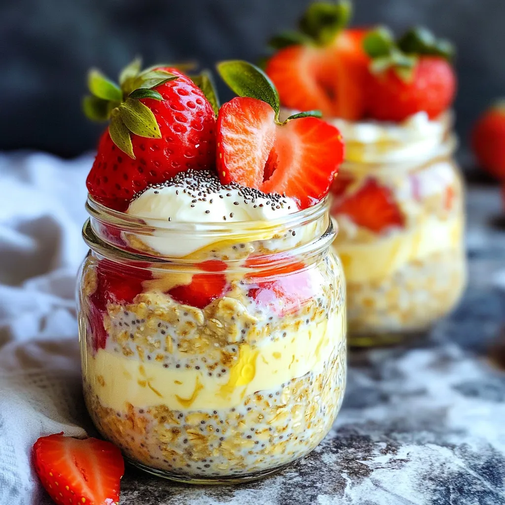 To make strawberry cheesecake overnight oats, you will need: - 1 cup rolled oats - 1 ½ cups almond milk (or milk of choice) - ½ cup Greek yogurt (plain or vanilla) - 2 tablespoons cream cheese, softened - 2 tablespoons maple syrup (or honey) - 1 teaspoon vanilla extract - ½ cup fresh strawberries, chopped (plus extra for topping) - 1 tablespoon chia seeds - A pinch of salt These ingredients work together to create a rich and creamy texture, just like cheesecake. You can swap some ingredients for different flavors or dietary needs: - Use coconut milk or soy milk instead of almond milk. - Try dairy-free yogurt if you want a vegan option. - Swap cream cheese with cashew cream for a nut-based version. - Use agave syrup instead of maple syrup if preferred. - For a sweeter taste, add more maple syrup or honey. These substitutions let you enjoy this recipe in many ways. Fresh ingredients make a big difference in taste. - Choose ripe strawberries for the best flavor. - Use plain Greek yogurt for a thicker texture. - Check the expiration dates on dairy products before using. - Store the oats in a sealed container to keep them fresh. Using quality ingredients will enhance the overall taste of your overnight oats. First, gather all your ingredients. You need rolled oats, almond milk, Greek yogurt, cream cheese, maple syrup, vanilla extract, fresh strawberries, chia seeds, and salt. Measure out one cup of rolled oats. Then, pour in one and a half cups of almond milk. Next, add half a cup of Greek yogurt. Take two tablespoons of softened cream cheese and mix it in. Add two tablespoons of maple syrup and one teaspoon of vanilla extract. Finally, sprinkle in one tablespoon of chia seeds and a pinch of salt. Now, it’s time to mix everything. In a medium bowl, stir all the ingredients together. Make sure the cream cheese breaks down well. You want a smooth mixture. Once it's smooth, gently fold in half a cup of chopped strawberries. This adds a nice fruity flavor. Next, it’s time to store your oats. Divide the mixture evenly into two jars or containers. Seal them tight with lids. Place the jars in the fridge overnight. This lets the oats soak up the flavors. In the morning, stir the oats to mix everything well. If you like, top with extra strawberries and a drizzle of maple syrup. Enjoy your strawberry cheesecake overnight oats cold for a tasty breakfast! To get the best texture for your strawberry cheesecake overnight oats, keep these tips in mind: - Use rolled oats. They soak up liquid well and stay chewy. - Add chia seeds. They help thicken the oats and add fiber. - Mix well. Ensure the cream cheese blends in fully for creamy bites. - Let it sit. Refrigerate for at least six hours to soften the oats. Enjoy your overnight oats in fun ways! Here are some tasty ideas: - Top with extra strawberries. This adds a fresh burst of flavor. - Drizzle with maple syrup. It adds sweetness and a nice shine. - Pair with nuts. Almonds or walnuts add crunch and healthy fats. - Serve with a side of fruit. Try bananas or blueberries for extra nutrition. Here are some common mistakes to steer clear of: - Skipping the soaking time. Don’t rush this; the oats need time to soften. - Using too much liquid. Stick to the recipe for the right balance. - Not mixing enough. Ensure all ingredients blend for the best taste. - Forgetting to taste. Adjust sweetness or toppings to suit your palate. {{image_2}} You can change the flavor of your overnight oats easily. Try using different fruits like blueberries, peaches, or bananas. Each fruit brings a unique taste. You can also switch the yogurt. Use coconut yogurt for a tropical twist or a dairy-free option. This keeps the recipe fun and fresh. If you want a vegan version, swap the Greek yogurt and cream cheese for plant-based alternatives. You can use almond or coconut yogurt. For a gluten-free option, ensure you choose certified gluten-free oats. This way, everyone can enjoy the dish. Seasonal fruits can make your overnight oats more exciting. In summer, use ripe peaches or cherries. In fall, add diced apples with a sprinkle of cinnamon. In winter, try chopped citrus fruits like oranges. These ingredients not only taste great but also add color and nutrition to your meal. To keep your strawberry cheesecake overnight oats fresh, store them in sealed jars. Glass jars work best, as they do not retain odors. Place them in the fridge right after mixing. Make sure they are airtight to prevent any moisture loss. This keeps the oats creamy and the flavors strong. You can store these overnight oats for up to three days. They taste best within the first two days. After that, the oats may lose some texture. If you notice any off smells or changes in color, it’s best to toss them. Always check before eating. These oats are meant to be eaten cold. They offer a refreshing taste in the morning. If you prefer warm oats, you can reheat them. To do this, add a splash of almond milk and microwave for about 30 seconds. Stir well and enjoy. Remember, warming will change the texture, but it can still be tasty! Yes, you can use quick oats. Quick oats cook faster and absorb liquid well. They will make your oats softer. Just remember that the texture will change. Rolled oats give a chewier bite. If you prefer a creamier mix, quick oats work well. To make this recipe vegan, swap Greek yogurt for a plant-based yogurt. Use vegan cream cheese or omit it entirely. Almond milk is a great choice. Maple syrup is already vegan. This way, you can enjoy the same yummy taste without dairy. Absolutely! This recipe is perfect for meal prep. You can make it ahead and store it in jars. Just divide the mixture into two containers. Seal them and place them in the fridge. They will stay fresh for a few days. This makes a quick breakfast for busy mornings! This post covered all you need for perfect overnight oats. We explored key ingredients and how to substitute them for freshness. You learned step-by-step instructions for preparing and storing. I shared tips for texture and common mistakes to avoid. You can make many tasty variations to match your needs. Remember these storage tips to keep your oats fresh. With these insights, you can enjoy your oats any way you like. Dive in and make your breakfast fun and healthy!