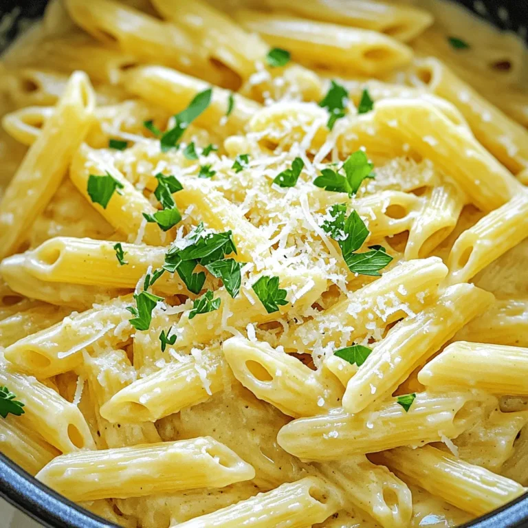 To make this tasty dish, gather the following ingredients: - 12 oz (340g) of pasta (penne or fettuccine works well) - 1 head of garlic - 2 tablespoons olive oil - 4 cups vegetable broth - 1 cup heavy cream - 1 cup grated Parmesan cheese - 1 teaspoon Italian seasoning - Salt and pepper to taste - Fresh parsley, chopped, for garnish You can mix it up with these swaps: - Use whole wheat pasta for a healthier option. - Swap heavy cream with coconut milk for a lighter choice. - Try nutritional yeast instead of Parmesan for a dairy-free flavor. - Choose chicken or beef broth if you want a richer taste. To make your dish even better, consider these garnishes: - Extra grated Parmesan cheese on top. - A sprinkle of red pepper flakes for heat. - A drizzle of olive oil for added richness. - Fresh basil or chives for a pop of color and flavor. First, you need to preheat your oven to 400°F (200°C). Grab a whole head of garlic. Slice off the top to show the cloves inside. Drizzle one tablespoon of olive oil over it. Wrap the garlic tightly in aluminum foil. Place it in the oven for about 30-35 minutes. The cloves will become soft and sweet as they roast. This step adds a rich flavor to our creamy pasta. While the garlic roasts, take a large pot and warm one tablespoon of olive oil over medium heat. Add your uncooked pasta, like penne or fettuccine, to the pot. Toast the pasta lightly for 2-3 minutes. Stir it often to avoid sticking. Now, pour in four cups of vegetable broth. Add one teaspoon of Italian seasoning along with salt and pepper to taste. Bring this mixture to a boil. Once boiling, lower the heat and let it simmer. Stir every now and then until the pasta is al dente, about 10-12 minutes. When the garlic is done roasting, let it cool for a few minutes. Squeeze the soft cloves from their skins into a bowl. Mash the cloves into a paste. Check the pasta; if it has absorbed most of the broth, it’s time to add the creamy goodness. Stir in one cup of heavy cream and one cup of grated Parmesan cheese. Add the mashed roasted garlic next. Mix everything together until the pasta is fully coated and creamy. If you need to, taste and adjust the seasoning. Let it simmer for another 2-3 minutes to thicken. Now, you’re ready to serve this delightful dish! To roast garlic, start by preheating your oven to 400°F (200°C). Slice off the top of the garlic head to show the cloves. Drizzle one tablespoon of olive oil over it. Wrap the garlic in aluminum foil to keep it moist. Roast it for 30 to 35 minutes. You want the cloves to be soft and golden brown. This makes the garlic sweet and creamy. For the best pasta, choose penne or fettuccine. Before adding any liquid, toast the uncooked pasta in a pot with a tablespoon of olive oil. Stir it for 2 to 3 minutes. This step adds flavor and helps the pasta stay firm. When you add vegetable broth, make sure it covers the pasta. Stir often to stop it from sticking. Cook until it is al dente, which takes about 10 to 12 minutes. If your sauce is too thick, add a splash of vegetable broth or cream. Stir well to combine. If it is too thin, let it simmer for a few more minutes. This helps the sauce thicken up. Remember, the sauce should coat the pasta nicely. Taste it after adding the cream and cheese to make sure the seasoning is just right. {{image_2}} You can boost your meal by adding protein. Chicken, shrimp, or tofu are great choices. For chicken, use bite-sized pieces. Cook it in the pot before adding pasta. For shrimp, toss them in during the last few minutes of cooking. This way, they cook perfectly without getting tough. If you prefer tofu, use firm tofu cut into cubes. Sauté it until golden before adding pasta. This adds flavor and texture. All these options make your dish heartier and more filling. Want a vegan version? Swap heavy cream for a dairy-free cream. Almond, coconut, or cashew cream works well. Use nutritional yeast instead of Parmesan for a cheesy flavor. It gives a nice depth without dairy. For the broth, make sure to use vegetable broth. Check labels for animal products. This keeps your meal plant-based and delicious. Adding vegetables is easy and fun! Spinach, peas, or bell peppers work well. You can stir them in during the last few minutes of cooking. This adds color and nutrients. Try sautéing mushrooms or zucchini with garlic before adding pasta. These add extra flavor and make your dish more filling. You can even toss in broccoli florets for a crunchy bite. Enjoy your one-pot pasta while boosting its health benefits! Store your leftover pasta in an airtight container. Let it cool down first. This will keep it fresh. It's best to eat within three days. To reheat, place the pasta in a pot. Add a splash of water or broth. Heat over low to medium heat. Stir often to avoid burning. You can also use the microwave. Heat in short bursts, stirring in between. You can freeze this dish for later. Use a freezer-safe container. Make sure to leave some space for expansion. It can last up to three months in the freezer. When ready to eat, thaw it in the fridge overnight. Reheat as directed above. I recommend using penne or fettuccine. Both types hold the sauce well. You can also try other pasta shapes like rotini or farfalle. The key is to pick a pasta that can soak up all that creamy goodness. While garlic powder is a quick option, it won't give the same flavor. Roasted garlic has a sweet, rich taste that adds depth to this dish. If you must use garlic powder, start with a small amount, about one teaspoon. Adjust to your taste, but know it won’t be the same. To make this dish gluten-free, swap regular pasta for gluten-free pasta. Many stores offer great options now. You can find gluten-free penne or fettuccine. Just follow the cooking time on the package, as it may differ. One-Pot Roasted Garlic Creamy Pasta is simple and delicious. You learned about key ingredients, easy steps, and handy tips. We explored tasty variations and how to store your meal. This dish is great for any occasion. You can customize it to fit your needs. By following these tips, you’ll always enjoy a creamy pasta treat. Now, go make this dish your own!