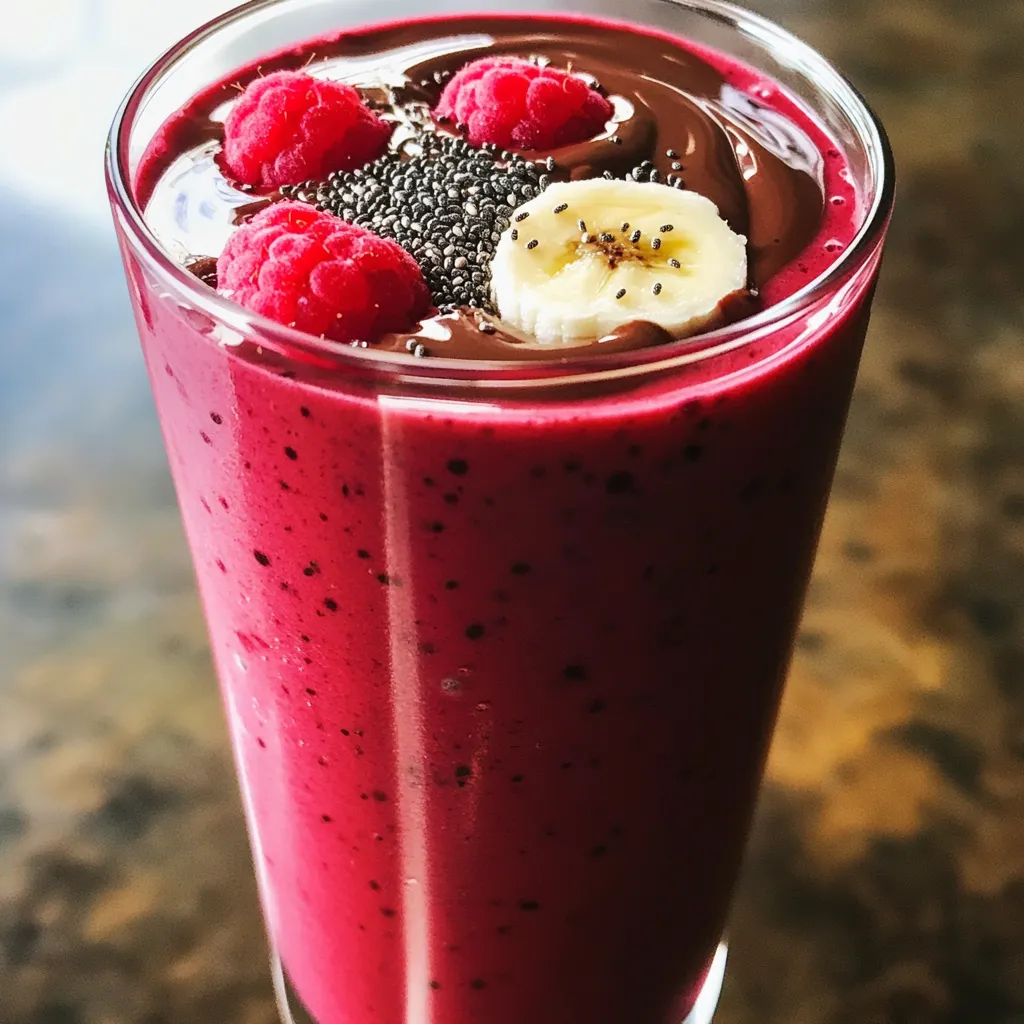 - 1 cup frozen raspberries - 1 banana - 2 tablespoons chocolate protein powder - 1 tablespoon almond butter - 1 cup unsweetened almond milk (or any milk of your choice) - 1 tablespoon chia seeds - 1 teaspoon honey or maple syrup (optional, for sweetness) - Ice cubes (optional, for a thicker smoothie) - Frozen raspberries: Full of vitamins, fiber, and antioxidants. They help boost your immune system. - Banana: A great source of potassium. It adds natural sweetness and creaminess. - Chocolate protein powder: Provides protein for muscle growth and repair. It makes the smoothie rich in flavor. - Almond butter: Contains healthy fats and protein. It adds creaminess and a nutty taste. - Almond milk: Low in calories and dairy-free. It keeps the smoothie light and refreshing. - Chia seeds: Packed with omega-3s, fiber, and protein. They help you feel full longer. - Honey or maple syrup: Adds natural sweetness. You can skip this if you want less sugar. - Ice cubes: Make the smoothie colder and thicker. They are optional for texture. - Frozen raspberries: Use organic if possible for better taste and health benefits. - Banana: Choose ripe bananas for added sweetness and flavor. - Chocolate protein powder: Look for natural options without added sugars. - Almond butter: Go for unsweetened and creamy types for the best consistency. - Almond milk: Use unsweetened varieties to keep sugar low. - Chia seeds: Buy whole seeds for maximum nutrient benefits. - Honey or maple syrup: Choose raw honey or pure maple syrup for best flavor. - Ice cubes: Use fresh ice for a cold, refreshing drink. To start, gather your ingredients. You will need: - 1 cup frozen raspberries - 1 banana - 2 tablespoons chocolate protein powder - 1 tablespoon almond butter - 1 cup unsweetened almond milk (or any milk of your choice) - 1 tablespoon chia seeds - 1 teaspoon honey or maple syrup (optional) - Ice cubes (optional) Next, peel the banana and break it into pieces. This makes blending easier. Measure out the almond butter and protein powder. You want to have everything ready to go. Now, take your blender and add the prepared ingredients. First, toss in the frozen raspberries and banana. Then, add the chocolate protein powder, almond butter, almond milk, and chia seeds. If you want a sweeter taste, pour in the honey or maple syrup. Blend on high speed until it all mixes well. You want it smooth and creamy. If you like your smoothie thicker, add ice cubes and blend again. Blend until you reach your favorite texture. To get the best smoothie, adjust the liquid. If it's too thick, add a bit more almond milk. If it's too thin, add more frozen fruit. Taste before serving. If it's not sweet enough, blend in a little more honey or maple syrup. For a fun twist, try blending in a handful of spinach. It adds great nutrients without changing the flavor much. Enjoy your smoothie right after making it for the best taste! You can easily adjust the sweetness of your smoothie. If you want it sweeter, add one teaspoon of honey or maple syrup. Blend well and taste again. If it needs more sweetness, add a little more. You can skip the sweetener if you prefer a natural taste. The banana adds some sweetness already. To make the best smoothie, follow these tips: - Use frozen raspberries for a thick texture. - Always add liquid first, then solids to blend smoothly. - Blend on high speed to mix all ingredients well. - Taste your smoothie before serving. Adjust as needed. - If it’s too thick, add more almond milk. You can swap some ingredients for different flavors or diets. Here are some ideas: - Use coconut milk instead of almond milk for a tropical twist. - Try peanut butter instead of almond butter for a richer taste. - If you don’t have protein powder, use Greek yogurt for protein. - Any frozen berry can replace raspberries, like strawberries or blueberries. These swaps keep your smoothie exciting and fun! {{image_2}} You can swap raspberries with other fruits for fun flavors. Try strawberries, blueberries, or even mango. Each fruit gives a unique taste and adds nutrients. For a tropical twist, use pineapple. If you prefer something creamy, avocado works great too. Mix and match your favorite fruits to keep things exciting! Choosing the right protein powder can change your smoothie. I recommend chocolate or vanilla-flavored powders for a tasty blend. Look for plant-based powders if you want a dairy-free option. Brands like Vega and Orgain offer great choices. If you like whey protein, look for grass-fed options. Always check for added sugars to keep it healthy. For a dairy-free smoothie, almond milk is perfect. You can also try oat milk or coconut milk for rich flavors. If you want a vegan smoothie, ensure your protein powder is plant-based. Almond butter adds creaminess without dairy. This smoothie stays delicious while meeting your dietary needs. Enjoy it guilt-free! If you have leftover smoothie, you can store it easily. Pour any leftover smoothie into a sealed bottle or jar. Keep it in the fridge for up to 24 hours. When you're ready to enjoy, shake or stir it well. The texture may change, but it will still taste great. Freezing is a smart way to save your smoothie for later. Pour the smoothie into ice cube trays for easy storage. Once frozen, pop out the cubes and place them in a freezer bag. You can blend these cubes with a splash of milk later for a quick treat. This method is perfect for meal prep. Each ingredient in this smoothie has a different shelf life. Here’s a quick look: - Frozen raspberries: Last up to 6 months in the freezer. - Bananas: Best used within 2-3 days if ripe. You can freeze overripe ones. - Chocolate protein powder: Stays fresh for about 1 year when stored in a cool, dry place. - Almond butter: Can last for 6 months in the pantry, or longer if refrigerated. - Almond milk: Unopened, it lasts about 1 month past the date. Once opened, use it within 7-10 days. - Chia seeds: Good for 2-3 years if kept dry and cool. - Honey or maple syrup: Almost indefinite if stored properly. Knowing how to store your smoothie and its ingredients helps you enjoy it at its best. You can boost protein in this smoothie by adding more protein powder. Try one extra tablespoon of chocolate protein powder. You can also add Greek yogurt or cottage cheese. Both will give a creamy texture and extra protein. Another option is to mix in some hemp seeds. They are rich in protein too. Yes, you can make this smoothie ahead of time. Just blend all the ingredients and store it in the fridge. It stays fresh for about a day. For longer storage, pour it into ice cube trays and freeze. Later, blend the frozen cubes for a quick drink. Chia seeds are tiny powerhouses! They are high in fiber, which helps digestion. They also contain omega-3 fatty acids, good for heart health. Plus, these seeds are rich in protein. Just one tablespoon packs a nutritious punch. You will feel fuller for longer after eating them. Absolutely! Adding greens like spinach or kale is a great idea. They add nutrients without changing the taste much. Start with a handful and blend it in. You won’t even notice them! This way, you get more vitamins while enjoying your smoothie. In this article, we covered the key ingredients for your smoothie, their benefits, and the best types to use. I shared step-by-step instructions for preparation and blending, plus tips for the right consistency. You learned how to customize sweetness and substitute ingredients. We also explored variations, storage methods, and answered common questions. Smoothies are fun and flexible. Enjoy making them your way and boost your health!