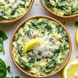 - 1 cup orzo pasta - 2 cups vegetable broth - 1 tablespoon olive oil - 3 cloves garlic, minced - 4 cups fresh spinach, roughly chopped - 1 cup heavy cream or coconut cream for a vegan option - 1 lemon, zested and juiced - 1/2 cup grated Parmesan cheese or nutritional yeast for vegan - Salt and pepper to taste - Optional: Red pepper flakes for heat - Fresh parsley, chopped for garnish To make a tasty creamy lemon spinach orzo skillet, gather these simple ingredients. The orzo pasta forms the base, giving you that lovely bite. Vegetable broth adds a rich flavor. Olive oil helps sauté the garlic, giving it a nice golden color. Minced garlic brings a warm aroma to the dish. Fresh spinach adds a pop of green and nutrients. For creaminess, use heavy cream or coconut cream. The lemon zest and juice add brightness, making the dish fresh. Grated Parmesan cheese or nutritional yeast gives a cheesy flavor. Season with salt and pepper to make everything sing. If you like some heat, add red pepper flakes. Finally, fresh parsley adds a lovely touch on top. These ingredients come together for a bright, creamy dish that feels special yet is easy to make. - Heat olive oil in a skillet over medium heat. - Add minced garlic and sauté until it smells great, about one minute. Watch it closely to avoid burning. - Add one cup of orzo pasta to the skillet. Toast it lightly for two to three minutes, stirring often. - Pour in two cups of vegetable broth and bring the mix to a boil. Once boiling, lower the heat, cover, and let it simmer. Cook for ten to twelve minutes until the orzo is soft and most of the broth is gone. - Stir in four cups of fresh spinach, lemon zest, and lemon juice. Cook for another two to three minutes until the spinach wilts down. - Add one cup of heavy cream and mix well. Let it simmer for two more minutes to thicken. - Finally, stir in half a cup of grated Parmesan cheese until it melts and becomes creamy. Season with salt, pepper, and red pepper flakes if you want some heat. Enjoy your creamy lemon spinach orzo! To get the best creamy texture, keep the heat low when you add the cream. This way, it simmers gently and blends beautifully. Stir often to mix it well. If the sauce is too thick, add a little vegetable broth. If it's too thin, let it simmer a bit longer. Adding fresh herbs can lift the flavor. Try basil or dill for a fresh twist. You can also mix in other veggies, like peas or asparagus, for extra color and taste. This makes the dish more fun and healthy. For a lovely presentation, serve the orzo in shallow bowls. Top each bowl with more Parmesan and a lemon wedge. This adds a pop of color. Pair it with a light salad or a crisp white wine. A Sauvignon Blanc works well. Enjoy the bright flavors! {{image_2}} For a vegan version, swap out heavy cream for coconut cream. It gives a rich taste without dairy. Use nutritional yeast instead of Parmesan cheese. This adds a cheesy flavor while keeping it plant-based. You can also use cashew cream for a creamy texture. Blend soaked cashews with water for a smooth mix. Want to add protein? Grilled chicken or shrimp works great. Cook them separately and stir them in at the end. For a vegetarian option, add chickpeas or lentils. They boost protein while keeping the dish hearty. Tofu is another good choice. Sauté it until golden before mixing it in. If you need a gluten-free dish, try quinoa or rice instead of orzo. These grains cook well and absorb the flavors nicely. Brown rice adds a nutty taste. Cook them according to package instructions. You can also use gluten-free pasta. Just adjust the cooking time to avoid mushiness. To keep your creamy lemon spinach orzo fresh, use airtight containers. Glass or plastic containers work well. You can store it in the fridge for up to three days. Make sure to let it cool before sealing. You can reheat your orzo in the microwave or on the stovetop. For the microwave, place it in a bowl and cover it. Heat in short bursts, stirring in between. On the stovetop, add a splash of broth or cream. Heat over low until warm. This helps keep it creamy and smooth. To freeze the dish, let it cool completely. Place it in a sturdy freezer bag or container. Remove as much air as possible before sealing. When you are ready to eat, defrost it in the fridge overnight. After freezing, the texture may change. It might be less creamy and more grainy. Yes, you can make this recipe vegan. To do this, swap the heavy cream for coconut cream. This keeps it thick and creamy. For cheese, use nutritional yeast instead of Parmesan. It adds a nice cheesy flavor without dairy. These swaps keep the dish just as tasty and enjoyable. To keep orzo firm, watch the cooking time. Cook it for only 10-12 minutes in the broth. Stir it often while cooking to prevent sticking. Make sure to check the package instructions too, as cooking times can differ. Drain any extra liquid if needed, but let it absorb most of the broth for the best texture. You can use other pasta types if you prefer. Try small shapes like penne or fusilli. Just adjust the cooking time based on the pasta you choose. Ensure you follow the package instructions for best results. This way, you can enjoy the same creamy lemon flavor no matter the pasta! This blog post covered a delightful creamy orzo recipe. You learned about key ingredients like garlic, spinach, and cream. We explored simple steps to cook and perfect the dish. You also discovered tips for making it vegan and gluten-free. In the end, this recipe offers lots of options for flavor and texture. Get creative with your own twists. Enjoy sharing this dish with others!