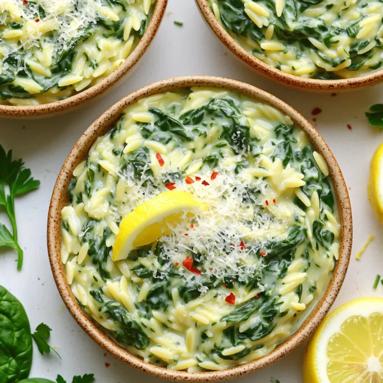 - 1 cup orzo pasta - 2 cups vegetable broth - 1 tablespoon olive oil - 3 cloves garlic, minced - 4 cups fresh spinach, roughly chopped - 1 cup heavy cream or coconut cream for a vegan option - 1 lemon, zested and juiced - 1/2 cup grated Parmesan cheese or nutritional yeast for vegan - Salt and pepper to taste - Optional: Red pepper flakes for heat - Fresh parsley, chopped for garnish To make a tasty creamy lemon spinach orzo skillet, gather these simple ingredients. The orzo pasta forms the base, giving you that lovely bite. Vegetable broth adds a rich flavor. Olive oil helps sauté the garlic, giving it a nice golden color. Minced garlic brings a warm aroma to the dish. Fresh spinach adds a pop of green and nutrients. For creaminess, use heavy cream or coconut cream. The lemon zest and juice add brightness, making the dish fresh. Grated Parmesan cheese or nutritional yeast gives a cheesy flavor. Season with salt and pepper to make everything sing. If you like some heat, add red pepper flakes. Finally, fresh parsley adds a lovely touch on top. These ingredients come together for a bright, creamy dish that feels special yet is easy to make. - Heat olive oil in a skillet over medium heat. - Add minced garlic and sauté until it smells great, about one minute. Watch it closely to avoid burning. - Add one cup of orzo pasta to the skillet. Toast it lightly for two to three minutes, stirring often. - Pour in two cups of vegetable broth and bring the mix to a boil. Once boiling, lower the heat, cover, and let it simmer. Cook for ten to twelve minutes until the orzo is soft and most of the broth is gone. - Stir in four cups of fresh spinach, lemon zest, and lemon juice. Cook for another two to three minutes until the spinach wilts down. - Add one cup of heavy cream and mix well. Let it simmer for two more minutes to thicken. - Finally, stir in half a cup of grated Parmesan cheese until it melts and becomes creamy. Season with salt, pepper, and red pepper flakes if you want some heat. Enjoy your creamy lemon spinach orzo! To get the best creamy texture, keep the heat low when you add the cream. This way, it simmers gently and blends beautifully. Stir often to mix it well. If the sauce is too thick, add a little vegetable broth. If it's too thin, let it simmer a bit longer. Adding fresh herbs can lift the flavor. Try basil or dill for a fresh twist. You can also mix in other veggies, like peas or asparagus, for extra color and taste. This makes the dish more fun and healthy. For a lovely presentation, serve the orzo in shallow bowls. Top each bowl with more Parmesan and a lemon wedge. This adds a pop of color. Pair it with a light salad or a crisp white wine. A Sauvignon Blanc works well. Enjoy the bright flavors! {{image_2}} For a vegan version, swap out heavy cream for coconut cream. It gives a rich taste without dairy. Use nutritional yeast instead of Parmesan cheese. This adds a cheesy flavor while keeping it plant-based. You can also use cashew cream for a creamy texture. Blend soaked cashews with water for a smooth mix. Want to add protein? Grilled chicken or shrimp works great. Cook them separately and stir them in at the end. For a vegetarian option, add chickpeas or lentils. They boost protein while keeping the dish hearty. Tofu is another good choice. Sauté it until golden before mixing it in. If you need a gluten-free dish, try quinoa or rice instead of orzo. These grains cook well and absorb the flavors nicely. Brown rice adds a nutty taste. Cook them according to package instructions. You can also use gluten-free pasta. Just adjust the cooking time to avoid mushiness. To keep your creamy lemon spinach orzo fresh, use airtight containers. Glass or plastic containers work well. You can store it in the fridge for up to three days. Make sure to let it cool before sealing. You can reheat your orzo in the microwave or on the stovetop. For the microwave, place it in a bowl and cover it. Heat in short bursts, stirring in between. On the stovetop, add a splash of broth or cream. Heat over low until warm. This helps keep it creamy and smooth. To freeze the dish, let it cool completely. Place it in a sturdy freezer bag or container. Remove as much air as possible before sealing. When you are ready to eat, defrost it in the fridge overnight. After freezing, the texture may change. It might be less creamy and more grainy. Yes, you can make this recipe vegan. To do this, swap the heavy cream for coconut cream. This keeps it thick and creamy. For cheese, use nutritional yeast instead of Parmesan. It adds a nice cheesy flavor without dairy. These swaps keep the dish just as tasty and enjoyable. To keep orzo firm, watch the cooking time. Cook it for only 10-12 minutes in the broth. Stir it often while cooking to prevent sticking. Make sure to check the package instructions too, as cooking times can differ. Drain any extra liquid if needed, but let it absorb most of the broth for the best texture. You can use other pasta types if you prefer. Try small shapes like penne or fusilli. Just adjust the cooking time based on the pasta you choose. Ensure you follow the package instructions for best results. This way, you can enjoy the same creamy lemon flavor no matter the pasta! This blog post covered a delightful creamy orzo recipe. You learned about key ingredients like garlic, spinach, and cream. We explored simple steps to cook and perfect the dish. You also discovered tips for making it vegan and gluten-free. In the end, this recipe offers lots of options for flavor and texture. Get creative with your own twists. Enjoy sharing this dish with others!