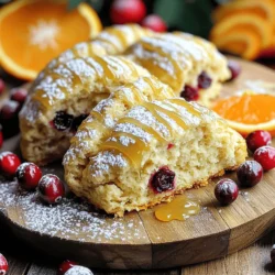 - 2 cups all-purpose flour - 1/3 cup granulated sugar - 1 tablespoon baking powder - 1/2 teaspoon salt - 1/2 cup unsalted butter, cold and cubed - 1/2 cup dried cranberries - Zest of 1 orange - 1/2 cup heavy cream - 1 large egg - 1 teaspoon vanilla extract - 1 cup powdered sugar - 2 tablespoons fresh orange juice - 1 teaspoon orange zest I love the simple yet flavorful ingredients in these scones. All-purpose flour acts as the base, giving the scones structure. Granulated sugar adds sweetness, while baking powder helps them rise. The salt balances flavors, making each bite delightful. Using cold, cubed unsalted butter is key. It creates a flaky texture. Dried cranberries bring a burst of tartness, and the zest of one orange adds a fresh, citrusy note. Heavy cream gives richness, while the egg binds everything together. For the glaze, I use powdered sugar mixed with fresh orange juice and zest. This adds a sweet, tangy finish that makes the scones shine. Each ingredient plays a role in crafting a perfect breakfast treat, making these scones a must-try. 1. Preheat your oven to 400°F (200°C). This ensures even baking. Line a baking sheet with parchment paper. This keeps the scones from sticking. 2. In a large mixing bowl, whisk together the flour, sugar, baking powder, and salt. Mix until well combined; this helps the scones rise. 3. Add the cold, cubed butter to the flour mixture. Use a pastry cutter or your fingers to mix until it looks like coarse crumbs. This gives the scones a nice flaky texture. 4. Stir in the dried cranberries and orange zest. Mix well to ensure even distribution of flavors throughout the dough. 1. In a separate bowl, whisk together the heavy cream, egg, and vanilla extract. This will add richness and flavor to the scones. 2. Pour the wet mixture into the dry ingredients. Stir gently until just combined; make sure not to overmix. This keeps the scones light. 3. Turn the dough out onto a floured surface. Knead it gently about five times until it comes together. Pat the dough into a circle about 1 inch thick. 1. Cut the dough into 8 wedges. Place them on the prepared baking sheet, leaving space between each scone. 2. Bake for 15-20 minutes, or until the scones are golden brown on the edges. Check for doneness by looking for a nice golden color. 3. Once done, let the scones cool for a few minutes on a wire rack. This helps them set and makes them easier to glaze. - Ensuring perfect scone texture: Use cold butter. It helps create a flaky texture. Cut the butter into small pieces. This keeps it from mixing too much with the flour. - Best practices for mixing: Mix the dry ingredients well. This helps the baking powder spread evenly. When adding wet ingredients, mix gently. This keeps the scones light and fluffy. - How to avoid overworking the dough: Handle the dough as little as possible. Mix until just combined. Too much mixing makes the scones tough. - Achieving the perfect glaze consistency: Aim for a smooth and thick glaze. Add orange juice slowly to the powdered sugar. Stop when it’s pourable but not runny. - Drizzling techniques for presentation: Use a spoon or a piping bag to drizzle. Start from the center and move outward. This gives a nice look to your scones. - Flavor enhancement suggestions: For more flavor, add a pinch of salt to the glaze. You can also mix in a bit of vanilla extract. This makes the glaze richer and more tasty. {{image_2}} You can change up your scones by using fresh cranberries. Fresh berries add a burst of flavor and a juicy texture to each bite. If you love chocolate, try adding some chocolate chips. They pair well with the sweet orange glaze. You can also swap the orange zest for other citrus zests like lemon or lime. This will give your scones a new twist. If you need a gluten-free version, use a gluten-free flour blend. This will keep the texture light and fluffy. For those watching sugar, you can cut the sugar in half. The scones will still taste great with less sweetness. If you want a vegan option, replace the butter with coconut oil and use a flax egg instead of a real egg. These simple swaps let everyone enjoy your delicious scones. To keep your cranberry orange glazed scones fresh, you can store them at room temperature or in the fridge. If you choose room temperature, place them in an airtight container. They stay good for about 2 days this way. If you want to keep them longer, refrigerate them. They will last up to a week in the fridge, but you may notice some dryness. Use a container that seals tightly to keep moisture in. Freezing scones is a great way to enjoy them later. To freeze, first let the scones cool completely. Then, wrap each scone in plastic wrap. Place the wrapped scones in a freezer-safe bag or container. This keeps them safe from freezer burn. You can freeze them for up to 3 months. When you are ready to eat a scone, take it out and let it thaw at room temperature for about 30 minutes. For the best taste, you can heat them in the oven. Preheat the oven to 350°F (175°C) and place the scones on a baking sheet. Heat them for about 10 minutes. This warms them up and makes them taste fresh again. Enjoy your delightful treat! How to know when scones are done? You can tell scones are done when they turn golden brown. Look for a nice, light color on the edges. You can also gently tap the top. If it feels firm, then they are ready. Can I make the dough ahead of time? Yes, you can make the dough ahead of time. Just wrap it tightly in plastic wrap. Store it in the fridge for up to 24 hours. This helps the flavors blend nicely. When ready, just roll it out and bake. How to reheat scones without drying them out? To reheat scones, wrap them in a damp paper towel. Place them on a plate and microwave for about 10-15 seconds. This keeps them moist. You can also warm them in a low oven. Set it to 300°F and heat for about 5-10 minutes. Making scones is simple and fun. We covered the key ingredients, from flour to cranberries, and how to mix them. I shared tips for perfect texture and glazing. You can get creative with variations, like using chocolate or fresh fruit. Storing and freezing will keep your scones fresh longer. Remember, with practice, you’ll bake great scones every time. Enjoy the process and the tasty results!