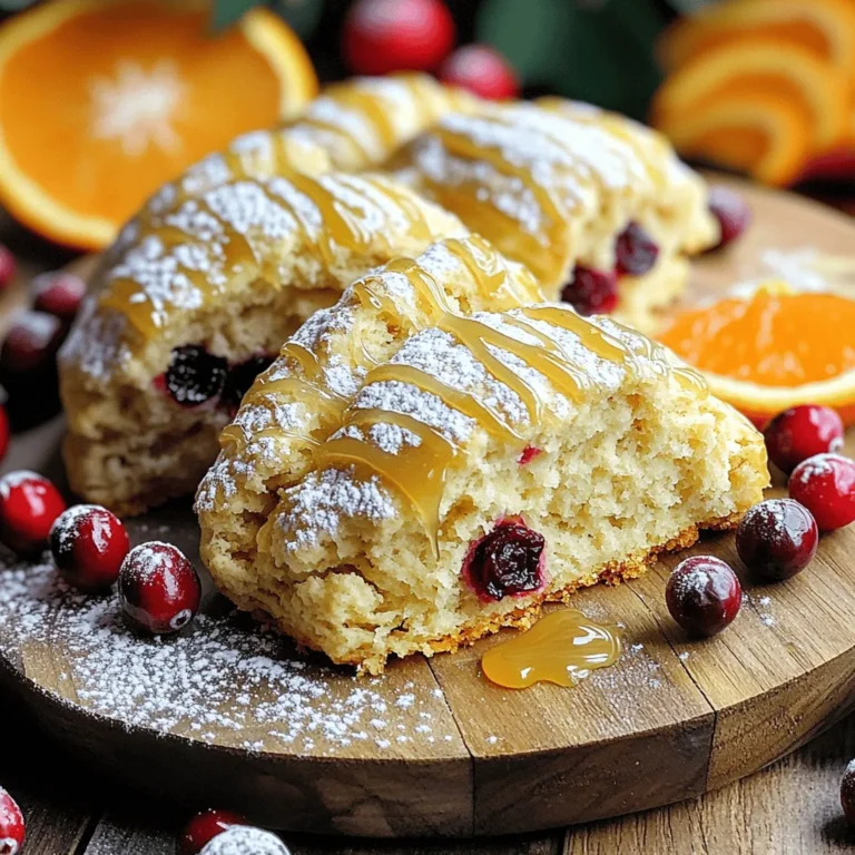 - 2 cups all-purpose flour - 1/3 cup granulated sugar - 1 tablespoon baking powder - 1/2 teaspoon salt - 1/2 cup unsalted butter, cold and cubed - 1/2 cup dried cranberries - Zest of 1 orange - 1/2 cup heavy cream - 1 large egg - 1 teaspoon vanilla extract - 1 cup powdered sugar - 2 tablespoons fresh orange juice - 1 teaspoon orange zest I love the simple yet flavorful ingredients in these scones. All-purpose flour acts as the base, giving the scones structure. Granulated sugar adds sweetness, while baking powder helps them rise. The salt balances flavors, making each bite delightful. Using cold, cubed unsalted butter is key. It creates a flaky texture. Dried cranberries bring a burst of tartness, and the zest of one orange adds a fresh, citrusy note. Heavy cream gives richness, while the egg binds everything together. For the glaze, I use powdered sugar mixed with fresh orange juice and zest. This adds a sweet, tangy finish that makes the scones shine. Each ingredient plays a role in crafting a perfect breakfast treat, making these scones a must-try. 1. Preheat your oven to 400°F (200°C). This ensures even baking. Line a baking sheet with parchment paper. This keeps the scones from sticking. 2. In a large mixing bowl, whisk together the flour, sugar, baking powder, and salt. Mix until well combined; this helps the scones rise. 3. Add the cold, cubed butter to the flour mixture. Use a pastry cutter or your fingers to mix until it looks like coarse crumbs. This gives the scones a nice flaky texture. 4. Stir in the dried cranberries and orange zest. Mix well to ensure even distribution of flavors throughout the dough. 1. In a separate bowl, whisk together the heavy cream, egg, and vanilla extract. This will add richness and flavor to the scones. 2. Pour the wet mixture into the dry ingredients. Stir gently until just combined; make sure not to overmix. This keeps the scones light. 3. Turn the dough out onto a floured surface. Knead it gently about five times until it comes together. Pat the dough into a circle about 1 inch thick. 1. Cut the dough into 8 wedges. Place them on the prepared baking sheet, leaving space between each scone. 2. Bake for 15-20 minutes, or until the scones are golden brown on the edges. Check for doneness by looking for a nice golden color. 3. Once done, let the scones cool for a few minutes on a wire rack. This helps them set and makes them easier to glaze. - Ensuring perfect scone texture: Use cold butter. It helps create a flaky texture. Cut the butter into small pieces. This keeps it from mixing too much with the flour. - Best practices for mixing: Mix the dry ingredients well. This helps the baking powder spread evenly. When adding wet ingredients, mix gently. This keeps the scones light and fluffy. - How to avoid overworking the dough: Handle the dough as little as possible. Mix until just combined. Too much mixing makes the scones tough. - Achieving the perfect glaze consistency: Aim for a smooth and thick glaze. Add orange juice slowly to the powdered sugar. Stop when it’s pourable but not runny. - Drizzling techniques for presentation: Use a spoon or a piping bag to drizzle. Start from the center and move outward. This gives a nice look to your scones. - Flavor enhancement suggestions: For more flavor, add a pinch of salt to the glaze. You can also mix in a bit of vanilla extract. This makes the glaze richer and more tasty. {{image_2}} You can change up your scones by using fresh cranberries. Fresh berries add a burst of flavor and a juicy texture to each bite. If you love chocolate, try adding some chocolate chips. They pair well with the sweet orange glaze. You can also swap the orange zest for other citrus zests like lemon or lime. This will give your scones a new twist. If you need a gluten-free version, use a gluten-free flour blend. This will keep the texture light and fluffy. For those watching sugar, you can cut the sugar in half. The scones will still taste great with less sweetness. If you want a vegan option, replace the butter with coconut oil and use a flax egg instead of a real egg. These simple swaps let everyone enjoy your delicious scones. To keep your cranberry orange glazed scones fresh, you can store them at room temperature or in the fridge. If you choose room temperature, place them in an airtight container. They stay good for about 2 days this way. If you want to keep them longer, refrigerate them. They will last up to a week in the fridge, but you may notice some dryness. Use a container that seals tightly to keep moisture in. Freezing scones is a great way to enjoy them later. To freeze, first let the scones cool completely. Then, wrap each scone in plastic wrap. Place the wrapped scones in a freezer-safe bag or container. This keeps them safe from freezer burn. You can freeze them for up to 3 months. When you are ready to eat a scone, take it out and let it thaw at room temperature for about 30 minutes. For the best taste, you can heat them in the oven. Preheat the oven to 350°F (175°C) and place the scones on a baking sheet. Heat them for about 10 minutes. This warms them up and makes them taste fresh again. Enjoy your delightful treat! How to know when scones are done? You can tell scones are done when they turn golden brown. Look for a nice, light color on the edges. You can also gently tap the top. If it feels firm, then they are ready. Can I make the dough ahead of time? Yes, you can make the dough ahead of time. Just wrap it tightly in plastic wrap. Store it in the fridge for up to 24 hours. This helps the flavors blend nicely. When ready, just roll it out and bake. How to reheat scones without drying them out? To reheat scones, wrap them in a damp paper towel. Place them on a plate and microwave for about 10-15 seconds. This keeps them moist. You can also warm them in a low oven. Set it to 300°F and heat for about 5-10 minutes. Making scones is simple and fun. We covered the key ingredients, from flour to cranberries, and how to mix them. I shared tips for perfect texture and glazing. You can get creative with variations, like using chocolate or fresh fruit. Storing and freezing will keep your scones fresh longer. Remember, with practice, you’ll bake great scones every time. Enjoy the process and the tasty results!