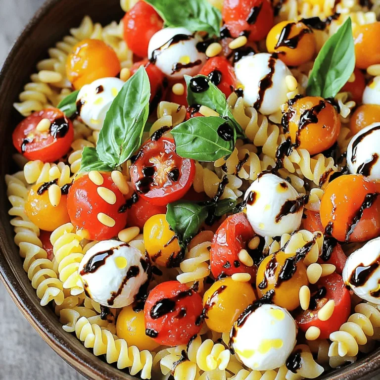 To make Minute Caprese Pasta Salad, you need these main items: - 8 ounces of rotini or fusilli pasta - 1 cup cherry tomatoes, halved - 1 cup fresh mozzarella balls (bocconcini), halved - ½ cup fresh basil leaves, torn - 2 tablespoons balsamic glaze - 2 tablespoons extra virgin olive oil - Salt and pepper to taste You can add some optional items for more taste: - 1 tablespoon pine nuts, toasted Each main ingredient brings good things to the dish. - Pasta: Rotini or fusilli holds the sauce well. It fills you up and gives energy. - Cherry Tomatoes: These add a sweet and fresh taste. They are also full of vitamins. - Mozzarella: This cheese is creamy and mild. It gives a nice texture to the salad. - Basil: Fresh basil adds a lovely aroma and flavor. It also has health benefits like antioxidants. - Balsamic Glaze: This adds a sweet and tangy kick. It enhances the overall taste and makes the salad shine. - Olive Oil: Extra virgin olive oil gives healthy fats. It helps the body absorb nutrients from the salad. With these ingredients, you create a dish that is fresh, tasty, and good for you. First, grab a large pot. Fill it with water and add salt. Bring the water to a boil. Then, add 8 ounces of rotini or fusilli pasta. Cook it for about 8 to 10 minutes. You want it al dente, which means firm but cooked. After cooking, drain the pasta in a colander. Rinse it under cold water. This cools it down and stops the cooking. Now, take a big bowl. Add the cooled pasta to the bowl. Next, toss in 1 cup of halved cherry tomatoes. Then, add 1 cup of fresh mozzarella balls, also halved. These ingredients bring color and taste. Finally, add ½ cup of torn fresh basil leaves. The basil adds a fresh aroma that makes the salad pop. It’s time to dress the salad! Drizzle 2 tablespoons of balsamic glaze over the top. Then, add 2 tablespoons of extra virgin olive oil. Sprinkle in salt and pepper to taste. Now, gently mix everything together. This step ensures the dressing coats the pasta and veggies well. If you want a crunchy element, toast 1 tablespoon of pine nuts in a dry skillet. Add them on top for extra flavor and texture. Let the salad sit for about 10 minutes before serving. This waiting time helps the flavors blend nicely. Enjoy your fresh and tasty Minute Caprese Pasta Salad! To cook pasta well, start with a large pot. Fill it with water and add salt. The water should taste like the sea. Bring the water to a boil before adding the pasta. For rotini or fusilli, cook for about 8-10 minutes. Check the pasta a minute early to avoid overcooking. You want it to be al dente, which means firm to the bite. Once done, drain the pasta and rinse it under cold water. This stops the cooking process and cools it down fast. Using fresh ingredients makes a big difference. Choose ripe cherry tomatoes for a sweet taste. Look for mozzarella balls that are soft and creamy. Fresh basil should smell strong and fragrant. If you can, buy these ingredients on the same day you plan to make the salad. This way, they stay at their best. Always wash your vegetables before using them to remove dirt and germs. For the best flavor, serve the salad right after mixing. Letting it sit for about 10 minutes helps the flavors blend. If you want a cold salad, chill it in the fridge for up to an hour. This enhances the taste and makes it refreshing. You can also toast pine nuts for a crunchy topping. They add a nice texture and nutty flavor. Enjoy the salad as a side dish or a light meal. {{image_2}} You can switch up the pasta in this dish. Instead of rotini or fusilli, try penne or farfalle. Both shapes hold sauce well. You could also use whole wheat pasta for added fiber. If you want gluten-free, look for pasta made from rice or corn. These options taste great and keep the dish fresh. To boost nutrition, add some veggies. Consider diced bell peppers or sliced cucumbers. Spinach or arugula can add a nice touch too. If you want protein, try grilled chicken or chickpeas. These add substance and make the salad more filling. Adding pine nuts can give a nice crunch and healthy fats. The dressing can change the whole vibe of the salad. Besides balsamic glaze, you could use lemon juice for a zesty kick. A sprinkle of red wine vinegar adds depth. For creaminess, try a yogurt-based dressing. Mix it up based on your taste. Each option brings a new twist to the classic Caprese flavor. To store leftovers, place the Minute Caprese Pasta Salad in an airtight container. This keeps it fresh. Make sure to cool it to room temperature first. You can store it in the fridge for up to three days. However, the salad tastes best when fresh. You don’t really need to reheat this salad. It is great cold. If you prefer warmth, heat it gently. Use a skillet over low heat. Add a splash of olive oil for moisture. Stir it often to avoid sticking. This helps keep the flavors intact. Freezing this salad is not ideal. The fresh ingredients do not freeze well. The tomatoes and basil can become mushy. If you must freeze it, leave out the tomatoes and basil. You can freeze the pasta only. When ready to use, thaw it in the fridge overnight. Then, mix in fresh ingredients before serving. Yes, you can make this salad ahead of time. I recommend making it no more than a few hours before serving. This keeps the fresh taste. If you chill it in the fridge, it will help the flavors blend. Just remember to add the dressing right before serving. This keeps the pasta from getting soggy. For this Minute Caprese Pasta Salad, I love using rotini or fusilli pasta. These shapes hold the dressing well and catch the bits of cheese and tomato. You can also use other small pasta shapes, like penne or farfalle. Just make sure to cook it until al dente. This keeps the pasta firm and chewy. To make this salad gluten-free, simply choose gluten-free pasta. There are many types available, like rice or corn-based pasta. These options cook the same way as regular pasta. Just follow the package instructions closely. The rest of the recipe remains the same, so you won’t miss out on any flavor! This blog post covered a tasty pasta salad recipe. I shared key ingredients and their benefits. You learned step-by-step instructions for cooking pasta and assembling the salad. Tips helped you perfect your dish with fresh flavors. Variations showed you how to switch things up for more nutrition. Storage info offered ways to keep leftovers fresh. With this knowledge, you can create a delightful pasta salad that suits your taste and needs. Enjoy making your salad your own. Happy cooking!
