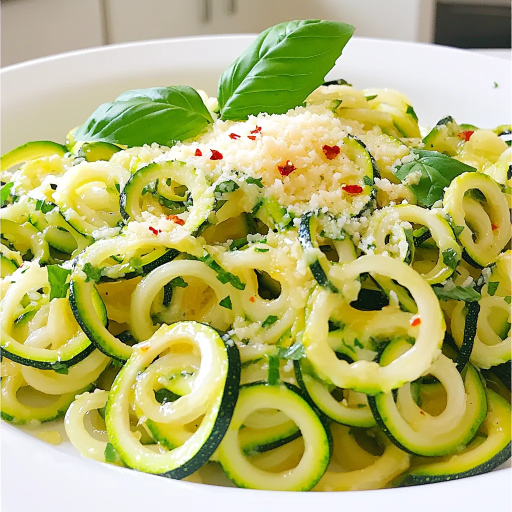 To make Minute Garlic Parmesan Zucchini Noodles, you'll need a few simple ingredients. Each one plays a role in the dish's taste and texture. Here’s what you need: - 2 medium zucchinis, spiralized into noodles - 2 tablespoons olive oil - 3 cloves garlic, minced - 1/4 teaspoon red pepper flakes (optional) - 1/4 cup grated Parmesan cheese - Salt and pepper to taste - Fresh basil leaves for garnish (optional) Zucchini noodles are the star here. They add a fresh and light feel. Olive oil gives a rich base, while garlic adds an amazing aroma. Red pepper flakes bring a nice kick, but you can skip them if you prefer. Parmesan cheese gives a creamy finish that makes this dish special. Finally, fresh basil adds a pop of color and flavor. Gather these ingredients before you start cooking. This way, your cooking time stays quick and easy. Enjoy the process! First, you need to spiralize your zucchinis. Use a spiralizer for the best noodles. If you don’t have one, a julienne peeler works great too. You want long, thin noodles. This makes eating easier and more fun. Once spiralized, set them aside. They are ready for cooking. Next, grab a large skillet and heat olive oil over medium heat. Let it shimmer, which means it’s hot enough. Add the minced garlic next. Sauté it for about 30 seconds. You want it to smell nice, but don’t let it brown. Then, toss in your zucchini noodles. Stir them well into the oil and garlic. Cook for about 2-3 minutes. You want them al dente, a bit crisp. If you enjoy spice, add red pepper flakes during the last minute. Once the noodles are cooked, remove the skillet from heat. Sprinkle the grated Parmesan cheese over the noodles. Toss them well to coat. Add salt and pepper to taste. For a fresh look, garnish with basil leaves. Serve immediately for a warm, tasty meal. Enjoy your Minute Garlic Parmesan Zucchini Noodles! When picking zucchini, look for ones that are firm and smooth. The skin should be shiny and bright green. Avoid zucchini with soft spots or wrinkles. Choose medium-sized zucchinis for the best flavor and texture. Smaller ones tend to be sweeter, while larger ones can be watery. Always wash your zucchini before spiralizing. This step keeps your dish fresh and clean. Cook zucchini noodles quickly to keep them crisp. Avoid overcooking, as they can become mushy. Sauté them for only 2-3 minutes. This keeps them al dente and tasty. Make sure your skillet is hot before adding the noodles. The olive oil should shimmer, which gives a nice sauté. Stir often to coat the noodles with garlic and oil. You can mix in extra flavors to make this dish your own. Try adding lemon zest for brightness. A splash of soy sauce adds a savory note. You can also use fresh herbs like oregano or thyme for a new twist. If you want more heat, add more red pepper flakes. For a creamier texture, mix in a bit of cream cheese or ricotta. Experiment with your favorite ingredients to find what you love! {{image_2}} You can make this dish vegan by skipping the Parmesan cheese. Instead, use nutritional yeast. Nutritional yeast adds a cheesy flavor without any dairy. It also packs a lot of nutrients. You can sprinkle a few tablespoons over the noodles. This keeps the dish tasty and healthy. This recipe is naturally gluten-free. Zucchini noodles are a great substitute for pasta. You can enjoy them without worry. If you want more texture, add some toasted nuts. Chopped walnuts or almonds work well. They add a nice crunch and extra flavor to the dish. Want to make your meal heartier? Add protein! Cooked chicken or shrimp pairs well with zucchini noodles. Simply sauté cooked chicken pieces or shrimp with garlic in the skillet. Mix them in with the noodles at the end. This creates a filling dish that satisfies your hunger. To keep your leftover zucchini noodles fresh, place them in an airtight container. Make sure to remove as much air as you can. Store them in the fridge for up to three days. This way, you can enjoy these tasty noodles later without losing flavor or texture. When you’re ready to eat your leftover zucchini noodles, heat them gently. Use a skillet over low heat to warm them up. Add a splash of olive oil to keep them moist. Stir often for about two to three minutes. This will help the noodles stay tasty and not too soft. You can freeze zucchini noodles if you want to save them for later. However, they may lose some texture after thawing. To freeze, spread the noodles on a baking sheet in a single layer. Freeze them for about one hour, then transfer them to a freezer bag. They can last up to three months in the freezer. When you’re ready to use them, cook directly from frozen. Zucchini noodles last about 2 to 3 days in the fridge. Store them in an airtight container. They may lose some crunch, but they will still be safe to eat. I recommend using them quickly for the best taste and texture. If you notice any sliminess, it's best to toss them out. Yes, you can use other cheeses instead of Parmesan. Try using feta, mozzarella, or even nutritional yeast for a vegan option. Each cheese will change the flavor. Feta adds a nice tang, while mozzarella makes it creamy. Just remember to adjust the amount based on your taste. You can serve these noodles with various dishes. They pair well with grilled chicken or shrimp for protein. You can also add a side salad for freshness. If you want more veggies, roasted bell peppers or cherry tomatoes work great too. These options make it a complete meal. In this post, we explored the key ingredients and easy steps to make zucchini noodles. We covered tips for picking the best zucchini and added flavor suggestions. You can try vegan and gluten-free options or add protein for variety. Proper storage methods help keep leftovers fresh for your next meal. Zucchini noodles are simple, healthy, and fun to make. Now, you can enjoy this dish anytime!