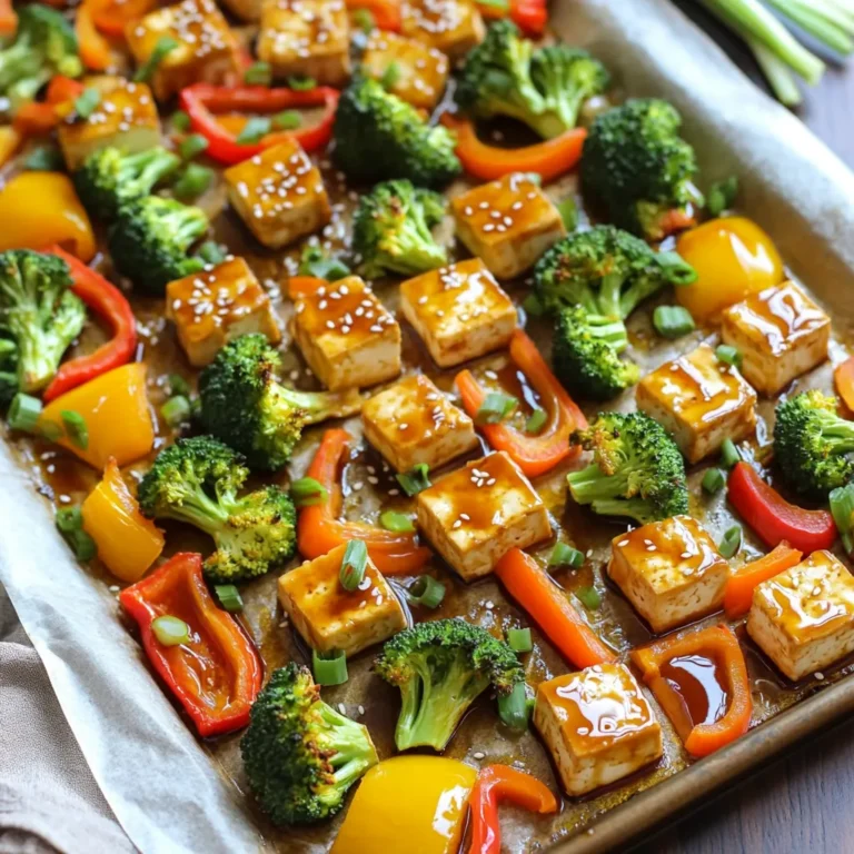 - 1 block (14 oz) firm tofu, pressed and cubed - 1 cup broccoli florets - 1 cup bell peppers (assorted colors), sliced - 1 cup carrots, thinly sliced - 3 tablespoons teriyaki sauce - 2 tablespoons soy sauce - 1 tablespoon olive oil - 2 cloves garlic, minced - 1 teaspoon fresh ginger, grated - 1 tablespoon sesame seeds - 3 green onions, sliced (for garnish) - Salt and pepper to taste Gather these fresh ingredients to make a tasty dish. The firm tofu gives the meal a nice texture. Broccoli adds crunch, while bell peppers offer sweetness. Carrots bring color and flavor. For the marinade, teriyaki sauce gives a rich taste. Soy sauce adds depth, and olive oil helps blend everything. Minced garlic and grated ginger boost the flavor even more. Finally, sesame seeds and green onions make great garnishes. They add a pop of flavor and make the dish look pretty. Salt and pepper enhance all the tastes, making every bite delightful. - Preheat the oven to 425°F (220°C). - Line a large baking sheet with parchment paper for easy cleanup. - Combine teriyaki sauce, soy sauce, olive oil, minced garlic, and grated ginger in a bowl. - Mix well to ensure every ingredient blends nicely. - Coat the cubed tofu with the marinade. - Allow it to marinate for at least 10 minutes for better flavor. - Toss broccoli, bell peppers, and carrots with olive oil, salt, and pepper. - Make sure they are evenly coated for great taste. - Spread tofu and veggies on the baking sheet. - Bake for 25-30 minutes, stirring halfway through. - Once baked, sprinkle sesame seeds over the top. - Serve with sliced green onions for a fresh finish. To get the best texture from your tofu, start by pressing it. Pressing removes excess water. This helps the tofu absorb flavors better. Wrap the tofu in a clean towel. Place a heavy object on top. Leave it for about 15 minutes. After pressing, cut the tofu into cubes. For marination, let the cubed tofu soak in the sauce for at least 10 minutes. This time allows the tofu to soak up the teriyaki and soy sauce. The longer it marinates, the tastier it gets. You can even marinate it overnight for more flavor. When choosing vegetables, think about color and texture. Broccoli, bell peppers, and carrots work well. They all roast nicely and add great flavor. You can also try zucchini, snap peas, or sweet potatoes. Cut the veggies into similar sizes. This helps them cook evenly. For example, slice the bell peppers into strips and cut the carrots thin. This way, they will roast at the same rate. Stir the tofu and veggies halfway through baking. This helps them cook evenly and get crispy. Check for doneness by looking for golden tofu and tender veggies. If the tofu is golden brown, it's ready. The veggies should be vibrant and soft, but not mushy. Adjust baking time as needed. {{image_2}} You can switch the tofu for other proteins. Chicken works great for meat lovers. Simply cut it into bite-sized pieces. Tempeh is a fantastic option too. It has a nutty flavor and adds protein. For a seafood twist, try shrimp. Shrimp cooks quickly, so adjust your bake time. Feel free to experiment with your favorite protein! While teriyaki sauce is tasty, you can try other sauces. Hoisin sauce adds a sweet kick. Soy sauce mixed with honey gives a nice glaze. For a spicy twist, use sriracha mixed with soy sauce. Each sauce brings its own flavor. Mix and match until you find your perfect blend. Using seasonal veggies can boost your meal's freshness. In spring, add asparagus or snap peas. Summer brings zucchini and corn, which brighten the dish. Fall is perfect for sweet potatoes or Brussels sprouts. Winter vegetables like cauliflower or kale add heartiness. Customize your mix based on what’s in season! Store your leftover Sheet-Pan Teriyaki Tofu and Veggies in an airtight container. Make sure to let it cool before sealing. This helps keep the flavors fresh. You can keep it in the fridge for about 3 to 4 days. After that, the tofu may lose its great taste and texture. To freeze this dish, first let it cool completely. Then, place it in a freezer-safe container. You can also use freezer bags for easy storage. Label the bags with the date to track freshness. This meal can last up to 2 months in the freezer. When ready to eat, thaw it overnight in the fridge. To reheat, the oven works best. Preheat it to 350°F (175°C). Spread the tofu and veggies on a baking sheet. Heat for about 15 to 20 minutes until warm. You can also use a microwave, but be careful. It may make the tofu a bit soft. If you prefer, use a skillet to heat it up on the stove. This keeps the texture crisp. It takes about 15 minutes to prep. The total cooking time is around 30 minutes. So, you can enjoy this dish in just 45 minutes. This quick time makes it perfect for busy weeknights. Yes, you can use frozen vegetables. Frozen veggies are easy and save time. However, fresh veggies taste better. If you choose frozen, add them straight from the bag. No need to thaw them first. Just adjust the cooking time, as frozen veggies may need a few extra minutes. This recipe is not gluten-free. Regular soy sauce contains gluten. To make it gluten-free, use tamari instead of soy sauce. Tamari tastes great and works well in this dish. Look for tamari in most grocery stores. Yes, this recipe is vegan. All the ingredients are plant-based. The tofu, veggies, and sauces are all vegan-friendly. You can enjoy this meal without any worry about animal products. You can serve this dish with steamed rice. White, brown, or jasmine rice all work well. You can also pair it with quinoa or a side salad. These options make the meal more filling and tasty. This blog post detailed a simple way to make Sheet-Pan Teriyaki Tofu and Veggies. We covered the ingredients, marinade, and baking steps. I shared tips on perfecting tofu and options for protein swaps. You have ideas for using seasonal vegetables and storage. Finally, we answered common questions about prep times and vegan choices. Get ready to enjoy a tasty, healthy meal that is quick and easy!
