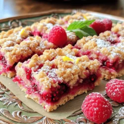 To make Raspberry Lemonade Crumb Bars, you will need: - 1 cup all-purpose flour - 1 cup rolled oats - ½ cup brown sugar - ½ cup granulated sugar - 1 teaspoon baking powder - ½ teaspoon salt - ½ cup unsalted butter, melted - 1 cup fresh raspberries (or frozen, thawed) - 2 tablespoons lemon juice - Zest of 1 lemon - 1 egg - 1 tablespoon cornstarch You can swap some ingredients if needed. Use whole wheat flour for a nuttier flavor. Coconut oil can replace unsalted butter for a dairy-free option. For a lower sugar option, try using honey or maple syrup. If you don't have fresh raspberries, frozen ones work well. Just thaw them before use. You can also use other fruits like blueberries or strawberries. Select raspberries that are plump and firm. Look for bright color, free from mold or squished spots. Smell the berries; they should have a sweet aroma. If you can, buy them from local farmers or markets. This way, you get the freshest and most flavorful berries. Always check the bottom of the container for hidden damage. Remember, fresh raspberries spoil quickly, so use them soon! Start by preheating your oven to 350°F (175°C). This step warms your oven for even baking. Next, grease a 9x9 inch baking pan. You can also line it with parchment paper. This makes it easy to lift the bars out later. In a large bowl, mix the dry ingredients. Combine 1 cup of all-purpose flour, 1 cup of rolled oats, ½ cup of brown sugar, ½ cup of granulated sugar, 1 teaspoon of baking powder, and ½ teaspoon of salt. Stir these well so they blend together. Pour in ½ cup of melted unsalted butter. Mix until it looks crumbly. Take about two-thirds of this mixture and press it into the bottom of the prepared pan. This will be the crust. In another bowl, gently mix 1 cup of fresh raspberries, 2 tablespoons of lemon juice, the zest of 1 lemon, 1 egg, and 1 tablespoon of cornstarch. Be careful not to mash the raspberries too much. You want them whole for texture. Once mixed, spread this raspberry mixture over the crust in the baking pan. Finally, crumble the remaining oat mixture on top of the raspberry layer. This creates a nice topping that will bake to a golden color. Now, place the pan in the preheated oven. Bake for 25 to 30 minutes. Keep an eye on it. The top should turn golden brown, and the raspberries will become bubbly. Once done, remove the pan from the oven. Let it cool in the pan for at least 20 minutes. This helps it set. For the best slicing results, let it cool fully before cutting into bars. To bake perfect Raspberry Lemonade Crumb Bars, follow these steps: - Always preheat the oven to 350°F (175°C). This step ensures even baking. - Grease your baking pan or use parchment paper. It makes removing the bars easy. - Mix dry ingredients well before adding wet ingredients. This helps with an even texture. - Press the crust mixture firmly into the pan. A sturdy base helps hold the filling. - Bake until the top is golden brown and the filling is bubbly. It usually takes 25-30 minutes. Let the bars cool for at least 20 minutes in the pan. This makes slicing easier. For best results, cool fully before cutting. Use a sharp knife for clean slices. - Serve on a nice platter. Dust the top with powdered sugar for a pretty touch. - Add fresh raspberries on top for a burst of color. A sprig of mint also adds flair. You can boost the flavor of your bars in several ways: - Add a teaspoon of vanilla extract to the filling for a warm note. - Mix in some chopped nuts, like almonds or walnuts, for added crunch. - Consider using different fruits. Blueberries or strawberries pair well with lemon. - A pinch of cinnamon in the crust can add a nice warmth. These tweaks can make your bars even more exciting! {{image_2}} You can switch up the raspberries with other fruits. Try blueberries or strawberries for a sweet twist. If you like tart flavors, use blackberries or sour cherries. Each fruit brings its own taste and color. Feel free to mix two or more fruits for added fun. Just keep the amount of fruit the same for the best results. If you need a gluten-free version, substitute regular flour with gluten-free flour. You can also use almond flour or oat flour. Make sure your oats are labeled gluten-free as well. This keeps the texture right while making it safe for those with gluten issues. The taste will still be bright and delicious. To make this recipe vegan, replace the egg with a flaxseed egg. Mix 1 tablespoon of ground flaxseed with 3 tablespoons of water. Let it sit for a few minutes to thicken. For the butter, use coconut oil or a vegan butter substitute. This way, you enjoy the same yummy bars without animal products. The flavor will still shine through! To keep your Raspberry Lemonade Crumb Bars fresh, store them in an airtight container. This method helps prevent them from drying out. If you use parchment paper, place a piece between layers to avoid sticking. You can store these bars at room temperature for up to three days. For longer freshness, refrigerate them for up to a week. If you want to save some for later, freezing works well. Wrap the bars tightly in plastic wrap. Then, place them in a freezer-safe bag or container. This way, they stay fresh for about three months. When you're ready to enjoy them, simply thaw in the fridge overnight. For a warm treat, reheat the bars in the oven. Preheat to 350°F (175°C) and bake for about 10 minutes. You can also microwave a bar for about 15-20 seconds. Serve them warm for a gooey texture. Dust with powdered sugar and add fresh raspberries for a nice touch. Enjoy with a glass of lemonade for a perfect pairing! Yes, you can use frozen raspberries. Just thaw them first. Frozen berries work well in this recipe. They will still taste great and keep the bars juicy. Just be careful when mixing them in. You don’t want to mash them too much. These bars last about 3 to 5 days at room temperature. Keep them in an airtight container. If you want them to last longer, you can store them in the fridge. They can stay fresh for up to a week in the fridge. Yes, you can double this recipe. Use a larger baking pan, like a 9x13 inch pan. Just keep an eye on the baking time. You may need to bake them a bit longer. Check for a golden top and bubbly raspberries to know they are done. Serve these bars on a nice platter. Dust them with powdered sugar for a pretty look. You can also add fresh raspberries or a mint sprig for color. These small touches make the bars stand out. Enjoy them chilled or at room temperature. In this post, we explored how to make Raspberry Lemonade Crumb Bars. You learned about key ingredients, how to use fresh raspberries, and tips for baking. We also discussed variations, storage tips, and your common questions. With the right fresh ingredients and these steps, you can create a tasty treat. Enjoy experimenting with different fruits and share your delicious bars with friends. Happy baking!