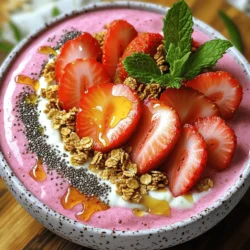 - 2 cups fresh strawberries, hulled and sliced - 1 banana, frozen - ½ cup Greek yogurt (plain or vanilla) - ½ cup almond milk (or any milk of choice) - 2 tablespoons cream cheese, softened - 1 tablespoon honey or maple syrup (to taste) - 1 teaspoon vanilla extract - 1 tablespoon chia seeds To create a tasty Strawberry Cheesecake Smoothie Bowl, you need fresh strawberries. They bring a bright, sweet flavor. You also need a frozen banana. This adds creaminess and a nice chill. Greek yogurt gives it a rich texture, while almond milk helps blend everything smoothly. Cream cheese makes it taste like cheesecake. You can use honey or maple syrup for sweetness. A splash of vanilla extract adds depth to the flavor. Lastly, chia seeds give a nice crunch and boost nutrition. - Sliced strawberries - Granola - Shredded coconut - Nuts or seeds - Fresh mint leaves When serving your smoothie bowl, toppings make it fun! You can add sliced strawberries for freshness. Granola adds a nice crunch. Shredded coconut gives a tropical touch. Nuts or seeds can enhance the texture. Fresh mint leaves bring a pop of color and flavor. These toppings not only make your bowl pretty but also add different tastes and textures. Enjoy creating your own mix! First, you need to prepare the strawberries. Start by hulling them. This means removing the green tops. Then, slice the strawberries into smaller pieces. This makes them easier to blend. Next, grab a banana. Make sure it is frozen. A frozen banana will create a creamy texture for the smoothie. If you forget to freeze it, you can slice a fresh banana and freeze those slices for about an hour. Now, it’s time to blend! In your blender, combine the following main ingredients: - 2 cups fresh strawberries, hulled and sliced - 1 frozen banana - ½ cup Greek yogurt - ½ cup almond milk - 2 tablespoons softened cream cheese - 1 tablespoon honey or maple syrup - 1 teaspoon vanilla extract Blend these ingredients until they are smooth and creamy. If the mixture is too thick, add more almond milk. Just a little at a time until you reach your desired consistency. After blending, stir in 1 tablespoon of chia seeds. This adds a nice texture and nutrition to your bowl. Now, pour the smoothie mixture into a bowl. Use a spoon to smooth the top. Finally, it’s time to decorate! Add your favorite toppings. You can use: - Sliced strawberries - Granola - Shredded coconut - Nuts or seeds If you like, drizzle a little honey or maple syrup on top for extra sweetness. Enjoy your tasty Strawberry Cheesecake Smoothie Bowl! To get the right texture in your smoothie bowl, focus on the almond milk. Start with half a cup. If it's too thick, add more milk a little at a time. Frozen fruits also help make your smoothie creamy. Using a frozen banana gives a nice thickness. You can even freeze your strawberries for extra chill. Make your bowl look great for serving. Use a chilled bowl to keep the smoothie cold and fresh. For garnishing, add sliced strawberries, granola, or shredded coconut. Fresh mint leaves add a nice touch. All these toppings make the bowl colorful and fun to eat. When it comes to sweetness, always taste your mixture first. If you find it is not sweet enough, you can add more honey or maple syrup. If you want alternatives, try agave nectar or stevia. These options can change the flavor while keeping it sweet. Adjust based on your own taste. {{image_2}} You can change the fruit in this smoothie bowl. Try blueberries or raspberries instead of strawberries. These fruits add new tastes and colors. You can also use flavored Greek yogurt. The vanilla or strawberry yogurt will enhance the cheesecake flavor and add creaminess. If you need dairy-free options, swap the cream cheese for a nut-based cheese. Cashew cream or coconut cream works well. For a vegan version, use plant-based yogurt. These swaps keep the flavor rich and creamy without dairy. Add protein powder or nut butter to boost nutrition. Almond butter or peanut butter can bring extra protein and flavor. You can also sneak in superfoods like spinach or kale. These greens add nutrients without changing the taste much, making your smoothie bowl healthier. To keep your strawberry cheesecake smoothie bowl fresh, store it in an airtight container. Place the container in the refrigerator right after serving. This method helps maintain the taste and texture of the bowl. Aim to eat the leftovers within two days for the best flavor. To keep ingredients fresh, store them separately when possible. For example, keep sliced strawberries in a sealed bag. This way, they won’t get mushy. Also, avoid mixing in toppings until you are ready to serve. If you want to save portions for later, freezing is a great option. Pour the smoothie mixture into ice cube trays or freezer-safe containers. Make sure to leave some space for expansion. You can freeze it for up to one month. To thaw and serve later, take the frozen smoothie out of the freezer. Let it sit in the fridge overnight to defrost. If you want a quick option, use a microwave on low for a few seconds. Blend it again to restore the smooth texture before serving. The strawberry cheesecake smoothie bowl stays good in the fridge for about 2 days. After that, the freshness may fade, and it might not taste as great. Always check for any changes in smell or color before enjoying. If you see or smell anything off, it’s best to discard it. A Strawberry Cheesecake Smoothie Bowl combines sweet and creamy flavors. You taste fresh strawberries and creamy cheesecake notes. The texture is thick and smooth, perfect for a bowl. The Greek yogurt adds richness while the banana gives it sweetness. This bowl is like dessert for breakfast! You can enjoy it with a spoon, making it fun and satisfying. Yes, you can prepare this smoothie bowl ahead of time! Blend all the ingredients and pour it into a container. Seal it well and place it in the fridge. It stays fresh for about a day. For best taste, add toppings right before serving. This way, they stay crunchy and fresh! You can easily personalize your smoothie bowl. Here are some ideas: - Swap strawberries for other fruits like bananas or blueberries. - Try different yogurt flavors for a twist. - Add toppings like granola, nuts, or seeds for crunch. - Drizzle honey or maple syrup for extra sweetness. - Add chia seeds for nutrition and texture. Each choice makes it your own creation! You learned how to make a tasty strawberry cheesecake smoothie bowl. We covered the key ingredients, step-by-step instructions, and helpful tips. Variations allow you to mix flavors and meet dietary needs. You can store any extras for later use. Try it out and make it your own. Enjoy a cool, creamy treat that’s both healthy and fun!
