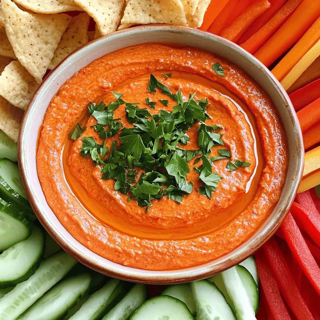 Let’s dive right into the ingredients for Roasted Red Pepper Goat Cheese Dip. This dip is simple and packed with flavor. - 1 cup roasted red peppers, jarred or homemade - 8 oz goat cheese, softened - 1/2 cup cream cheese, softened - 2 tablespoons olive oil - 2 tablespoons lemon juice - 1 garlic clove, minced - 1 teaspoon dried oregano - Salt and black pepper to taste Feel free to explore extra flavors! You can add herbs like basil or thyme for a fresh twist. A pinch of cayenne pepper can add a nice kick, too. Garnishing your dip makes it look great. Use fresh parsley, chopped, for color and taste. You can also sprinkle some paprika for a touch of warmth. This list gives you everything you need for a tasty Roasted Red Pepper Goat Cheese Dip. Each ingredient plays a role in creating a creamy and flavorful experience. Preparation of Roasted Red Peppers If you use jarred roasted red peppers, just drain the extra liquid. This helps keep your dip from getting too watery. If you make roasted peppers at home, let them cool first. You can peel the skin if you want. This step helps make the dip smoother. Softening Cheese To get the best texture, make sure your goat cheese and cream cheese are soft. Take them out of the fridge about 30 minutes before you start. If they are too cold, blending will be harder. Soft cheese blends better and creates a creamy dip. Using a Food Processor Grab your food processor for this step. It makes mixing easy and fast. Add the roasted red peppers, goat cheese, cream cheese, olive oil, lemon juice, and minced garlic into the bowl. This combination gives the dip its rich flavor. Achieving the Right Consistency Blend the mixture until it’s smooth. You might need to scrape down the sides a few times. This ensures everything mixes evenly. If the dip looks too thick, add a little more olive oil or lemon juice. The goal is a creamy, spreadable dip that is not runny. Transfer and Garnish Options Once blended, transfer the dip into a bowl. For a nice touch, sprinkle fresh parsley on top. It adds color and a fresh taste. You can also drizzle a bit of olive oil over the dip for extra flavor. Suggestions for Dippers Serve this dip with fresh vegetables like carrot sticks, cucumber slices, and bell pepper strips. Pita chips are also a great choice. They add a nice crunch. This mix of dippers makes your dip even more fun to enjoy! To make your dip shine, adjust spices and seasonings to your taste. Start with salt and pepper. If you want a kick, add a pinch of cayenne or red pepper flakes. For a fresh touch, try adding a squeeze of lemon juice. This gives the dip a nice zing. You can also swap ingredients to change the flavor. If you do not have goat cheese, cream cheese works well. You can use feta cheese for a different taste. Fresh herbs like basil or chives can add great flavor too. Serving your dip well makes it even more fun to eat. Use a bright bowl to show off the colorful dip. A shallow dish helps people scoop it easily. For dippers, I love to use fresh veggies like carrot sticks, cucumber slices, and bell pepper strips. Pita chips add a perfect crunch. Arrange your dippers around the bowl. This makes a beautiful display for your guests. {{image_2}} You can change the cheese in this dip. Try using feta cheese for a tangy taste. Cream cheese adds a rich texture, but you can swap it with ricotta. This will make the dip lighter. Mixing and matching cheeses can create a new flavor. Want to spice it up? Add fresh herbs like basil or dill. A pinch of cayenne pepper gives it a nice kick. You can also try smoked paprika for a deeper flavor. Experiment with your favorite herbs and spices to make this dip your own. If you need a dairy-free option, use plant-based cheese. There are many brands that taste great. Cashew cream can replace cream cheese, giving a creamy texture. Make sure to check the labels for any hidden dairy. To serve this dip gluten-free, use fresh veggies or gluten-free pita chips. Carrot sticks, cucumber slices, and bell pepper strips work well. These options are colorful and healthy for dipping. Enjoy the flavors without worrying about gluten. To keep your roasted red pepper goat cheese dip fresh, use these tips: - Refrigeration Guidelines: Store the dip in an airtight container. It stays good in the fridge for up to five days. Make sure it is sealed tightly to avoid drying out. Always use a clean spoon to scoop out the dip. - Freezing the Dip: You can freeze this dip for later use. Place it in a freezer-safe container. Leave some space at the top for expansion. It can last up to three months in the freezer. Thaw in the fridge overnight before using. When you want to enjoy leftovers, follow these steps: - Best Practices After Storage: If the dip is cold, let it come to room temperature. This helps restore its creamy texture. You can also gently heat it in the microwave. Start with 15 seconds, then check and stir. - Tips for Maintaining Flavor: If the dip tastes a bit dull after storage, add a squeeze of fresh lemon juice. This brightens the flavors. You can also mix in a bit of fresh parsley right before serving. This adds a nice touch and keeps it vibrant. Roasted Red Pepper Goat Cheese Dip will stay fresh in the fridge for about four days. Store it in an airtight container. Make sure to check for any signs of spoilage before eating. If it looks or smells off, it is best to throw it away. Yes, you can use fresh red peppers! Roast them yourself for a deeper flavor. To do this, cut the peppers in half and remove the seeds. Place them skin-side up on a baking sheet and broil until the skin is charred. Then, let them cool and peel off the skin. This method gives your dip a fresh, vibrant taste. You can serve this dip with a variety of tasty options. Here are some favorites: - Fresh vegetables like carrot sticks, cucumber slices, and bell pepper strips - Pita chips for a crunchy texture - Crackers for a delightful crunch Mix and match for a fun, colorful platter! This dip can fit into several diets. It is vegetarian, which is great for plant-based eaters. However, it contains dairy, so it is not suitable for those who are lactose intolerant or vegan. To make a dairy-free version, try using a plant-based cream cheese and goat cheese substitute. Absolutely! Making this dip in advance is a great idea. Prepare it up to two days ahead of time. Just store it in the fridge in an airtight container. The flavors will meld together and taste even better when you serve it. Just give it a quick stir before serving. This blog post covered making a delicious roasted red pepper goat cheese dip. We explored the main ingredients and how to prepare them. You learned how to blend the dip to the right consistency and serve it with tasty dippers. We also shared tips for flavor, presentation, and variations, including dietary modifications. Finally, we discussed storage and reheating. I hope you feel inspired to try this easy dip. Enjoy sharing it at your next gathering!