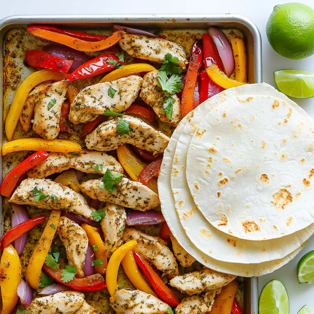 For these tasty sheet pan garlic herb chicken fajitas, you will need: - 1 lb boneless, skinless chicken breasts, sliced into thin strips - 1 red bell pepper, sliced - 1 yellow bell pepper, sliced - 1 red onion, sliced - 4 cloves garlic, minced These fresh ingredients create a colorful and flavorful base for your fajitas. The spices bring out the best flavors. Gather these essential seasonings: - 2 tablespoons olive oil - 1 teaspoon ground cumin - 1 teaspoon smoked paprika - 1 teaspoon dried oregano - 1 teaspoon chili powder - Salt and pepper to taste These spices add depth and warmth to your dish. To make your fajitas even better, consider these optional garnishes: - Fresh cilantro, chopped (for garnish) - Flour tortillas (for serving) You can also add toppings like avocado, sour cream, or salsa. Lime wedges on the side can brighten the flavors. Enjoy a fun, interactive meal as you build your own fajitas! First, set your oven to 425°F (220°C). This high heat helps cook the chicken and veggies quickly. While it heats, slice one pound of boneless, skinless chicken breasts into thin strips. Next, slice one red bell pepper and one yellow bell pepper. Don't forget to slice one red onion too. Then, mince four cloves of garlic. Gather all these ingredients in a large mixing bowl for easy access. In a small bowl, mix together two tablespoons of olive oil, one teaspoon of ground cumin, one teaspoon of smoked paprika, one teaspoon of dried oregano, and one teaspoon of chili powder. Add salt and pepper to your taste. Pour this oil and spice mix over the chicken and sliced vegetables. Toss everything together until the chicken and veggies are well-coated. This step adds great flavor to your dish! Spread the chicken and veggie mix evenly on a baking sheet lined with parchment paper. Make sure they are in a single layer. Place the sheet in the oven and roast for 20-25 minutes. Check that the chicken is cooked through and the veggies are tender. After roasting, take it out and sprinkle fresh chopped cilantro on top. Serve the fajitas warm with flour tortillas. Enjoy the mix of flavors and textures! To cook chicken just right, start with fresh, boneless breasts. Cut them into thin strips. This helps them cook evenly. Aim for a thickness of about half an inch. Use a meat thermometer to check for doneness. The internal temp should reach 165°F (74°C). Roasting at 425°F (220°C) achieves a nice, juicy texture. Make your fajitas pop with flavor. Marinate the chicken for at least 30 minutes. Use olive oil, garlic, and spices for a rich taste. Smoked paprika adds a smoky note. Don't skip the cumin; it gives depth. Toss everything well to coat each piece evenly. This step ensures every bite bursts with flavor. For a fun and colorful meal, think about how you serve. Use warm flour tortillas as a base. Lay out toppings in small bowls. Fresh cilantro, lime wedges, and avocado add flair. This makes it easy for everyone to build their own fajita. A mix of colors on the table creates a feast for the eyes. Enjoy the meal together! {{image_2}} You can easily swap chicken for beef or shrimp. For beef, thinly slice flank steak or sirloin. Marinate it just like the chicken. Cook it for about 15-20 minutes. For shrimp, use large, peeled shrimp. Shrimp cooks faster, so aim for just 10-15 minutes in the oven. Both options bring a new flavor twist to your fajitas. Want a veggie version? Use mushrooms, zucchini, or eggplant. Slice them into bite-sized pieces. Add black beans or chickpeas for protein. Toss them with the same spices for great flavor. For a fresh taste, try adding corn or diced tomatoes. These ingredients keep it colorful and delicious. Feel free to mix up the spices! Try taco seasoning for a zesty kick. You can also use Italian herbs for a different flavor. A dash of lime juice can brighten up the dish. If you like heat, add cayenne pepper to the spice mix. Play around with flavors to find your favorite combination! After enjoying your sheet pan garlic herb chicken fajitas, you might have some leftovers. To store them, let the fajitas cool to room temperature. Then, place them in an airtight container. This keeps the chicken and veggies fresh. Store the container in the fridge. Leftovers will stay good for about 3 to 4 days. If you want to keep your fajitas for longer, freezing is a great option. First, let the dish cool completely. Next, place the chicken and veggies in a freezer-safe bag. Squeeze out as much air as possible before sealing. You can also freeze them in an airtight container. They will last for up to 3 months in the freezer. Just remember to label the bag or container with the date. To reheat your fajitas, you have a few choices. The oven works well. Preheat it to 350°F (175°C). Spread the fajitas on a baking sheet and cover them with foil. Bake for about 15-20 minutes, or until heated through. You can also use the microwave. Place a portion on a microwave-safe plate and cover it. Heat on high for 1-2 minutes, stirring halfway. Always check the temperature to ensure it's hot enough to enjoy. You can keep your chicken fajitas in the fridge for 3 to 4 days. Store them in an airtight container. This keeps the chicken and veggies fresh. The flavors will continue to blend, making them even better the next day! Yes, you can prepare the fajitas ahead of time. Slice the chicken and veggies and mix them with the spices. Store everything in the fridge for up to 24 hours. When you're ready, just spread them on the sheet pan and roast. This makes weeknight dinners a breeze! Toppings can make your fajitas shine! Here are some great options: - Avocado or guacamole - Sour cream - Fresh salsa or pico de gallo - Shredded cheese - Jalapeños for heat - Lime wedges for zest - Chopped cilantro for freshness Feel free to mix and match your favorites! In this guide, we explored key ingredients and easy steps to make delicious fajitas. I shared tips for cooking chicken perfectly and offered fun variations to try. Storing leftovers correctly ensures you can enjoy them later, too. Remember, fajitas are versatile and can suit different tastes. Experiment with your favorite flavors and ingredients. Enjoy every bite!