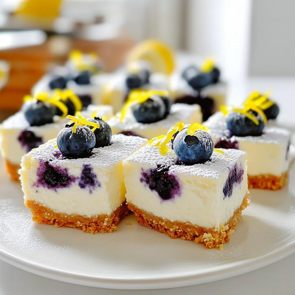 - Key components for the crust - 1 ½ cups graham cracker crumbs - ½ cup unsalted butter, melted - 2 tablespoons sugar - Cream cheese filling essentials - 16 oz cream cheese, softened - 1 cup sugar - 2 large eggs - 1 teaspoon vanilla extract - 2 tablespoons lemon juice - Zest of 1 lemon - Blueberry and lemon additions - 1 ½ cups fresh blueberries - 1 tablespoon cornstarch Each ingredient plays a key role in making these bars amazing. The graham cracker crumbs give a nice crunch. The melted butter helps hold the crust together, while sugar adds sweetness. For the filling, cream cheese is vital for that rich taste. Sugar sweetens, and eggs help bind everything. Vanilla adds depth, while lemon juice and zest bring bright flavor. Blueberries are the star of this dish. They add sweetness and color. The cornstarch helps keep them from sinking. Using fresh ingredients makes a big difference. Choose ripe blueberries for the best taste. Fresh lemon juice and zest will elevate your bars. Enjoy the magic of these flavors! First, let's make the crust. In a medium bowl, mix 1 ½ cups of graham cracker crumbs, ½ cup of melted unsalted butter, and 2 tablespoons of sugar. Stir until everything is well combined. Next, press this mixture firmly into the bottom of your lined 8x8 inch baking dish. Make sure it’s even and packed down well. Bake the crust at 325°F (160°C) for 10 minutes. After baking, let it cool slightly. Now, we’ll work on the cheesecake filling. In a large bowl, beat 16 oz of softened cream cheese with 1 cup of sugar. Mix until smooth and creamy, which takes about 2-3 minutes. Then, add 2 large eggs, one at a time, mixing well after each one. Next, stir in 1 teaspoon of vanilla extract, 2 tablespoons of lemon juice, and the zest of 1 lemon. This adds a bright flavor to our bars! To finish the filling, toss 1 ½ cups of fresh blueberries with 1 tablespoon of cornstarch in a separate bowl. This helps the blueberries stay in place. Gently fold the blueberries into the cream cheese mixture. Pour this mixture over your cooled crust, spreading it evenly. Bake the bars for 35-40 minutes, or until the center is set but still slightly jiggly. After baking, let them cool to room temperature. Once cool, refrigerate for at least 4 hours, or better yet, overnight. This helps the bars set fully. When ready, lift them out using the parchment. Cut into squares and enjoy! For a creamy cheesecake filling, start with softened cream cheese. This helps it blend smoothly. Beat the cream cheese with sugar for about 2-3 minutes until it is soft and fluffy. Add eggs one at a time, mixing well after each addition. This ensures a light texture. The lemon juice and zest also add freshness to the filling. To ensure the crust holds up, mix the graham cracker crumbs with melted butter and sugar. Press this mixture firmly into the baking dish. Bake it for 10 minutes before adding the filling. This helps the crust stay firm and not crumble. One common mistake is overmixing the batter. This can add too much air and make the cheesecake puff up. Mix just until combined. Another mistake is under-baking or over-baking the bars. Bake until the center is set but still slightly jiggly. This keeps the bars creamy and not dry. Check them at 35 minutes, but they may need a few more minutes. For a lovely look, dust the top of the cheesecake bars with powdered sugar. Add a few fresh blueberries on top. A slice of lemon adds a bright touch too. This makes the bars look inviting and fresh. When serving, cut the bars into neat squares. These bars are great for gatherings. Serve them chilled for the best taste. Enjoy! {{image_2}} You can switch blueberries for other fruits to change the taste. Raspberries, strawberries, or peaches work well. Each fruit brings a new flavor and color. You can also add flavors like almond or coconut. A few drops of almond extract can add a nice touch. Coconut can give it a tropical vibe. Just mix these in when you prepare the filling. If you want a lower-sugar version, use less sugar in the filling. You can also swap regular sugar for a sweetener like stevia or monk fruit. For a gluten-free crust, use almond flour or gluten-free graham crackers. They hold up well and taste great. These options make this dessert fit many diets while keeping it delicious. Serve these bars with a dollop of whipped cream or a scoop of ice cream. Both add creaminess and help balance the tartness of the lemon. To drink, pair it with iced tea or lemonade. These drinks enhance the fresh flavors. You can also serve with a light, fruity wine for a special occasion. To store leftovers, wrap the bars tightly in plastic wrap. You can also place them in an airtight container. This helps keep them fresh. The recommended storage duration is up to five days in the fridge. Always check for any signs of spoilage before serving. You can freeze these cheesecake bars both before and after baking. If you freeze them before baking, wrap them well and store them in the freezer for up to three months. When you are ready to bake, thaw them in the fridge overnight before baking. If you freeze them after baking, let them cool completely first. Wrap them tightly and freeze for up to three months. For thawing, place the bars in the fridge overnight. This keeps the texture nice and smooth. Avoid thawing at room temperature, as it can make them soggy. You can use leftover cheesecake bars in fun ways. Try crumbling them over yogurt or ice cream for a tasty treat. You can also mix them into smoothies for a creamy touch. Another idea is to use them in a trifle with layers of whipped cream and fresh fruit. Repurposing leftover cheesecake bars can turn them into new desserts. You can blend them into a cheesecake milkshake or use them to make parfaits. These ideas make your leftovers fun and exciting! Store your cheesecake bars in an airtight container. This keeps them fresh and moist. Place a piece of parchment paper between layers to avoid sticking. You can also wrap them tightly in plastic wrap for extra protection against air. Yes, you can use frozen blueberries. Just make sure to thaw them first. Drain any excess juice to prevent the bars from becoming too watery. Toss the thawed blueberries with cornstarch as in the recipe. This will help keep them suspended in the cheesecake filling. These cheesecake bars last up to one week in the fridge. Keep them in the airtight container to maintain flavor and texture. If you notice any changes in smell or appearance, it’s best to discard them. Absolutely! This recipe is perfect for making ahead. You can prepare these bars one to two days before serving. Just remember to chill them for at least four hours or overnight for the best results. If you need a substitute for cream cheese, try using Greek yogurt or ricotta cheese. For a vegan option, use cashew cream or tofu blended until smooth. Each option will change the flavor slightly, so choose what fits your needs best. In this blog post, we covered how to make delicious Blueberry Lemon Cheesecake Bars. You learned about essential ingredients like the crust, cream cheese filling, and berry additions. I shared step-by-step instructions for preparation, baking, and tips for perfect texture. Variations and storage methods helped you customize your bars. Remember, the key to a great cheesecake is to avoid overmixing and to store leftovers properly. Enjoy your tasty creation and impress friends at any gathering!