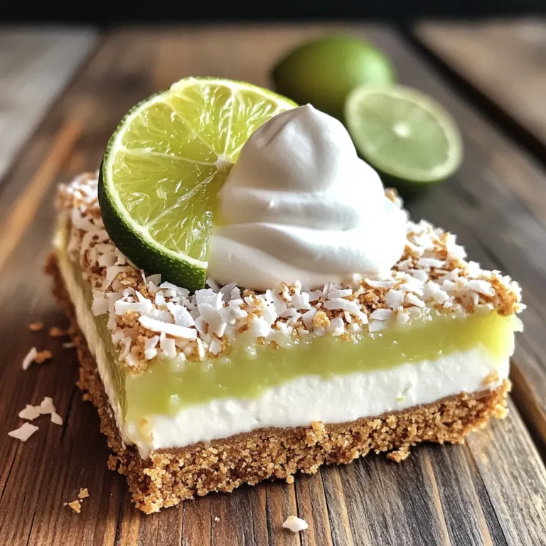 To make these no-bake key lime pie bars, gather the following items: - 1 ½ cups graham cracker crumbs - 1/3 cup unsweetened shredded coconut - 1/4 cup granulated sugar - 1/2 cup unsalted butter, melted - 1 (8 oz) package cream cheese, softened - 1 (14 oz) can sweetened condensed milk - 1/2 cup fresh key lime juice (or regular lime juice) - 1 tablespoon lime zest - Pinch of salt - Whipped cream for topping (optional) - Lime slices for garnish (optional) While the bars taste great on their own, you can make them even prettier. Consider adding: - Whipped cream: A dollop on top adds creaminess. - Lime slices: Fresh slices enhance the look and flavor. If you need to swap ingredients, here are some easy options: - Graham cracker crumbs: Use crushed cookies or digestive biscuits. - Unsweetened shredded coconut: Omit it if you prefer a plain crust. - Cream cheese: Try mascarpone for a different flavor. - Sweetened condensed milk: Use coconut cream for a dairy-free option. - Key lime juice: Regular lime juice works just as well. These substitutions keep the essence of the bars while allowing for some personal twists. Happy cooking! First, grab a mixing bowl. Add 1 ½ cups of graham cracker crumbs, 1/3 cup of unsweetened shredded coconut, and 1/4 cup of granulated sugar. Then pour in 1/2 cup of melted unsalted butter. Stir this mix until everything is well combined. You want the crumbs to stick together nicely. Next, take an 8x8-inch baking dish and grease it lightly. Press the crumb mixture firmly into the bottom of the dish. Use a measuring cup to pack it down evenly. This step is key for a good base. Once done, put the dish in the fridge while you work on the filling. In a clean mixing bowl, beat 1 package of softened cream cheese with an electric mixer until it's smooth. Gradually add in 1 can of sweetened condensed milk, mixing until well combined. This should create a creamy texture. Now, it’s time to add the fun flavors! Pour in 1/2 cup of fresh key lime juice and add 1 tablespoon of lime zest. Don’t forget a pinch of salt to balance the taste! Mix until the filling is smooth and vibrant in color. Take the chilled crust out of the fridge. Pour the key lime filling over the crust. Use a spatula to spread it evenly. Once the filling is smooth, cover the dish with plastic wrap. Place it back in the fridge for at least 4 hours. This helps the bars set properly. When they are firm, remove the bars from the dish, cut them into squares, and serve. For a special touch, top each bar with whipped cream and a slice of lime. Enjoy this easy and tangy delight! To get the best crust, use fresh graham cracker crumbs. You can crush them easily with a rolling pin. Mix the crumbs with shredded coconut, sugar, and melted butter. Make sure it feels moist but not soggy. When you press it down, pack it tightly. This step helps the crust hold its shape when you cut the bars. Start with softened cream cheese for a smooth filling. If it's too cold, it will be lumpy. Beat it well with an electric mixer until creamy. Gradually add sweetened condensed milk while mixing. This method keeps it from clumping. Lastly, add lime juice and zest slowly. This lets all the flavors blend nicely. The key to a great flavor is the right amount of key lime juice. Use fresh juice for a bright taste. If fresh limes are hard to find, regular lime juice will work too. A pinch of salt helps enhance the flavors. Always taste the mixture before you pour it into the crust. Adjust the lime or sweetness if needed. {{image_2}} To make coconut key lime bars, add unsweetened shredded coconut to the crust. This gives the bars a tropical twist. You can mix in about one-third cup of shredded coconut. This extra flavor makes each bite more exciting. It pairs well with the tartness of the key lime filling. You can also turn these into frozen key lime pie bars. After pouring the filling over the crust, freeze the bars instead of chilling them. Allow them to freeze for about four hours. Once set, cut them into squares. These bars are refreshing on hot days and perfect for summer gatherings. Want to boost the flavor? Consider adding some zest! Mix in more lime zest for a stronger lime taste. You can also add a splash of vanilla extract to the filling. This creates a richer flavor profile. Experiment with these enhancements to discover your favorite version of these bars. To keep your no-bake key lime pie bars fresh, store them in the fridge. Use an airtight container or cover the dish with plastic wrap. This helps maintain their creamy texture and tangy flavor. Aim to chill them for at least four hours before serving. This allows the filling to set properly. You can freeze these bars for longer storage. Cut them into squares before freezing. Wrap each square in plastic wrap. Then, place them in a freezer-safe bag. They freeze well and make for a quick treat. Just remember to let them thaw in the fridge before serving. When stored properly, these bars last up to one week in the fridge. If frozen, they can last up to three months. Always check for any changes in texture or smell before eating. Keeping them well-wrapped helps avoid freezer burn. Enjoy the zesty flavor and creamy texture even after some time! Yes, you can use regular limes. The taste will change a bit. Key limes are smaller, tarter, and have a unique flavor. If you use regular limes, your bars will be less tangy. Still, they will taste great. Just make sure to use fresh juice for the best taste. The bars are set when they are firm to the touch. Chill them for at least four hours. You can check by lightly pressing the top. If it feels solid and not jiggly, they are ready. They should also hold their shape when you cut them. Absolutely! These bars are perfect for making ahead. You can prepare them a day or two in advance. Just keep them covered in the fridge. They will stay fresh and tasty. This makes them a great choice for parties or gatherings. We explored key lime bars from start to finish. You learned about ingredients, step-by-step directions, and tips for success. Variations gave you fun ideas to try, like coconut or frozen bars. Storage tips ensured your treats stay fresh longer. Remember, with a few simple steps, you can enjoy these delicious bars anytime. Don't hesitate to experiment with flavors! Enjoy your baking and the smiles it brings.