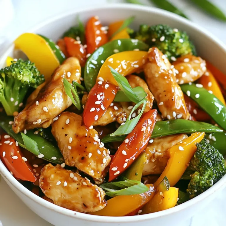 - 1 lb chicken breast, sliced into thin strips - 3 tablespoons honey - 3 tablespoons soy sauce - 2 tablespoons sesame oil - 4 cloves garlic, minced - 1 inch ginger, minced - 1 bell pepper, sliced (any color) - 1 cup broccoli florets - 1 cup snap peas - 1 tablespoon cornstarch - 2 tablespoons water - Salt and pepper to taste - Sesame seeds for garnish - Green onions, sliced for garnish You can swap chicken for tofu or shrimp. If you want a sweeter touch, maple syrup works well instead of honey. For soy sauce, try tamari for a gluten-free option. If you run out of bell pepper, use carrots or zucchini. Broccoli can be replaced with cauliflower, and snap peas can be swapped for green beans. If you need to adjust serving sizes, here’s a quick tip: - For two servings, use ½ lb of chicken. - For six servings, increase the chicken to 1 ½ lbs. - Keep the sauce ratio the same by adjusting honey and soy sauce to 2 tablespoons each for two servings or 4 ½ tablespoons each for six servings. This will help you keep the balance while making a meal that fits your needs. {{ingredient_image_1}} To start, gather your ingredients. You need one pound of chicken breast. Slice it into thin strips. Next, wash and cut your vegetables. Use one bell pepper, one cup of broccoli florets, and one cup of snap peas. Set everything aside. This prep makes cooking quick and easy. Heat two tablespoons of sesame oil in a large pan or wok on medium-high heat. Once hot, add the sliced chicken. Season it with salt and pepper. Cook for about five to seven minutes. You want the chicken browned and fully cooked. Remove the chicken and set it aside on a plate. In the same pan, toss in the bell pepper, broccoli, and snap peas. Stir-fry these for about three to four minutes. You want them tender but still crisp. Now, return the chicken to the pan. Pour your honey, soy sauce, garlic, and ginger mix over the chicken and veggies. Stir well to cover everything in the sauce. Next, you need to thicken the sauce. In a small bowl, mix one tablespoon of cornstarch with two tablespoons of water. Add this slurry to the stir-fry. Keep stirring for one to two minutes until the sauce thickens nicely. For that perfect touch, remove the stir-fry from the heat. Garnish with sesame seeds and sliced green onions. For an appealing look, serve this dish over steamed rice or noodles. This adds color and flavor to your meal. Enjoy your honey garlic chicken stir fry! To get the best stir-fry, heat your pan well. Use a large pan or wok. This helps the chicken cook fast and stay juicy. Cut the chicken into thin strips. This ensures even cooking. Stir the chicken often to prevent it from sticking. When it’s browned, take it out of the pan. Next, add your veggies. Cook them until they are tender but still crisp. This keeps them colorful and fresh. Finally, return the chicken to the pan and add the sauce. Stir everything together quickly for tasty results. For extra flavor, try adding spices. A pinch of red pepper flakes gives a nice kick. You could also use fresh herbs. Basil or cilantro adds a fresh touch. If you want a citrus note, squeeze some lime juice over the stir-fry before serving. It brightens the dish and adds depth. You can also swap honey for maple syrup for a different sweetness. Presentation matters for a great meal. Serve your stir-fry over a bed of rice or noodles. This adds color and texture. Arrange the chicken and veggies neatly on top. Sprinkle sesame seeds and sliced green onions for a vibrant look. A squeeze of lime on top can enhance the dish’s appeal. Use a nice plate to show off your hard work. This makes your meal feel special and inviting. Pro Tips Marinate for Flavor: For even more flavorful chicken, consider marinating the chicken in the honey-soy mixture for at least 30 minutes before cooking. Vegetable Variations: Feel free to add other vegetables like carrots, zucchini, or mushrooms to customize your stir-fry. High Heat for Quick Cooking: Cooking on high heat helps to sear the chicken quickly, keeping it juicy while ensuring the veggies remain crisp. Garnish for Presentation: Don’t skip the sesame seeds and green onions; they not only add flavor but also enhance the visual appeal of the dish. {{image_2}} You can change this dish to fit many diets. For a gluten-free option, use tamari instead of soy sauce. This swap keeps the flavor but removes gluten. If you need a low-carb meal, replace the chicken with tofu or tempeh. These options add protein without the carbs. For a vegetarian version, skip the chicken and use more veggies. Broccoli, bell peppers, and snap peas work great. This stir fry is flexible with its ingredients. Want a different protein? Try shrimp or beef strips. They cook fast and add a unique taste. You can even use chickpeas for a plant-based protein. For veggies, mix in carrots, zucchini, or mushrooms. Each choice adds new flavors and colors to your meal. You can cook this dish in different ways. If you want an oven-baked version, preheat your oven to 400°F. Toss the chicken and veggies with the sauce, then spread them on a baking sheet. Bake for about 20 minutes, stirring halfway through. For a slow cooker option, add all the ingredients into the pot. Cook on low for 4 to 6 hours. Both methods give you great taste with less hands-on time. To store your honey garlic chicken stir fry, let it cool first. Place the leftovers in an airtight container. Make sure to cover it tightly to keep out air. Store it in the fridge. Use it within three days for the best taste. Reheat in a pan or microwave. You can freeze honey garlic chicken stir fry! First, cool it down completely. Then, place it in a freezer-safe container. Make sure to leave some space for expansion. It is best to use it within three months. When you’re ready to eat, thaw it in the fridge overnight. Reheat on the stove or in the microwave. Stir well to heat evenly. In the fridge, your honey garlic chicken stir fry lasts about three days. If frozen, it can stay good for up to three months. Always check for any off smells or changes in texture before eating. Enjoy your meal fresh for the best flavor! You can skip soy sauce by using coconut aminos. It has a similar flavor. Mix honey, minced garlic, and ginger with coconut aminos. This keeps the dish sweet and savory. You can also try using tamari for a gluten-free option. It works well in stir fry. This stir fry pairs well with: - Steamed rice - Noodles - Quinoa - Cauliflower rice Each option adds a nice base for the sauce. You can also add a side salad for extra crunch. Yes, frozen vegetables work great! They are quick and easy to use. Just thaw them slightly before cooking. This helps them heat up evenly. Frozen veggies can save you time and still taste fresh. You can use arrowroot powder or flour as a thickener. Mix one tablespoon with water to create a slurry. Add it to the stir fry while cooking. Cook for a minute to help it thicken. You can also reduce the sauce by cooking it longer over heat. This gives it a richer flavor and thicker texture. In this blog post, I shared a simple guide on making honey garlic chicken stir fry. We explored key ingredients, suggested swaps, and measurements for the perfect serving size. I also included clear steps for preparation and cooking, along with tips to enhance flavor and present the dish beautifully. Finally, I outlined ways to store leftovers and answered common questions. Try this recipe and make it your own! Cooking can be fun and easy with the right tools. Enjoy your delicious meals!