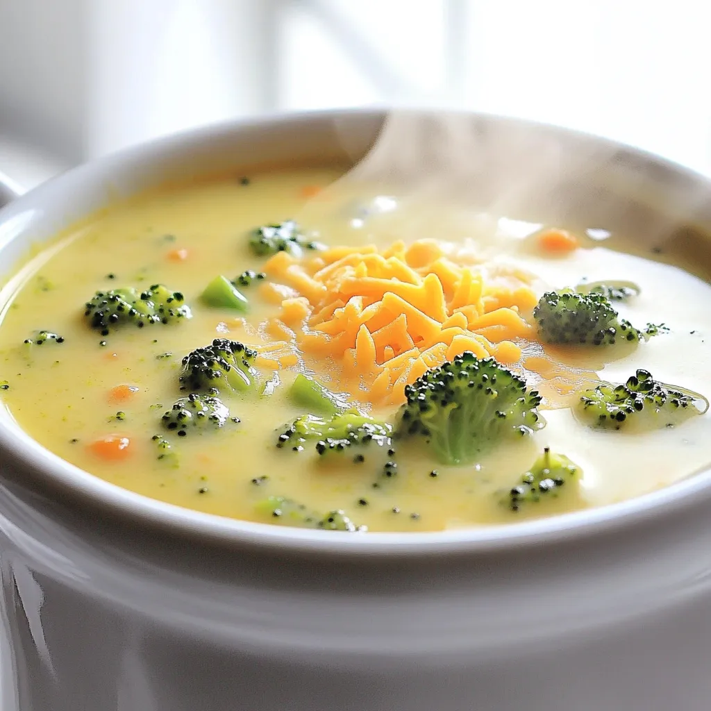 - 4 cups fresh broccoli florets - 1 cup carrots, diced - 1 medium onion, chopped - 3 cloves garlic, minced Fresh ingredients are key to making this soup shine. Broccoli adds color and nutrients, while carrots bring sweetness. Chopped onion gives a nice base flavor, and garlic adds depth. - 4 cups vegetable broth - 1 cup whole milk - 2 cups sharp cheddar cheese, grated - 3 tablespoons unsalted butter - 3 tablespoons all-purpose flour Pantry staples make this dish easy. Vegetable broth forms the soup's base. Whole milk makes it creamy, and sharp cheddar cheese gives a rich taste. Butter and flour help thicken the soup. - 1 teaspoon Dijon mustard - Salt and pepper to taste - Optional: pinch of cayenne pepper for extra heat Seasoning adds layers of flavor. Dijon mustard brightens the taste. Salt and pepper enhance all the flavors. If you like heat, add a pinch of cayenne pepper. This spice can really wake up your soup! 1. Sautéing the onions and garlic Start by melting the butter in a large pot over medium heat. Add the chopped onion. Sauté it for about 4-5 minutes until it becomes soft and clear. Then, stir in the minced garlic. Cook for an extra 1-2 minutes. The garlic should smell nice and fragrant. 2. Creating the roux with butter and flour Next, sprinkle the flour into the pot with the onions and garlic. Use a whisk to mix it all together. This mixture is called a roux. Cook it for about a minute. This step helps to thicken the soup later. 1. Adding broth and vegetables Gradually pour in the vegetable broth while whisking. This helps prevent lumps. Then, add the diced carrots and fresh broccoli florets. Bring the soup to a gentle boil. After that, reduce the heat and let it simmer. Cook for about 15 minutes until the veggies are tender. 2. Blending the soup for desired texture After cooking, remove the pot from the heat. Use an immersion blender to blend the soup. Blend it until smooth. If you like some chunks, blend only half of the soup. This gives you a nice texture. 1. Incorporating milk and cheese Return the pot to low heat. Stir in the whole milk, grated sharp cheddar cheese, and a teaspoon of Dijon mustard. Keep stirring until the cheese melts and the soup looks creamy. 2. Adjusting seasoning to taste Finally, season the soup with salt and pepper. If you want some heat, add a pinch of cayenne pepper. Taste it and adjust the seasoning if needed. Now, your creamy broccoli cheddar soup is ready to enjoy! To get that rich, creamy texture in your soup, you need a roux. A roux is a mix of fat and flour. It helps thicken the soup and gives it a smooth base. Here's how to make it: - Melt the butter in your pot. - Add flour and stir it well. - Cook it for about a minute. For cheese, I suggest using sharp cheddar. It melts well and adds great flavor. You can also mix in some Gruyère for a twist. Both cheeses will bring that creamy goodness you crave. You can easily change the taste of your soup. Try adding different spices. A pinch of smoked paprika can add a nice depth. If you like heat, cayenne pepper works well too. Feel free to swap out the broccoli with other veggies. Cauliflower or spinach can create a fun twist. Just make sure they cook until soft. This soup pairs perfectly with crusty bread. A slice of sourdough or a warm baguette is ideal. You can also sprinkle extra cheese on top before serving for a nice touch. For a pretty presentation, serve the soup in bowls and add fresh herbs. Chopped chives or parsley make it look fresh and inviting. Enjoy your meal with family and friends! {{image_2}} Gluten-free modifications: To make this soup gluten-free, swap out the all-purpose flour. Use cornstarch or arrowroot powder instead. Mix it with a little cold water before adding it to the pot. This helps thicken the soup without any gluten. Vegan alternatives: For a vegan version, replace the whole milk with almond or oat milk. Use nutritional yeast instead of cheddar cheese. This adds a cheesy flavor without dairy. You can also use vegan butter to sauté the onions. Adding spices or herbs for variation: You can spice up your soup by adding a pinch of nutmeg or thyme. These herbs add warmth and depth. If you like heat, cayenne pepper is a great choice. Start with a small pinch, then taste and adjust. Optional ingredients to enhance taste: Consider adding cooked bacon bits for a smoky flavor. You might also stir in some cooked potatoes for extra heartiness. If you want a touch of sweetness, a small amount of honey or maple syrup can balance the flavors. Making a larger batch: If you want more soup, simply double the ingredients. This will give you enough to feed a crowd or have leftovers. Just make sure your pot is big enough to hold everything. Freezing for future meals: Freezing is a great way to save your soup for later. Let the soup cool completely, then pour it into airtight containers. Label them with the date. It will last up to three months in the freezer. When you’re ready to eat, thaw it overnight in the fridge and reheat on the stove. To store leftover soup, let it cool first. Then, pour it into a container. Use a container with a tight lid to keep it fresh. Glass or BPA-free plastic containers work best. Make sure to eat the soup within three to five days for the best taste. For longer storage, you can freeze this soup. Place it in freezer-safe bags or containers. Leave space at the top for expansion. Label the bags with the date. To reheat frozen soup, thaw it overnight in the fridge. Then, warm it on the stove over low heat. Stir often to ensure it heats evenly. If you keep the soup in the fridge, it lasts for about three to five days. In the freezer, it stays good for about two to three months. Signs of spoilage include bad smells, changes in color, or mold. If you notice any of these, throw it away. Always trust your senses! How can I make this soup thicker? You can make this soup thicker by adding more flour. Create a paste with one tablespoon of flour and two tablespoons of water. Stir this mixture into the soup while it cooks. Another option is to blend more of the soup until smooth. Can I substitute the cheddar cheese? Yes, you can substitute the cheddar cheese. Try using Gruyère or mozzarella for a different taste. For a dairy-free option, use a vegan cheese. Make sure it melts well for the best result. How long does the soup last in the fridge? This soup lasts for about three to four days in the fridge. Keep it in an airtight container to help it stay fresh. Always check for any signs of spoilage before eating. Can I freeze creamy broccoli cheddar soup? Yes, you can freeze this soup. Let it cool completely first. Then, pour it into freezer-safe bags or containers. It’s best to use it within three months for the best flavor. Can I use frozen broccoli for this recipe? Absolutely! Frozen broccoli works well in this recipe. Just add it straight to the pot. You may need to cook it a bit longer than fresh broccoli. What is the best way to reheat the soup? The best way to reheat the soup is on the stove. Pour it into a pot and heat it over low heat. Stir often to prevent burning. You can also use the microwave, but stir it every minute for even heating. This blog covered how to make creamy broccoli cheddar soup, from fresh ingredients to storage. You learned essential steps like sautéing, blending, and adding cheese for flavor. I shared tips for creaminess and custom flavor variations. In the end, this soup is delicious and versatile. It’s a great dish to enjoy now or save for later. Try different ingredients to suit your taste. Cooking can be fun and rewarding!