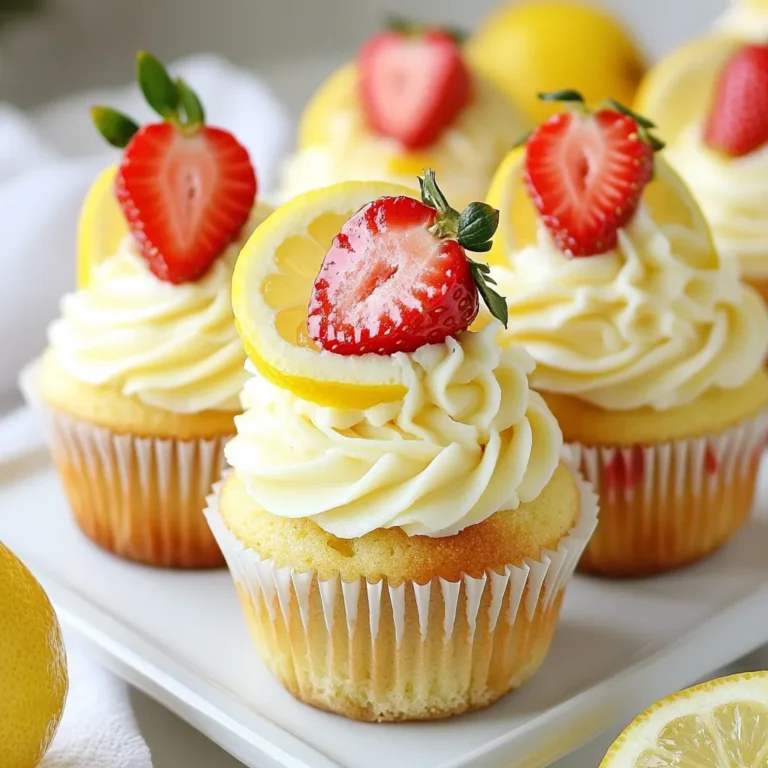 - 1 ½ cups all-purpose flour - ½ cup unsalted butter, softened - 1 cup fresh strawberries, pureed - ¼ cup fresh lemon juice - Zest of 1 lemon - 4 oz cream cheese, softened - 1 cup powdered sugar - 1-2 tablespoons lemon juice - Preheat your oven to 350°F (175°C) and line a cupcake tin with paper liners. - In a medium bowl, whisk together the flour, baking powder, baking soda, and salt. Set it aside. - In a large bowl, cream the softened butter and granulated sugar until fluffy, about 3-4 minutes. - Add in the eggs one at a time. Beat well after each addition. Then stir in the vanilla extract. - Mix in the buttermilk, fresh lemon juice, and lemon zest until well combined. - Gradually add the dry mixture to the wet ingredients. Mix until just incorporated. - Gently fold in the pureed strawberries until they are evenly distributed. - Divide the batter evenly among the cupcake liners, filling each about 2/3 full. - Bake for 18-20 minutes. A toothpick should come out clean when inserted into the center. Let them cool for 5 minutes in the pan. Transfer to a wire rack to cool completely. - In a bowl, beat together the softened cream cheese and butter until smooth. - Gradually add in the powdered sugar and mix until smooth. - Stir in lemon juice to reach your desired taste and texture for the frosting. - Once the cupcakes are cool, frost them generously with the cream cheese frosting. - Optionally, garnish with fresh strawberries and lemon slices for an extra touch. This recipe connects the sweet taste of strawberries with the zesty lemon flavor, perfect for summer. Enjoy each bite! {{ingredient_image_1}} To get the best texture, follow these tips: - Use room temperature ingredients. Eggs and butter mix better when warm. - Don't overmix your batter. Stop mixing as soon as you see no dry flour. - Fill your cupcake liners only 2/3 full. This helps them rise without spilling. Common mistakes to avoid: - Skipping the flour sifting can lead to lumps. Always sift first. - Opening the oven door too soon can cause sinking. Wait until the last few minutes. - Not checking your oven's temperature can ruin your cupcakes. Use an oven thermometer for accuracy. For a smooth frosting, follow this method: - Beat the cream cheese and butter well. Start on low and increase speed gradually. - Sift the powdered sugar before adding. This helps avoid lumps in the frosting. - Add the lemon juice slowly to control the consistency. Start with one tablespoon. To adjust flavors in the cream cheese frosting: - For a more lemony taste, add extra lemon juice. Start with one teaspoon at a time. - If you want a sweeter frosting, add more powdered sugar. One tablespoon at a time helps. - Try mixing in a bit of strawberry puree for extra fruit flavor. Just a tablespoon will do! You can change the flavor of your strawberry lemonade cupcakes easily. Adding other fruits can create a fun mix. Try blueberries or raspberries for a berry blast. You can also add a splash of orange juice for a citrus twist. Another option is to use different extracts. Almond extract can add a nice nutty flavor. Just use a small amount, as it can be strong. If you need gluten-free cupcakes, use a gluten-free flour blend. This can make your cupcakes just as tasty. Make sure to check that all other ingredients are gluten-free too. For vegan adaptations, replace eggs with flax eggs or applesauce. You can also swap the butter for a plant-based butter. Use almond milk instead of buttermilk for a vegan option. These changes keep the cupcakes delicious and friendly for everyone. Pro Tips Use Fresh Strawberries: Fresh strawberries will provide the best flavor and moisture for your cupcakes. Frozen strawberries can be used, but they may alter the texture slightly. Don’t Overmix the Batter: Gently mix the batter just until the ingredients are combined. Overmixing can lead to dense cupcakes. Let Cupcakes Cool Completely: Ensure your cupcakes are completely cool before frosting. This prevents the frosting from melting and losing its shape. Adjust Frosting Consistency: Feel free to adjust the amount of lemon juice in your frosting to achieve your desired sweetness and consistency. {{image_2}} Store your strawberry lemonade cupcakes at room temperature. Place them in a sealed container. They will stay fresh for up to three days this way. If you refrigerate them, the cupcakes can last up to a week. However, they may dry out faster. Freezing is a great way to save cupcakes for later. First, let the cupcakes cool completely. Wrap each cupcake in plastic wrap tightly. Then, place them in a freezer bag or container. They can stay frozen for up to three months. When you are ready to enjoy them, take them out of the freezer. Let them thaw in the fridge overnight. You can also set them at room temperature for a few hours. Frost them after they thaw for the best taste. Can I use frozen strawberries? Yes, you can use frozen strawberries. Just thaw them first. Drain excess liquid to avoid a wet batter. This keeps your cupcakes light and fluffy. How do I make the cupcakes more lemony? Add more lemon juice or extra lemon zest. Start with one more tablespoon of lemon juice. Taste the batter to find your perfect balance. What can I substitute for buttermilk? You can use milk with vinegar or lemon juice. Mix one cup of milk with one tablespoon of vinegar. Let it sit for five minutes to thicken. How do I know when the cupcakes are done baking? Insert a toothpick into the center of a cupcake. If it comes out clean, they are done. The tops should also spring back when lightly touched. Now you have a clear guide to make delicious strawberry lemon cupcakes. You learned about the essential ingredients, methods for mixing, and frosting tips. I shared storage advice to keep your treats fresh. Remember, baking is about practice. Don't fear mistakes – learn from them. Try new flavors and enjoy the process. Your cupcakes will delight friends and family. With each batch, you’ll get better. Happy baking!